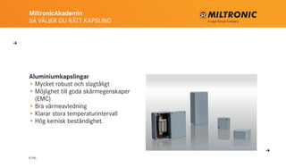 MiltronicAkademin
SÅ VÄLJER DU RÄTT KAPSLING
8 (16)
Aluminiumkapslingar
•	Mycket robust och slagtåligt
•	Möjlighet till goda skärmegenskaper
(EMC)
•	Bra värmeavledning
•	Klarar stora temperaturintervall
•	Hög kemisk beständighet.
U
U
 