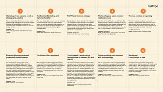 The new context of reporting
The time to gear up on investor
relations is now
The PR and Comms mixtape
The Societal Marketing and
Comms checklist
Workshop: from scenario work to
strategy and practice
This is a session that will introduce you to scenario
thinking through existing work for the Nordic markets.
It includes an interactive part for reflecting the
outcome of some very different futures on your own
strategy and work.
Location: Tori
Hosts: Risto E.J. Penttilä, Katri Makkonen, Varpu
Varpela
What does situational awareness mean for marketers
and communicators? Learn from past cases and
dissect the future as we explore how companies, the
public sector and NGOs can attach themselves to
relevant societal phenomena in inspiring and
responsible ways.
Location: Kirnu
Hosts: Mikko Hakkarainen, Minttu Aarniovuori
Raging pandemic. Green transition. War in Europe.
The rise of disinformation. Brands and companies
have been forced to constantly evaluate how to
position themselves in a changing world. What values
to communicate, which channels to use, how to
collaborate with journalists and what trends to pay
attention to in social media?
Location: Break room
Hosts: Oona Pääskynen, Ilona Haahtela
Just when we thought the dust was settling, another
shocking crisis. In a world of uncertainty and risk, it’s
more important than ever to attract and engage – and
understand that private investors may well be
your new best friend. We give you the why, what, and
how + a story template to put our tips to practice.
Location: Hakaniemi
Hosts: Iris Nevanlinna, Tero Huovinen, and special
guest Tomi Lahti (aka @zijoittaja)
The most impactful annual and sustainability
reporting in history will be conducted in the coming
years. We will discuss key learnings from over 100
reports from the last reporting season and guide you
to begin creating the structures of tomorrow.
Location: Sörnäinen
Hosts: Camilla Linniemi, Johanna Talvela
Workshop:
From insight to idea
Future-proofing your business
with anthropology
Turning west – what are the
opportunities in Sweden, EU and
the US
The Urban Affairs playbook
Embracing human-centered
growth with holistic design
Ever wondered how and why digital native
companies like Google and Zalando lead their
business through customer experience? This is a
relaxed and inspiring dialogue on how embracing a
holistic approach to design generates more value for
your team, customers, and maybe even society.
You’ll walk away with your head full of ideas and your
back pocket filled with practical tools for planning and
measuring your CX goals, embedding a human-
centered culture in your organization, and seizing the
right opportunities for maximum positive human
impact.
Location: Offsite
Hosts: Ulla Koho, Juho Paasonen
What do cities mean when they talk about the 15-
minute city? Future of housing? Energy transition?
Sustainability? And how does it affect your business?
Cities are enablers, collaborators and sometimes
competitors. For businesses they are powerful
platforms – this session is about how to work with
and in cities.
Location: Stage
Hosts: Jan Vapaavuori, Sanna-Mari Jäntti, Pärtel-
Peeter Pere
The Russian market has collapsed, and the West is
waking up to new challenges. If globalization was hit
hard by the pandemic, it’s nothing compared to the
effects of the war in Ukraine. Rising energy prices,
food security concerns, resource dependency and
sanctions are setting the political scene in different
capitals. How has the communications landscape
changed? Are there new solutions to be found in the
west? How to seize the momentum in Sweden, EU
and the U.S.? Miltton’s experts from Stockholm,
Brussels and Washington D.C. give their insights and
advice on how to navigate the new reality and grasp
new opportunities.
Location: Vidi
Hosts: Laura Kyyrö, Kristiina Helenius, Maria
Wetterstrand
How can your business become more meaningful to
people in this rapidly changing world? Anthropology
helps businesses to build resilience and relevance by
focusing on what is intrinsically human. It is an
increasingly important capability and mindset in
creating meaningful strategy, purpose, value, and
marketing.
Location: Front of library
Hosts: Viola Strandberg, Thérèse Cedercreutz
The world needs rapid positive change through
impactful action. But how do you do it? Why do some
brands make it, while others crash and burn in the
process? There are several strategic and creative
things to consider. We will guide you through our
process of finding relevant insights to build impactful
brands and campaigns.
Location: Library
Hosts: Elina Niemistö, Evilda Nikander
1 2 3 4 5
6 7 8 9 10
 