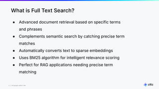 6 | © Copyright 8/16/23 Zilliz
6 | © Copyright 8/16/23 Zilliz
● Advanced document retrieval based on specific terms
and phrases
● Complements semantic search by catching precise term
matches
● Automatically converts text to sparse embeddings
● Uses BM25 algorithm for intelligent relevance scoring
● Perfect for RAG applications needing precise term
matching
What is Full Text Search?
 