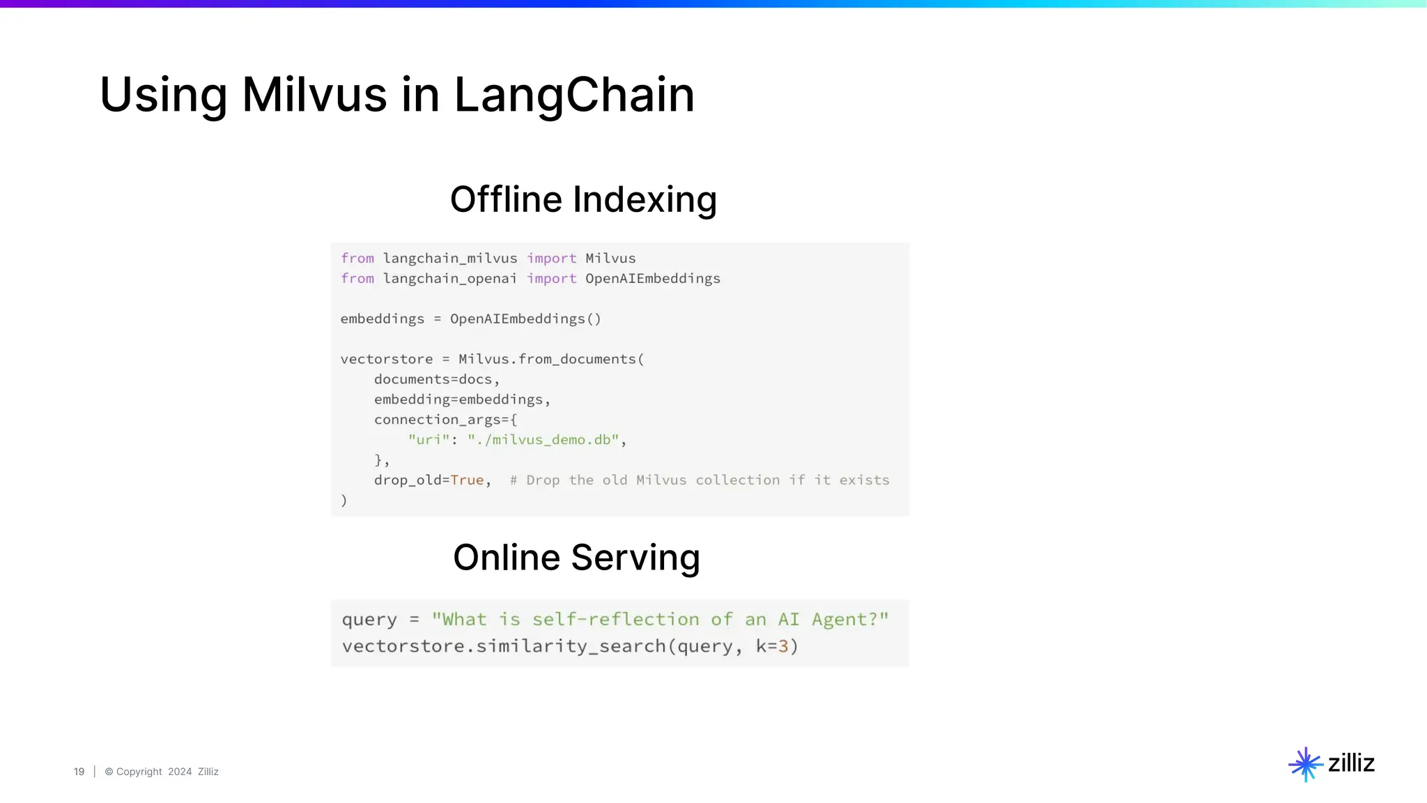 19 | © Copyright 2024 Zilliz
19
Using Milvus in LangChain
Offline Indexing
Online Serving
 