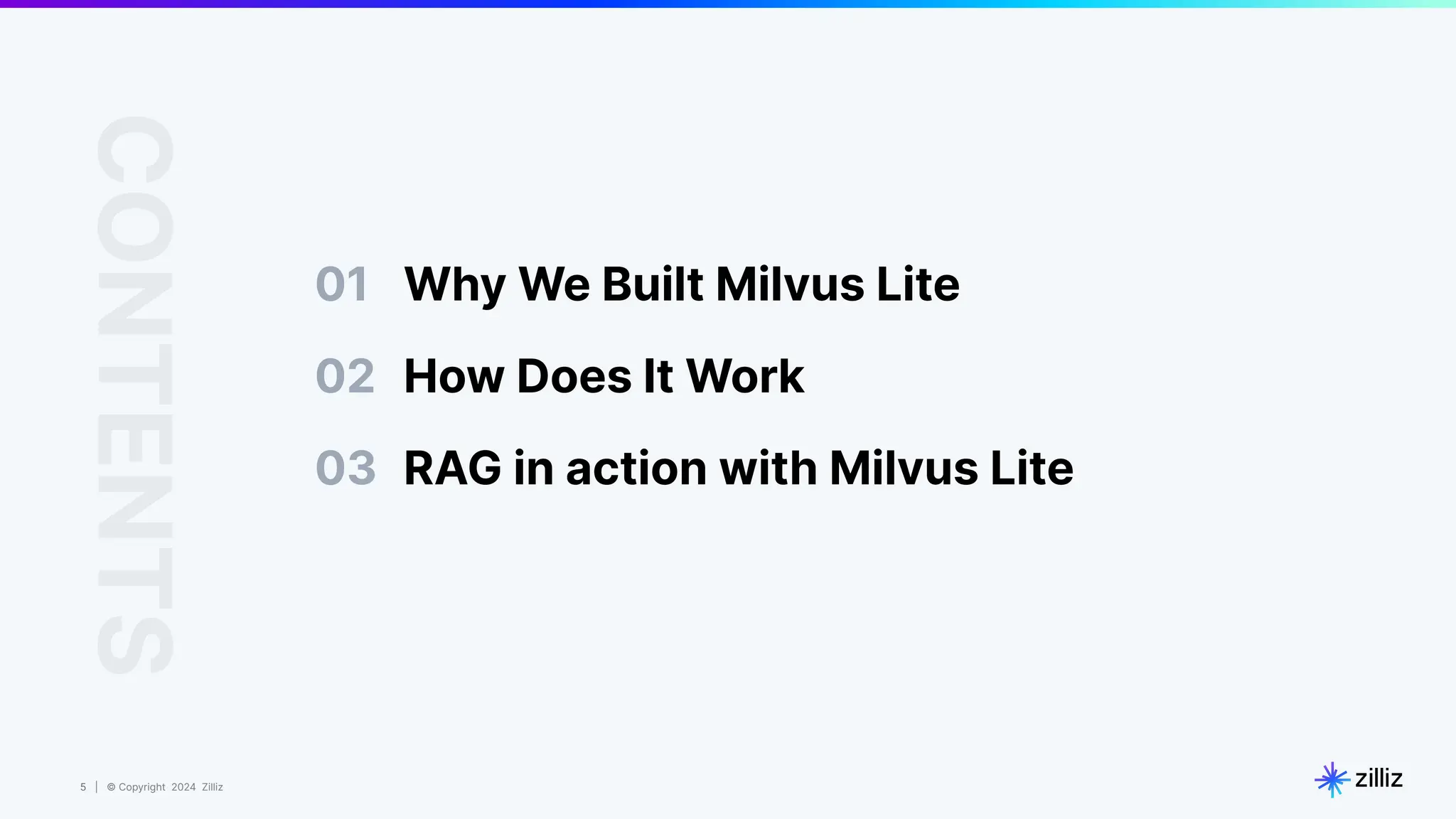 5 | © Copyright 2024 Zilliz
5
01 Why We Built Milvus Lite
CONTENTS
02 How Does It Work
RAG in action with Milvus Lite
03