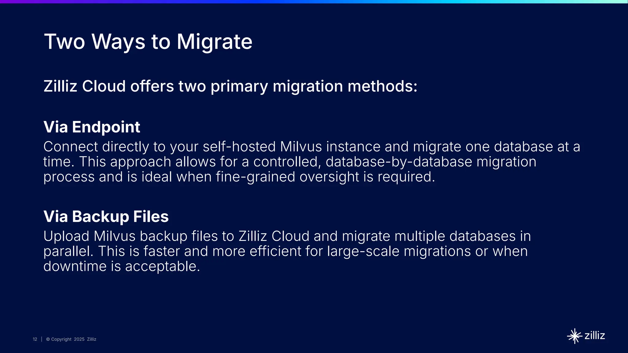 12 | © Copyright 2025 Zilliz
12
12 | © Copyright 2025 Zilliz
Two Ways to Migrate
Zilliz Cloud offers two primary migration methods:
Via Endpoint
Connect directly to your self-hosted Milvus instance and migrate one database at a
time. This approach allows for a controlled, database-by-database migration
process and is ideal when fine-grained oversight is required.
Via Backup Files
Upload Milvus backup files to Zilliz Cloud and migrate multiple databases in
parallel. This is faster and more efficient for large-scale migrations or when
downtime is acceptable.
 