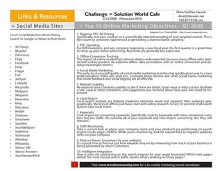 Dana VanDen Heuvel
                                                      Challenge = Solution World Cafe
      Links & Resources                                            2/13/2008 - Milwaukee AMA
                                                                                                                             dana@danavan.net
                                                                                                                             920.819.0742 (m)
 > S o cial M e dia Sites                         > To p 10 O nlin e M ar ke tin g O bj e c ti ves - Q1 20 0 8
                                                                                                       Adapted from OneUpWeb - http://www.oneupweb.com
List of Social Media Sites Worth Visiting       1. Rigorous PPC Ad Testing
                                                Specifically: test your creative on a scientifically selected sampling of your targeted market. This is
Search in Google or Yahoo to find them!         best done by someone experienced at generating a representative sampling.

•	   43 Things                                  2. PPC Spending
                                                For B2B marketers, and any company beginning a new fiscal year, the first quarter is a great time
•	   BlueDot                                    to ramp up paid online advertising. Keywords are generally less expensive.
•	   Del.icio.us                                3. Offline Conversion Tracking
•	   Digg                                       The impact of online marketing is almost always underreported, because many offline sales start-
•	   Facebook                                   ed with online research. Re-examine offline sales promotions with an online connection and de-
                                                velop meaningful metrics.
•	   Flickr
•	   Frappr                                     4. Social Media Marketing
                                                The early, do-it-yourself quality of social media marketing activities has quickly given way to a new
•	   Furl                                       professionalism. Video ads, podcasts, corporate blogs, forums and other social media marketing
•	   JotSpot                                    that invite feedback and social tagging are all effective
•	   LinkedIn                                   5. Website Usability
•	   Ma.gnolia                                  Re-examine your checkout usability to see if there are better, faster ways to help a visitor facilitate
•	   MySpace                                    a sale. Look at other complaints and suggestions you received about how your site could be im-
                                                proved.
•	   Wetpaint
•	   Newsvine                                   6. Local Search
                                                Local search engines are helping marketers eliminate waste and pinpoint their audience geo-
•	   Ning                                       graphically. Many local offline purchases start with online research. In fact, 32 percent of all search
•	   Rdiculous                                  queries have local intent.
•	   Reddit                                     7. Keywords
•	   Shadows                                    Look at your top converting keywords. Specifically, look for keywords with some conversion num-
•	   Shoutwire                                  bers but low traffic. Re-examine all of your keywords and how they’re converting. Are they still
                                                relevant?
•	   Squidoo
•	   StumbleUpon                                8. SERP Monitoring
                                                Take a current look at where your company name and your products are positioning on search
•	   StyleHive                                  engine results pages (SERPS). While you’re monitoring, look for natural links to negative publicity
•	   Technorati                                 items on your company.
•	   WikiHow                                    9. Data on Return Customers (to your website)
•	   Wikipedia                                  It’s a good time to find out just how valuable they are by measuring how much of your business is
•	   Yahoo! 360                                 being generated by return customers.
•	   Yahoo! Answers                             10. Intelligent Integration
•	   YourElevatorPitch                          How is your site positioning on the search engines for your target keywords? Which web pages
                                                deliver the most natural search traffic results; what’s working on those pages?

                                            1              Visit www.trendsontuesday.com for a bi-weekly marketing trends newsletter