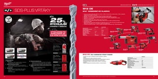 1918
#MILWAUKEETOOL
1.
3.
2.
4.
1918
M12 DE
M12™
ODSÁVÁNÍ KE KLADIVU
ºº Vhodný pro všechny Milwaukee®
SDS-plus kladiva a většinu konkurenčních s krčkem 43mm – 59mm, standardní
vybavení: boční rukojeť, 3 x adapter
ºº Vyčištění 65 děr (průměr: 6 mm, hloubka:50 mm) od prachu na jedno nabití
ºº REDLINK™
ochrana proti přetížení chrání nářadí i akumulátor před extrémním namáháním
ºº Multifunkční - lze použít jako odsávání prachu stejně jako ruční vysavač, připojitelný zleva i zprava
ºº HEPA filtr s účinností 99,7%
ºº Prodloužený doběh 5 sec. zajistí vyčištění všech děr od prachu
ºº Individuální řízení jednotlivých článků optimalizuje odběr při provozu nářadí a prodlužuje životnost
ºº Ukazatel stavu nabití
ºº REDLITHIUM-ION™
akumulátor poskytuje až 2x delší doba chodu, až o 20% více síly, až 2x delší životnost aku,
lepší provoz i při teplotě -20 °C ve srovnání s ostatní technologie Li-Ion
ºº Flexibilní akumulátorový systém - provoz s každým akumulátorem Milwaukee®
M12™
REDLITHIUM-ION™
M12 DE-0C M12 DE-201C
Kapacita aku (Ah) − 2.0
Počet dodávaných akumulátorů 0 1
Dodávána nabíječka − 40 min
Max. průměr vrtáku (mm) 4 - 16 4 - 16
Max. hloubka vrtání 120 120
Hmotnost vč. aku (kg) − 1.7
Dodávany v kufr kufr
Objednací číslo 4933440510 4933440500
M18 BH-402C
4933443330
M12 CH-402C
4933441475
HD18 HX-402C
4933441280
M12 H-402C
4933441164
PH 30 POWER X
4933396420
PLH 20
4933408070
PH 27 X
4933448470
PLH 28 E
4933446790
M12 HV | M12™
KOMPAKTNÍ TYČOVÝ VYSAVAČ
ºº Vynikající sací výkon na odsávání kovového, dřevěného a běžného
odpadu.
ºº Průhledné kontrolní okénko ukazuje stav naplnění
ºº Uzamykatelné spouštěcí tlačítko snižuje únavu při dlouhodobém používání
ºº Bohaté příslušenství pro uklízení malých nebo velkých ploch
ºº Kompaktní provedení umožňuje použití vysavače i ve stísněných
prostorech
ºº Zajištěná nádobka proti náhodnému otevření a rozvíření nečistot
WWW.MILWAUKEETOOL.CZ
VYROBENO V NĚMECKU
Sada 5 vrtáků pro
příklepové vrtání SDS-
Plus.
Ø 5 / 6 x 110 mm i Ø 6 /
8 / 10 x 160 mm.
4932352338
Sada 7 vrtáků pro
příklepové vrtání SDS-
Plus.
Ø 5 / 6 / 8 x 110 mm i Ø
6 / 8 / 10 / 12 x 160 mm.
4932352339
Sada 10 vrtáků pro
příklepové vrtání SDS-
Plus.
Ø 5 / 6 / 6 x 110 mm i Ø
6 / 6 / 8 / 8 / 10 / 12 /
14 x 160 mm.
4932352340
SDS-PLUS VRTÁKY
AŽ O
25%
RYCHLEJŠÍ
OPTIMALIZOVÁNO PRO
AKUMULÁTOROVÉ SDS-
PLUS VRTÁNÍ DO BETONU
1.	 Středicí hrot.
-- Zaručuje přímé vrtání s naprosto přesným nasazením.
Zabraňuje prokluzu na hladkém povrchu.
2.	 Zvýšená odolnost proti armatuře.
-- Zabraňuje vedlejšímu poškození hrotu při nárazu do
armovací tyče. Snižuje riziko zaseknutí vrtáku při úderu do
armovací tyče.
3.	 Výkonné drtiče.
-- 3 offsetové agresivní Power Breaker vrtáky. Zajisťují
“demoliční” efekt a vytvářejí ve vrtném materiálu
mikrotrhliny.
-- O 25% RYCHLEJŠÍ.
4a.	 Šroubovice kuželového tvaru.
-- Kuželová šroubovice zůžující se směrem k břitu zajišťuje
redukci tření a umožňuje rychlejší vrtání. Díky kuželové
geometrii šroubovice je ideální pro akumulátorová kladiva.
4b.	 Zesílená spirála. Masivní spirála zaručuje optimální odvod
prachu.
-- Zesílená spirála (silnější jádro) umožňují:
-- Plný přenos energie na hrot.
-- Nižší vibrace.
-- Výjimečnou odolnost proti zlomení, méně prasklin a
maximální životnost.
CHARAKTERISTIKA
Další technické specifikace včetně údajů o hlučnosti a vibraci viz naši webovou stránku: www.milwaukeetool.cz
M12 HV-0
Kapacita aku (Ah) −
Počet dostupných akumulátorů 0
Nabíječka −
Průtok vzduchu (l / min) 934
Rychlost proudění vzduchu (m za hod.) 56
Max. vakuum (mbar) 31.1
Kapacita tekutý odpad (l) 0.6
Průměr hadice (mm) 22.5
Hmotnost vč. aku (kg) 1.2
Dodávaný v −
Objednací číslo 4933448390
 