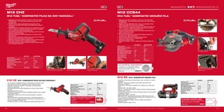 +
+
+
#MILWAUKEETOOL
2120
M12 CHZ
M12 FUEL™
KOMPAKTNÍ PILKA NA KOV HACKZALL™
ºº Milwaukee®
je autorem konstrukce i výrobcem motorů bez uhlíků
POWERSTATE™
- až o 6-krát delší životnost motoru a až o 70%
rychlejší řezání
ºº REDLINK PLUS™
nejmodernější elektronický systém na trhu,
ochrana proti přetížení chrání nářadí i akumulátor před extrémním
namáháním
ºº REDLITHIUM-ION™
akumulátor poskytuje až 2x delší doba chodu, až
o 20% více síly, až 2x delší životnost aku, lepší provoz i při teplotě
-20 °C ve srovnání s ostatní technologie Li-Ion
ºº Individuální řízení jednotlivých článků optimalizuje odběr při provozu
nářadí a prodlužuje životnost
ºº Má patentované upnutí FIXTEC Milwaukee®
pro rychlou výměnu
plátek bez klíče
ºº Mechanismus s protizávažím snižuje vibrace na 6,5 m/s² a umožňuje
bezpečnou dlouhodobou práci s menší únavou
ºº Utěsněná převodovka zabraňuje proniknutí vody a úlomků do pláště
ºº LED světlo osvětluje línii řezu v nejasných prostorách
ºº Kompaktní provedení a nízká hmotnost umožňují uživatelům praco-
vat v omezených prostorách
Ukazatel stavu nabitíVýměna pilového listu bez nářadí. Pro použití v jedné ruce
C12 HZ | M12™
KOMPAKTNÍ PILKA NA KOV HACKZALL™
ºº Vysoce výkonná kompaktní pilka na kov Milwaukee®
, pro použití v jedné
ruce, měřící pouze 280 mm, je ideální pro práci v těsném prostoru
ºº REDLINK™
ochrana proti přetížení chrání nářadí i akumulátor před
extrémním namáháním
ºº Má patentované upnutí FIXTEC Milwaukee®
pro rychlou výměnu plátků
bez klíče
ºº Nízká hladina vibrací 10,5 m/s²
ºº Individuální řízení jednotlivých článků optimalizuje odběr při provozu nářadí
a prodlužuje životnost
ºº Ukazatel stavu nabití a LED světlo-pro pohodlí uživatele v nejasných
prostorách
ºº REDLITHIUM-ION™
akumulátor poskytuje až 2x delší doba chodu, až o
20% více síly, až 2x delší životnost aku, lepší provoz i při teplotě -20 °C ve
srovnání s ostatní technologie Li-Ion
ºº Flexibilní aku systém - provoz s každým akumulátorem Milwaukee®
M12™
SADA 10 KS PILOVÝCH PLÁTKŮ
2 x 49005460, 3 x 49005614, 3 x 49005424, 2 x
49005418.
Objednací číslo 49220220
M12 CCS44
M12 FUEL™
KOMPAKTNÍ OKRUŽNÍ PILA
ºº Milwaukee®
je autorem konstrukce i výrobcem motorů bez uhlíků
POWERSTATE™
- až 2-krát delší životnost motoru, až 2-krát více řezu
na jedno nabití
ºº Inteligentní systém REDLINK PLUS™
ochrana proti přetížení chrání
nářadí i akumulátor před extrémním namáháním
ºº REDLITHIUM-ION™
akumulátor poskytuje až 2x delší doba chodu, až
o 20% více síly, až 2x delší životnost aku, lepší provoz i při teplotě
-20 °C ve srovnání s ostatní technologie Li-Ion
ºº Individuální řízení jednotlivých článků optimalizuje odběr při provozu
nářadí a prodlužuje životnost
ºº Nastavení úkosu až do 50°
ºº Horní a spodní magnéziové kryty poskytují nejlepší trvanlivost ve
své třídě a jsou odolné proti nárazu
ºº Hořčíková pata snižuje hmotnost prodlužuje životnost
ºº Integrovaný odsavač prachu - viditelnost řezu
ºº LED světlo osvětluje línii řezu
ºº Flexibilní aku systém - provoz s každým akumulátorem Milwaukee®
M12™
44 mm hloubka řezu
50° kapacita zkosení
140 X 20 MM 18T PILOVÝ KOTOUČ
18 zubkový nůž s 1,3 mm šířkou záběru (spára) pro
řezání masivního dřeva, dřevotřísky, MDF / vrstveného
dřevotřísky, laťovky, překližky a OSB desky.
Objednací číslo 4932430719
Integrovaný odsavač prachu -
viditelnost řezu
M12 BS | M12™
KOMPAKTNÍ PÁSOVÁ PILA
ºº Kompaktní a lehký design pro řezání jednou rukou, nad hlavou a v úzkých
prostorách
ºº REDLINK™
ochrana proti přetížení chrání nářadí i akumulátor před
extrémním namáháním
ºº Všestrannost - řeže množství materiálů: ocel, nerezová ocel, měď, plast,
hliník
ºº Studené řezání - bez jisker a otřepů
ºº Čistý řez - vyvážené madlo spolu s 8 velkými kuličkovými ložisky poskytují
nejlepší kvalitu v řezání
ºº Individuální řízení jednotlivých článků optimalizuje odběr při provozu nářadí
a prodlužuje životnost
ºº Ukazatel stavu nabití a LED světlo
ºº REDLITHIUM-ION™
akumulátor poskytuje až 2x delší doba chodu, až o
20% více síly, až 2x delší životnost aku, lepší provoz i při teplotě -20 °C ve
srovnání s ostatní technologie Li-Ion
ºº Flexibilní akumulátorový systém - provoz s každým akumulátorem
Milwaukee®
M12™
ºº Dodávané s pilovým pásem 18 Tpi
3-KS SADA PILOVÝCH PÁSŮ
Délka 687,57 mm, 2,5 mm až 8 mm tloušťky materiálu
stěny, 18 zubů na palec, s 1.4 mm roztečí.
Objednací číslo 48390572
C12 HZ-0 C12 HZ-202C
Kapacita aku (Ah) − 2.0
Počet dostupných akumulátorů 0 2
Nabíječka dodávano − 40 min
Počet zdvihů bez zatížení (zd./min) 0 - 3000 0 - 3000
Délka zdvihu (mm) 13 13
Hmotnost vč. aku (kg) − 1.2
Dodávaný v − kufr
Objednací číslo 4933411925 4933441195
M12 CHZ-0 M12 CHZ-402C
Kapacita aku (Ah) − 4.0
Počet dostupných akumulátorů 0 2
Nabíječka dodávano − 80 min
Počet zdvihů bez zatížení (zd./min) 0 - 3000 0 - 3000
Délka zdvihu (mm) 15.9 15.9
Hmotnost vč. aku (kg) − 1.6
Dodávaný v − kufr
Objednací číslo 4933446960 4933446950
M12 BS-0 M12 BS-32C
Kapacita aku (Ah) − 3.0
Počet dostupných akumulátorů 0 2
Nabíječka dodávano − 60 min
Počet otáček bez zatížení (ot./min) 0 - 85 0 - 85
Max. kapacita řezání(mm) 41 x 41 41 x 41
Délka pilového plátku (mm) 687.57 687.57
Hmotnost vč. aku (kg) − 3.2
Dodávaný v − kufr
Objednací číslo 4933431310
M12 CCS44-0 M12 CCS44-402C
Kapacita aku (Ah) − 4.0
Počet dostupných akumulátorů 0 2
Nabíječka dodávano − 80 min
Počet otáček bez zatížení (ot./min) 3600 3600
Max. hloubka řezání při 90˚ (mm) 44 44
Max. hloubka řezání při 45˚ (mm) 33 33
Průměr kotouče (mm) 140 140
Průměr hřídele (mm) 20 20
Hmotnost vč. aku (kg) − 2.7
Dodávaný v − kufr
Objednací číslo 4933448225 4933448235
WWW.MILWAUKEETOOL.CZ
Další technické specifikace včetně údajů o hlučnosti a vibraci viz naši webovou stránku: www.milwaukeetool.cz Další technické specifikace včetně údajů o hlučnosti a vibraci viz naši webovou stránku: www.milwaukeetool.cz
 