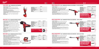 +
+
+
+
#MILWAUKEETOOL
2524
C12 PPC | M12™
KOMPAKTNÍ PEX ŘEZAČKA
ºº Obrovský střižný tlak: 175 kg/cm²
ºº REDLINK™
ochrana proti přetížení chrání nářadí i akumulátor před
extémním namáháním
ºº Výkonný mechanismus: řeže až 50 mm PVC trubky za 3 sekundy
ºº Celokovová převodovka a převody pro největší trvanlivost a maximální
kroutící moment
ºº Regulace otáček ve vypínači, kontrola řezu
ºº Vysoce ostrý plátek, který nezanechává otřepy
ºº Vysoce účinný mechanismus poskytuje přes 200 řezů na jedno nabití
ºº Individuální řízení jednotlivých článků optimalizuje odběr při provozu nářadí
a prodlužuje životnost
ºº Ukazatel stavu nabití a LED světlo-pro pohodlí uživatele v nejasných
prostorách
ºº Flexibilní akumulátorový systém - provoz s každým akumulátorem
Milwaukee®
M12™
M12 CC | M12™
KOMPAKTNÍ ŘEZÁK KABELŮ
ºº Profi kapacita Ø32 mm – výkonný řezák snadno řeže i silné kabely
ºº REDLINK™
ochrana proti přetížení chrání nářadí i akumulátor před
extrémním namáháním
ºº Prodloužená doba chodu umožňuje až 60 řezů Cu kabelu 4 x 35 mm² na
nabití
ºº Kompaktní přední tvar umožňuje přestřihnout kabel i v rozvaděči bez
složité demontáže kabelů
ºº Vynikající kvalita řezu - Milwaukee®
nabízené geometrie nože jsou plochý,
okrouhlý a instalatérský
ºº Automatické uvolnění – umožňuje hned po řezu znovu nasadit a znovu
řezat
ºº Individuální řízení jednotlivých článků optimalizuje odběr při provozu nářadí
a prodlužuje životnost
ºº Ukazatel stavu nabití a LED světlo-pro pohodlí uživatele v nejasných
prostorách
ºº REDLITHIUM-ION™
akumulátor poskytuje až 2x delší doba chodu, až o
20% více síly, až 2x delší životnost aku, lepší provoz i při teplotě -20 °C ve
srovnání s ostatní technologie Li-Ion
ºº Flexibilní akumulátorový systém - provoz s každým akumulátorem
Milwaukee®
M12™
ČELISTI KLEŠTÍ NA KABELY.
Objednací číslo 4932430070
M12 GG | M12™
KOMPAKTNÍ MAZACÍ PISTOLE
ºº Výkonný motor 12 V dodává provozní tlak přes 562 barů
ºº REDLINK™
ochrana proti přetížení chrání nářadí i akumulátor
ºº Nejdelší doba práce na jedno nabití - 7 kartridží
ºº Vynikající vyvážení a ergonomie - délka pouze 355 mm, hmotnost 3,2 kg
ºº Vzduch propouštějící klapka - nejdůležitější mechanismus pro rychlý proud
ºº Integrované místo na uložení hadičky, ramenní popruh, LED ukazatel míry
nabití - zvýšení uživatelského komfortu
ºº Tři způsoby plnění - z velkého balení, kartridže a vysátí schopného balení
ºº Kapacita maziva 400 ml v kartridži, 473 ml z velkého balení
ºº Individuální řízení jednotlivých článků optimalizuje odběr při provozu nářadí
a prodlužuje životnost
ºº Ukazatel stavu nabití a LED světlo
ºº REDLITHIUM-ION™
akumulátor poskytuje až 2x delší doba chodu, až o
20% více síly, až 2x delší životnost aku, lepší provoz i při teplotě -20 °C ve
srovnání s ostatní technologie Li-Ion
ºº Flexibilní aku systém - provoz s každým akumulátorem Milwaukee®
M12™
ºº Standardní vybavení: vysokotlaká ohebná hadička 914 mm x 14,4 mm s
pružným krytem, mazivové táhlo
M12 PCG/310 | M12™
KOMPAKTNÍ PISTOLE NA KARTUŠE – 310 ML KARTRIDŽ
ºº Až 1780 N výtlačné síly
ºº REDLINK™
ochrana proti přetížení chrání nářadí i akumulátor před
extrémním namáháním
ºº Optimalizovaný výkon u všech druhů studených tmelů a lepidel
ºº Anti-odkapávací funkce zabraňuje nežádoucímu odkapávání
ºº Škála 6-ti stupňů rychlosti – zabezpečuje konstantní průtok
ºº Robustní konstrukce pístu zabezpečuje konstantní průtok, znižuje zpětný
ráz a vytlačí všechen tmel z kartuše
ºº Individuální řízení jednotlivých článků optimalizuje odběr při provozu nářadí
a prodlužuje životnost
ºº Ukazatel stavu nabití
ºº REDLITHIUM-ION™
akumulátor poskytuje až 2x delší doba chodu, až o
20% více síly, až 2x delší životnost aku, lepší provoz i při teplotě -20 °C ve
srovnání s ostatní technologie Li-Ion
ºº Flexibilní aku systém - provoz s každým akumulátorem Milwaukee®
M12™
STANDARDNÍ TUBA 310
ML. LZE POUŽÍT VŠECHNY
STANDARDNÍ MĚKKÉ TUBY/
KARTRIDŽE 250 ML A 310 ML.
Součástí je podávací tyč (4932430099) a píst pro
přepravní sestavy a šnekový podavač (44700330).
Objednací číslo 48080900
M12 PCG/400 | M12™
KOMPAKTNÍ PISTOLE NA KARTUŠE – 400 ML VÁLEC
ºº Až 1780 N výtlačné síly
ºº REDLINK™
ochrana proti přetížení chrání nářadí i akumulátor před
extrémním namáháním
ºº Optimalizovaný výkon u všech druhů studených tmelů a lepidel
ºº Anti-odkapávací funkce zabraňuje nežádoucímu odkapávání
ºº Škála 6-ti stupňů rychlosti – zabezpečuje konstantní průtok
ºº Robustní konstrukce pístu zabezpečuje konstantní průtok, znižuje zpětný
ráz a vytlačí všechen tmel z kartuše
ºº Individuální řízení jednotlivých článků optimalizuje odběr při provozu nářadí
a prodlužuje životnost
ºº Ukazatel stavu nabití
ºº REDLITHIUM-ION™
akumulátor poskytuje až 2x delší doba chodu, až o
20% více síly, až 2x delší životnost aku, lepší provoz i při teplotě -20 °C ve
srovnání s ostatní technologie Li-Ion
ºº Flexibilní aku systém - provoz s každým akumulátorem Milwaukee®
M12™
ALU VÁLEC 400 ML NA MĚKKÉ TUBY.
UMOŽŇUJE POUŽITÍ STANDARDNÍCH
BALENÍ MATERIÁLŮ 400 ML V MĚKKÝCH
TUBÁCH (OBSAHUJE 2 KONCOVKY
TUBY). VYŽADUJE PODÁVACÍ TYČ
(48091090) A PÍST (44700375).
Objednací číslo 4932352844
M12 PCG/600 | M12™
KOMPAKTNÍ PISTOLE NA KARTUŠE – 600 ML ALU VÁLEC
ºº Až 1780 N výtlačné síly
ºº REDLINK™
ochrana proti přetížení chrání nářadí i akumulátor před
extrémním namáháním
ºº Optimalizovaný výkon u všech druhů studených tmelů a lepidel
ºº Anti-odkapávací funkce zabraňuje nežádoucímu odkapávání
ºº Škála 6-ti stupňů rychlosti – zabezpečuje konstantní průtok
ºº Robustní konstrukce pístu zabezpečuje konstantní průtok, znižuje zpětný
ráz a vytlačí všechen tmel z kartuše
ºº Individuální řízení jednotlivých článků optimalizuje odběr při provozu nářadí
a prodlužuje životnost
ºº Ukazatel stavu nabití
ºº REDLITHIUM-ION™
akumulátor poskytuje až 2x delší doba chodu, až o
20% více síly, až 2x delší životnost aku, lepší provoz i při teplotě -20 °C ve
srovnání s ostatní technologie Li-Ion
ºº Flexibilní aku systém - provoz s každým akumulátorem Milwaukee®
M12™
ALU VÁLEC 600 ML NA MĚKKÉ TUBY.
UMOŽŇUJE POUŽITÍ STANDARDNÍCH
BALENÍ MATERIÁLŮ 600 ML V MĚKKÝCH
TUBÁCH (OBSAHUJE 2 KONCOVKY
TUBY). VYŽADUJE PODÁVACÍ TYČ
(48091091) A PÍST (44700375).
Objednací číslo 4932352845
M12 GG-0 M12 GG-401B
Kapacita aku (Ah) − 4.0
Počet dostupných akumulátorů 0 1
Nabíječka dodávano − 80 min
Podtlak (bar) 562 562
Hmotnost vč. aku (kg) − 3.2
Dodávaný v − Taška
Objednací číslo 4933440435 4933441675
M12 CC-0 M12 CC-21C
Kapacita aku (Ah) − 1.5
Počet dostupných akumulátorů 0 1
Nabíječka dodávano − 30 min
Max. průměr řezání (mm) 32 32
Řezná síla (kN) 32 32
Nastavení rychlosti 2 2
Hmotnost vč. aku (kg) − 3.0
Dodávaný v − kufr
Objednací číslo 4933431600
C12 PPC-0
Kapacita aku (Ah) −
Počet dostupných akumulátorů 0
Nabíječka dodávano −
Max. kapacita řezání(mm) 50
Počet otáček bez zatížení (ot./min) 0 - 500
Hmotnost vč. aku (kg) 1.9
Dodávaný v −
Objednací číslo 4933416550
M12 PCG/600A-0 M12 PCG/600A-201B
Kapacita aku (Ah) − 2.0
Počet dostupných akumulátorů 0 1
Nabíječka dodávano − 40 min
Max. výtlačná síla (Nm) 1780 1780
Nastavení rychlosti 6 6
Standardní vybavení 600 ml alu válec 600 ml alu válec
Hmotnost vč. aku (kg) − 1.9
Dodávaný v − −
Objednací číslo 4933441786 4933441670
M12 PCG/400A-0 M12 PCG/400A-201B
Kapacita aku (Ah) − 2.0
Počet dostupných akumulátorů 0 1
Nabíječka dodávano − 40 min
Max. výtlačná síla (Nm) 1780 1780
Nastavení rychlosti 6 6
Standardní vybavení 400 ml alu válec 400 ml alu válec
Hmotnost vč. aku (kg) − 1.9
Dodávaný v − −
Objednací číslo 4933441780 4933441665
M12 PCG/310C-0 M12 PCG/310C-201B
Kapacita aku (Ah) − 2.0
Počet dostupných akumulátorů 0 1
Nabíječka dodávano − 40 min
Max. výtlačná síla (Nm) 1780 1780
Nastavení rychlosti 6 6
Standardní vybavení 310 ml držák kardridže 310 ml držák kardridže
Hmotnost vč. aku (kg) − 1.9
Dodávaný v − −
Objednací číslo 4933441783 4933441655
Další technické specifikace včetně údajů o hlučnosti a vibraci viz naši webovou stránku: www.milwaukeetool.czDalší technické specifikace včetně údajů o hlučnosti a vibraci viz naši webovou stránku: www.milwaukeetool.cz
WWW.MILWAUKEETOOL.CZ
 