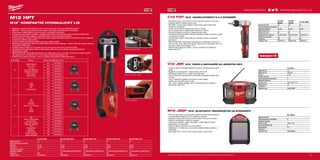 milwaukeetool.eu
#MILWAUKEETOOL
#MILWAUKEETOOL
31
M12 HPT
M12™
KOMPAKTNÍ HYDRAULICKÝ LIS
ºº Nejmenší a nejlehčí hydraulický lis na trhu: hmotnost pouze 1,8 kg pro uživatelský komfort
ºº REDLINK™
ochrana proti přetížení chrání nářadí i akumulátor před extrémním namáháním
ºº Patentované ovládání jednou rukou pro práci v omezených prostorách
ºº Komunikace akumulátoru a nářadí: v případě nízké hladiny nabití lisovací cyklus nezačíná. Kontrola aku-
mulátoru před lisováním zajišťuje, aby každý lisovací cyklus byl úplně dokončen.
ºº Servisní intervaly : moderní elektronický čítač cyklů upozorní uživatele dosáhne-li nářadí intervalu ke kalibraci
ºº 4-stupňový indikátor stavu baterie
ºº Lisovací indikátor: poskytuje vizuální potvrzení o kvalitě spojení
ºº Dlouhodobá spolehlivost: špičková kvalita 40000 cyklů do první kalibrace - nářadí může bez seřízení pracovat
do dosažení 40000 cyklů
ºº Vynikající lisovací výkon až do průměru 35 mm pro kovové a 40 mm pro vrstvené trubek
ºº Individuální řízení jednotlivých článků optimalizuje odběr při provozu nářadí a prodlužuje životnost
ºº Ukazatel stavu nabití
ºº REDLITHIUM-ION™
akumulátor poskytuje až 2x delší doba chodu, až o 20% více síly, až 2x delší životnost
aku, lepší provoz i při teplotě -20 °C ve srovnání s ostatní technologie Li-Ion
ºº Flexibilní akumulátorový systém - provoz s každým akumulátorem Milwaukee®
M12™
Ovládání jednou rukou
Hlava otočná až o 360°
Lisovací indikátor
C12 PXP | M12™
AKUMULÁTOROVÝ Q  E EXPANDÉR
ºº Autorotační hlavy od 12 mm až do 40 mm (6 bar) a až 32 mm (10 bar)
poskytují přesné rozšíření jednou rukou
ºº REDLINK™
ochrana proti přetížení chrání nářadí i akumulátor před
extrémním namáháním
ºº Jedním tahem plynule instaluje Q  E až 4 x rychleji
ºº Kovová převodovka s integrovaným hořčíkovým rámem
ºº Pravoúhlý design pro snadnou instalaci armatur QE
ºº Individuální řízení jednotlivých článků optimalizuje odběr při provozu nářadí
a prodlužuje životnost
ºº Ukazatel stavu nabití a LED světlo-pro pohodlí uživatele v nejasných
prostorách
ºº REDLITHIUM-ION™
akumulátor poskytuje až 2x delší doba chodu, až o
20% více síly, až 2x delší životnost aku, lepší provoz i při teplotě -20 °C ve
srovnání s ostatní technologie Li-Ion
ºº Flexibilní akumulátorový systém - provoz s každým akumulátorem
Milwaukee®
M12™
C12 JSR | M12™
RÁDIO S NAPOJENÍM NA JEDNOTKU MP3
ºº Tuner s moderní technologií zajišťující vysokou přesnost příjmu a jasný
signál
ºº Napájení buď pomocí M12™
baterie nebo z 230 V sítě
ºº Milwaukee®
baterie M12™
vystačí na 8 hodin hraní
ºº Kryt je odolný proti povětrnosti a chrání MP3 přehrávače a další audio
techniku
ºº Tuner s digitálním displejem pro přesnou volbu signálu
ºº Tlačítko pro okamžité vypnutí zvuku
ºº 220 – 240 V napájecí adaptér, 3,5 mm jack konektor pro připojení
přehrávače např. iPod
M12 JSSP | M12™
BLUETOOTH®
REPRODUKTOR NA STAVENIŠTĚ
ºº Pracovní reproduktor na staveniště s pokročilou technologií Bluetooth®
ºº Lze bezdrátově připojit až k 10 m vzdáleným zdrojům
ºº Poskytuje vysoký výkon a jasný zvuk ve všech zvukových režimech
ºº Prémiový reproduktor s basovým vstupem
ºº Odolný proti nárazům, vodě i nečistotám a odpovídajícím drsným
podmínkám na staveništích
ºº Robustní těleso s ochranou kovovou mřížkou
ºº Nabíječka 2,1 A USB, kterou lze použít k nabíjení telefonů, tabletů a
přehrávačů
ºº Akumulátor M12™
4,0 Ah vydrží na jedno nabití až 235 hodin
M12 JSSP-0
Kapacita aku (Ah) −
Počet dostupných akumulátorů 0
Nabíječka dodávano −
Rozměry (mm) 105.5 x 153
Výkon reproduktoru (W) 5
Hmotnost (kg) 0.5
Dodávaný v −
Objednací číslo 4933448380
C12 JSR-0
Napětí (DC) (V) 12
Napětí (AC) (V) 220-240
Typ aku Li-ion
Kapacita aku (Ah) −
Počet dostupných akumulátorů 0
Nabíječka dodávano −
Rozměry (mm) 267 x 102 x 178
Hmotnost (kg) 1.8
Dodávaný v −
Objednací číslo 4933416365
C12 PXP-
I06202C
C12 PXP-
I10202C
C12 PXP-N202C
Kapacita aku (Ah) 2.0 2.0 2.0
Počet dostupných akumulátorů 2 2 2
Nabíječka dodávano 40 min 40 min 40 min
Délka zdvihu (mm) 14 14 14
Rychlost (ot./min) 60 60 60
Obsahuje hlavy / nástavce 16/ 20/ 25 mm 16/ 20/ 25 mm 15/18/22 mm
Hmotnost vč. aku (kg) 1.9 1.9 1.9
Dodávaný v kufr kufr kufr
Objednací číslo 4933441715 4933441730 4933427277
WWW.MILWAUKEETOOL.CZ
Další technické specifikace včetně údajů o hlučnosti a vibraci viz naši webovou stránku: www.milwaukeetool.cz
Profil čelistí Vhodný k Nominální velikost Objednací číslo
M
Geberit: Mapress
VSH: X-Press
Eurotubi
Raccorderie Metallique
Rubinetterie Bresciane
Sanha: Nirosan
Pegler Yorkshire
M12 4932430243
M15 4932430245
M18 4932430247
M22 4932430249
M28 4932430251
M35 4932430253
V
Viega
Comap
IBP
Sanha: Nirosan
V12 4932430260
V15 4932430262
V18 4932430264
V22 4932430266
V28 4932430268
V35 4932430270
TH
ALB
Comap
Frankische
Henco (TH14 - TH25 only)
IPA
Sanha
Tiemme
TH14 4932430274
TH16 4932430276
TH18 4932430278
TH20 4932430280
TH25 4932430282
TH26 4932430283
TH32 4932430285
TH40 4932430287
U
ALB
Uponor: Unipipe, Airpipe
Kan: Kan-therm
Wavin: Press-Systeme
Frankische: Alpex F50
Profi
DW Verbundrohr
Multitubo
IBP:BFlex
KE Kelit: Kelit Kelox
Jupiter: Heizsystem
U14 4932430291
U16 4932430293
U18 4932430295
U20 4932430297
U25 4932430299
U32 4932430301
U40 4932430303
M12 HPT-202C M12 HPT-202C M-KIT M12 HPT-202C V-KIT M12 HPT-202C TH-KIT M12 HPT-202C U-KIT
Kapacita aku (Ah) 2. 0 2.0 2.0 2.0 2.0
Počet dostupných akumulátorů 2 2 2 2 2
Nabíječka 40 min 40 min 40 min 40 min 40 min
Počet cyklů 40,000 40,000 40,000 40,000 40,000
Hmotnost vč. aku (kg) 1.8 1.8 1.8 1.8 1.8
Standardní vybavení - 3 x čelist profilu M (15/22/28 mm) 3 x čelist profilu V (15/22/28 mm) 3 x čelist profilu TH (16/20/32 mm) 3 x čelist profilu U (16/20/25 mm)
Dodávaný v kufr kufr kufr kufr kufr
Objednací číslo 4933443085 4933443095 4933443100 4933443105 4933443110
Nedostopné v ČR
 