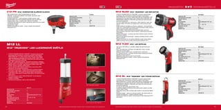 32
#MILWAUKEETOOL
3332
C12 PN | M12™
KOMPAKTNÉ DLAŇOVÉ KLADIVO
ºº Díky profesionalnímu výkonu nastřelí hřebíky až 100 mm
ºº REDLINK™
ochrana proti přetížení chrání nářadí i akumulátor před
extrémním namáháním
ºº Vynikající ergonomie – madlo poskytuje vynikající pohodlí v dlani
ºº Zatluče hřebíky i tam kde se klasickým kladivem nelze rozmáchnout
ºº Zlepšená doba chodu - na jedno nabití 100ks 90 mm hřebíku
ºº Individuální řízení jednotlivých článků optimalizuje odběr při provozu nářadí
a prodlužuje životnost
ºº Ukazatel stavu nabití
ºº Flexibilní akumulátorový systém - provoz s každým akumulátorem
Milwaukee®
M12™
M12 LL
M12™
TRUEVIEW™
LED LUCERNOVÉ SVĚTLO
ºº VYSOCE VÝKONNÉ SVÍTILNY TRUEVIEW™
kombinují nejpokročilejší
technologii LED, víceúčelové konstrukce produktů a akumulátory
REDLITHIUM-ION™
za účelem zajistit našim klíčovým řemeslníkům
vyšší produktivitu po celý jejich pracovní den. Každá svítilna TRUE-
VIEW™
SE PŘIZPŮSOBÍ, FUNGUJE a ODOLÁVÁ, jako žádná jiná svítil-
na aktuálně používaná profesionály
ºº 180° - 360° nastavitelný paprsek - všestranná konstrukce, umožňuje
uživateli vybírat mezi plošným osvětlením a nasměrovaným osvětlením
ºº Nejlepší výkon ve své třídě - bezkonkurenční světelný výkon 400+
lumenů, určený k osvětlení velkých ploch
ºº Vysoce výkonná USB nabíječka nabíjí tablety, smart phony, MP3
přehrávače i jiné elektronické přístroje
ºº Trvanlivost na pracovišti - robustní konstrukce s čočkami odolnými
proti nárazu, které vydrží i v zátěžových podmínkách pracoviště
ºº 4 nastavení světla - 400 lumenů na vysoký výkon a stroboskopické
světlo (100%), 200 lumenů na střední výkon (50%), 40 lumenů na nízký
výkon (10%)
ºº Až 8 hodin provozu s M12™
REDLITHIUM-ION™
4.0 Ah baterií při
nastavení vysokého výkonu
ºº 2 háčky na zavěšení
ºº Ochrana proti rozstřikující vodě ze všech úhlů (IP24)
180° nastavitelný paprsek
360° nastavitelný paprsek
Vysoce výkonná USB nabíječka
M12 SLED | M12™
TRUEVIEW™
LED REFLEKTOR
ºº VYSOCE VÝKONNÉ SVÍTILNY TRUEVIEW™
kombinují nejpokročilejší
technologii LED, víceúčelové konstrukce produktů a akumulátory
REDLITHIUM-ION™
za účelem zajistit našim klíčovým řemeslníkům vyšší
produktivitu po celý jejich pracovní den. Každá svítilna TRUEVIEW™
SE
PŘIZPŮSOBÍ, FUNGUJE a ODOLÁVÁ, jako žádná jiná svítilna aktuálně
používaná profesionály
ºº Až o 35 % delší dosvit než u konkurence – 650m intenzivní a velmi úzký
paprsek světla s 750 lumeny při vysoké úrovni a 350 lumeny při nízké
úrovni
ºº Zvlášť užitečné při identifikaci na dlouhou vzdálenost – kontrola stožárů
vedení sítí / vysokonapěťových kabelů, kontrola dlouhých kanálů, potrubí a
vedení, podzemní práce, práce na mostech
ºº Kovový plášť a nárazuvzdorná čočka z polykarbonátu s gumovou
těsnicí ochranou, která brání vniknutí vlhkosti v nepříznivých pracovních
podmínkách
ºº Reflektor Milwaukee®
– produkuje úzký hlavní světelný svazek se širokým
postranním svazkem
ºº Ergonomická pogumovaná rukojeť – zlepšuje uživatelský komfort a držení
během používání
ºº Pogumovaný stojan 45° pro zacílení světelného svazku nahoru během
delšího používání, když je svítilna vybavena akumulátorem M12™
M12 TLED | M12™
LED SVÍTILNA
ºº 120 Lumen LED světlo je 2 x jasnější a bělejší než běžně používaná
žárovka
ºº M12™
LED elektronika umožňuje 2-krát delší dobu chodu s menším
zahříváním na jedno nabití
ºº Hliníkova hlava je odolná nárazu a pověternostním podmínkam
ºº 90° Výklopná hlava až - umožňuje uživateli snadno nasměrovat světelný
paprsek na pracovní plochu
ºº Magnetický zadní část pro volné ruce při použití
ºº Flexibilní akumulátorový systém - provoz s každým akumulátorem
Milwaukee®
M12™
M12 SL | M12™
TRUEVIEW™
LED TYČOVÁ SVÍTILNA
ºº VYSOCE VÝKONNÉ SVÍTILNY TRUEVIEW™
kombinují nejpokročilejší
technologii LED, víceúčelové konstrukce produktů a akumulátory
REDLITHIUM-ION™
za účelem zajistit našim klíčovým řemeslníkům vyšší
produktivitu po celý jejich pracovní den. Každá svítilna TRUEVIEW™
SE
PŘIZPŮSOBÍ, FUNGUJE a ODOLÁVÁ, jako žádná jiná svítilna aktuálně
používaná profesionály
ºº Tři výkonné LED zdroje poskytují 220 Lumen
ºº Vyměnitelný objektiv umožňuje výměnu poškozeného objektivu namísto
výměny celého svítidla
ºº Nastavitelný kovový hák umožňuje světlo zavěsit ve více polohách během
použití
ºº Kompaktní desgin - vejde se do takových prostor, kam ostatní lampy ne
ºº Volitelné přísluýšenstvo - dostupný přislušný magnet
ºº Flexibilní akumulátorový systém: spolupracuje se všemi Milwaukee®
M12™
akumulátory
M12 LL-0
Kapacita aku (Ah) −
Počet dostupných akumulátorů 0
Nabíječka dodávano −
Systém M12
Aku kompatibilita Všechny Milwaukee® M12™ aku
Typ žárovky LED
Max. světelný výkon (Lumen) 400 / 200 / 40 / 400
Délka světelného paprsku (m) 23
Hmotnost vč. aku (kg) 0.9
Dodávaný v −
Objednací číslo 4932430562
C12 PN-0
Kapacita aku (Ah) −
Počet dostupných akumulátorů 0
Nabíječka dodávano −
Max. počet úderů (ú./min) 2700
Max. rozměr hřebíku (mm) 90
Hmotnost vč. aku (kg) 1.6
Dodávaný v −
Objednací číslo 4933427182
M12 SL-0
Kapacita aku (Ah) −
Počet dostupných akumulátorů 0
Nabíječka dodávano −
Systém M12
Aku kompatibilita Všechny Milwaukee®
M12™
aku
Typ žárovky LED
Max. světelný výkon (Lumen) 220 / - / - / -
Hmotnost vč. aku (kg) 0.5
Dodávaný v −
Objednací číslo 4932430178
M12 TLED-0
Kapacita aku (Ah) −
Počet dostupných akumulátorů 0
Nabíječka dodávano −
Systém M12
Aku kompatibilita Všechny Milwaukee®
M12™
aku
Typ žárovky LED
Max. světelný výkon (Lumen) 120 / - / - / -
Hmotnost vč. aku (kg) 0.5
Dodávaný v −
Objednací číslo 4932430360
M12 SLED-0
Kapacita aku (Ah) −
Počet dostupných akumulátorů 0
Nabíječka dodávano −
Systém M12
Aku kompatibilita Všechny Milwaukee®
M12™
aku
Typ žárovky LED
Max. světelný výkon (Lumen) 750 / - / 350 / 750
Hmotnost vč. aku (kg) 0.8
Dodávaný v Blister
Objednací číslo 4933451261
WWW.MILWAUKEETOOL.CZ
Další technické specifikace včetně údajů o hlučnosti a vibraci viz naši webovou stránku: www.milwaukeetool.czDalší technické specifikace včetně údajů o hlučnosti a vibraci viz naši webovou stránku: www.milwaukeetool.cz
 