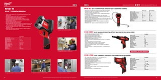 milwaukeetool.eu
#MILWAUKEETOOL
3534
#MILWAUKEETOOL
3534
M12 TI
M12™
TERMOKAMERA
ºº Ostré, vysoké rozlišení 160 x 120 pixelů tepelné obrázky pro lepší
ostrost a jas
ºº Širší teplotní rozsah (-10 až 350 °C) i na další aplikace
ºº Zobrazuje tepelné poměry a vizualizuje je
ºº Kompletní software pro snadnou analýzu záběrů
ºº Vestavěný vizuální fotoaparát s bleskem pro zlepšení analýzy
ºº Žádné rozmazání snímku, žádné čekání na aktualizaci displeje,
obraz 60-krát za sekundu
ºº Robustní madlo pro trvanlivost a komfort
ºº Až 5-krát rychlejší výměna akumulátoru
ºº REDLITHIUM-ION™
akumulátor poskytuje až 2x delší doba chodu, až
o 20% více síly, až 2x delší životnost aku, lepší provoz i při teplotě
-20 °C ve srovnání s ostatní technologie Li-Ion
ºº Flexibilní akumulátorový systém - provoz s každým akumulátorem
Milwaukee®
M12™
ºº Standardní vybavení: termokamera software, 2 GB SD paměťová
karta, USB kabel, čtečka SD karty
Pro diagnostiku problémů s pojistkami
Pro diagnostiku problémů s transformátory
Pro diagnostiku problémů s ovládacími panelyPro diagnostiku problémů s chladicími systémy Pro diagnostiku problémů s motory
M12 IC | M12™
KOMPAKTNÍ M-SPECTOR 360™
INSPEKČNÍ KAMERAM12 IC | M12™
KOMPAKTNÍ M-SPECTOR 360™
INSPEKČNÍ KAMERA
ºº Obrazovka s možností rotace poskytne nerušený obraz pro uživatele
ºº Optimalizované 68,6 mm LCD: digitální zpracování obrazu a větší
obrazovka poskytuje ostrý a jasný obraz
ºº 9 mm 640 x 480 digitální obrazový snímač: vynikající kvalita obrazu v
téměř poloviční velikosti
ºº 4 x LED světlo: ve své třídě nejlepší jas bez stínu nebo oslnění
ºº Vylepšený kabel: hliníková hlava a lepší flexibilita pro bezkonkurenční
životnost a manévrovatelnost sondy
ºº REDLITHIUM-ION™
akumulátor poskytuje až 2x delší doba chodu, až o
20% více síly, až 2x delší životnost aku, lepší provoz i při teplotě -20 °C ve
srovnání s ostatní technologie Li-Ion
ºº Flexibilní akumulátorový systém - provoz s každým akumulátorem
Milwaukee®
M12™
ºº Příslušenství: hák, magnet, a zrcadlo pomáhají kontrolovat a řešit
C12 CMH | M12™
AKUMULÁTOROVÝ KLEŠŤOVÝ MULTIMETR PRO INSTALATÉRY
ºº True-RMS vždy garantuje přesné odčítání hodnot
ºº Vysoce kontrastní, jasně čitelný display
ºº Zabudovaný bezkontaktní detektor napětí
ºº Kategorie přepětí CAT III 1000 V / CAT IV 600 V
ºº Robustní konstrukce pro zvýšenou trvanlivost
ºº Vestavěná LED osvětluje místo práce
ºº Jednoduché rozhraní a nastavení parametrů, speciální pro instalatéry,
topenáře
ºº Ergonomický pistolový tvar pro lehčí použití
ºº Tenké roztažitelné čelisti na měření v úzkých prostorech
ºº Vstup pro termočlánek (pro měření kontaktní teploty)
ºº Flexibilní akumulátorový systém - provoz s každým akumulátorem
Milwaukee®
M12™
ºº Standardní vybavení: 1 x sada měřících kabelů, 1 x termočlánek (dva
banánky)
C12 LTGE | M12™
LASEROVÝ PISTOLOVÝ TEPLOMĚR PRO ELEKTRIKÁŘE
ºº 40:1 poměr měření vzdálenosti (1 cm² ze vzdálenosti 40 m)
ºº Robustní konstrukce pro zvýšenou trvanlivost
ºº Velmi kontrastní, jasně čitelný display
ºº Vestavěná LED osvětluje místo práce
ºº Ergonomický pistolový tvar pro lehčí použití
ºº Jednoduché uživatelské rozhraní
ºº Zobrazuje absolutní teplotu – též zaznamená min/max/průměr teploty při
každém měření
ºº Vyrobený speciálně pro elektrikáře
ºº Přesné měření
ºº Flexibilní akumulátorový systém - provoz s každým akumulátorem
Milwaukee®
M12™
ºº Standardní vybavení: 1 x termočlánek (Typ K)
M12 TI-201C
Kapacita aku (Ah) 2.0
Počet dostupných akumulátorů 1
Nabíječka dodávano 40 min
Teplotní rozsah (°C) -10 - +350
Základní presnost (%) 2
Displej Barevné LCD
Rozměry displeje (mm) 640 x 480
Rozlíšení displeje (pixely) 160 x 120
IP ochranné brýle 54
Hmotnost vč. aku (kg) 1.0
Dodávaný v kufr
Objednací číslo 4933441841
C12 LTGE-0
Kapacita aku (Ah) −
Počet dostupných akumulátorů 0
Nabíječka dodávano −
Teplotní rozsah (°C) -30 - +800
Základní presnost (%) 1.5
Kontaktní teplota (°C) -40 - +550
Přesnost (mm/m) 0,1 °C (1,50%)
Čas reakce (mS) 500
Emisivita 0.10 - 1.00
Hmotnost vč. aku (kg) 0.5
Dodávaný v kufr
Objednací číslo 4933416977
C12 CMH-0
Kapacita aku (Ah) −
Počet dostupných akumulátorů 0
Nabíječka dodávano −
Rozměr čeliste (mm) 40
Proud AC/DC (A) 600
Napětí AC / DC (V) 1000
Odpor (Ω) 600
Prozváněčka akustická
Kapacitní odpor (μF) 4000
Kontaktní teplota (°C) -40 - +400
Hmotnost vč. aku (kg) 0.8
Dodávaný v kufr
Objednací číslo
M12 IC-0 (S) M12 IC-201C (S)
Kapacita aku (Ah) − 2.0
Počet dostupných akumulátorů 0 1
Nabíječka dodávano − 40 min
Rozměry displeje (mm) 68 68
Rozlíšení displeje (pixely) 320 x 240 320 x 240
Průměr hlavy kamery (mm) 9 9
Délka kabelu kamery (mm) 914 914
Hmotnost vč. aku (kg) − 0.6
Dodávaný v − kufr
Objednací číslo 4933431615 4933441680
WWW.MILWAUKEETOOL.CZ
Další technické specifikace včetně údajů o hlučnosti a vibraci viz naši webovou stránku: www.milwaukeetool.czDalší technické specifikace včetně údajů o hlučnosti a vibraci viz naši webovou stránku: www.milwaukeetool.cz
Vyprodáno, už není skladem
 