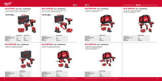 #MILWAUKEETOOL
4342
M12 PP2A | M12 FUEL™
POWERPACK M12 CPP2B | M12™
POWERPACK
ºº M12 CPD - M12 FUEL™
kompaktní 2-rychlostní příklepová vrtačka
ºº M12 CID - M12 FUEL™
kompaktní 1/4˝ hex rázový utahovák
ºº M12 CPD - M12 FUEL™
kompaktní 2-rychlostní příklepová vrtačka
ºº M12 CH - M12 FUEL™
kompaktní SDS-plus kladivo
M12 BPP2C | M12™
POWERPACKM12 BPP2B | M12™
POWERPACK
ºº M12 BDD - M12™
kompaktní vrtačka/šroubovák
ºº C12 HZ - M12™
kompaktní pilka na kov hackzall™
ºº M12 BPD - M12™
kompaktní příklepová vrtačka
ºº M12 BID - M12™
kompaktní rázový utahovák
M12 BPP2D | M12™
POWERPACK M12 BPP3A | M12™
POWERPACK
ºº M12 BDD - M12™
kompaktní vrtačka/šroubovák
ºº C12 MT - M12™
multifunkční nářadí
ºº M12 BDD - M12™
kompaktní vrtačka/šroubovák
ºº M12 BID - M12™
kompaktní rázový utahovák
ºº M12 TLED - M12™
LED svítilna
M12 BPP4A | M12™
POWERPACK
ºº M12 BDD - M12™
kompaktní vrtačka/šroubovák
ºº M12 BID - M12™
kompaktní rázový utahovák
ºº C12 HZ - M12™
hackzall™
pilka na kov
ºº M12 TLED - M12™
LED svítilna
M12 BPP2B-421C
Kapacita aku (Ah) 1 x 2.0  1 x 4.0
Počet dostupných akumulátorů 2
Nabíječka dodávano 80 min
Dodávaný v kufr
Objednací číslo 4933443497
M12 BPP2C-402B
Kapacita aku (Ah) 4.0
Počet dostupných akumulátorů 2
Nabíječka dodávano 80 min
Dodávaný v Taška
Objednací číslo 4933441230
M12 CPP2B-402C
Kapacita aku (Ah) 4.0
Počet dostupných akumulátorů 2
Nabíječka dodávano 80 min
Dodávaný v kufr
Objednací číslo 4933447479
M12 PP2A-202C M12 PP2A-402C
Kapacita aku (Ah) 2.0 4.0
Počet dostupných akumulátorů 2 2
Nabíječka dodávano 40 min 80 min
Dodávaný v kufr kufr
Objednací číslo 4933440900 4933440992
M12 BPP4A-202B
Kapacita aku (Ah) 2.0
Počet dostupných akumulátorů 2
Nabíječka dodávano 40 min
Dodávaný v Taška
Objednací číslo 4933441240
M12 BPP3A-202B
Kapacita aku (Ah) 2.0
Počet dostupných akumulátorů 2
Nabíječka dodávano 40 min
Dodávaný v Taška
Objednací číslo 4933441225
M12 BPP2D-402B
Kapacita aku (Ah) 4.0
Počet dostupných akumulátorů 2
Nabíječka dodávano 80 min
Dodávaný v Taška
Objednací číslo 4933441250
Další technické specifikace včetně údajů o hlučnosti a vibraci viz naši webovou stránku: www.milwaukeetool.czDalší technické specifikace včetně údajů o hlučnosti a vibraci viz naši webovou stránku: www.milwaukeetool.cz
WWW.MILWAUKEETOOL.CZ
 