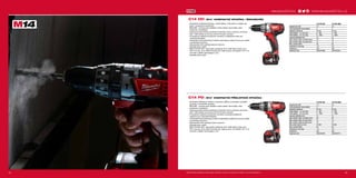45
#MILWAUKEETOOL
4544
C14 DD | M14™
KOMPAKTNÍ VRTAČKA / ŠROUBOVÁK
ºº Kompaktní vrtačka/šroubovák s menší délkou a obvodem, je ideální pro
práci v omezených prostorech
ºº REDLINK™
ochrana proti přetížení chrání nářadí i akumulátor před
extrémním namáháním
ºº Celokovová převodovka poskytuje maximální výkon a dlouhou životnost
ºº 450 / 1600 otáček za minutu a 45 Nm kroutící moment
ºº 23 stupňové nastavení kroutícího momentu a dodatečné vrtání pro
maximální flexibilitu
ºº Individuální řízení jednotlivých článků optimalizuje odběr při provozu nářadí
a prodlužuje životnost
ºº Zabudovaná LED osvětluje pracovní plochu
ºº Ukazatel stavu nabití
ºº REDLITHIUM-ION™
akumulátor poskytuje až 2x delší doba chodu, až o
20% více síly, až 2x delší životnost aku, lepší provoz i při teplotě -20 °C ve
srovnání s ostatní technologie Li-Ion
ºº Ukazatel stavu nabití
C14 PD | M14™
KOMPAKTNÍ PŘÍKLEPOVÁ VRTAČKA
ºº Kompaktní příklepová vrtačka s omezenou délkou a obvodem, je ideální
pro práci v omezeném prostoru
ºº REDLINK™
ochrana proti přetížení chrání nářadí i akumulátor před
extrémním namáháním
ºº Celokovová převodovka poskytuje maximální výkon a dlouhou životnost
ºº 450 / 1600 otáček za minutu a 45 Nm kroutící moment
ºº 23 stupňové nastavení kroutícího momentu umožňuje dodatečné
nastavení pro maximální flexibilitu
ºº Individuální řízení jednotlivých článků optimalizuje odběr při provozu nářadí
a prodlužuje životnost
ºº Zabudovaná LED osvětluje pracovní plochu
ºº Ukazatel stavu nabití
ºº REDLITHIUM-ION™
akumulátor poskytuje až 2x delší doba chodu, až o
20% více síly, až 2x delší životnost aku, lepší provoz i při teplotě -20 °C ve
srovnání s ostatní technologie Li-Ion
C14 PD-22C C14 PD-402C
Kapacita aku (Ah) 1.5 4.0
Počet dostupných akumulátorů 2 2
Nabíječka dodávano 30 min 80 min
Počet otáček - 1.st. (ot./min) 0 - 450 0 - 450
Počet otáček - 2.st. (ot./min) 0 - 1600 0 - 1600
Kapacita sklíčidla (mm) 13 13
Max. průměr vrtání do dřeva (mm) 35 35
Max. průměr vrtání do oceli (mm) 13 13
Max. průměr vrtání do zdiva (mm) 13 13
Max. počet úderů (ú./min) 27,200 27,200
Max. moment (Nm) 45 45
Hmotnost vč. aku (kg) 1.9 2.2
Dodávaný v kufr kufr
Objednací číslo 4933416970 4933443779
C14 DD-22C C14 DD-402C
Kapacita aku (Ah) 1.5 4.0
Počet dostupných akumulátorů 2 2
Nabíječka dodávano 30 min 80 min
Počet otáček - 1.st. (ot./min) 0 - 450 0 - 450
Počet otáček - 2.st. (ot./min) 0 - 1600 0 - 1600
Kapacita sklíčidla (mm) 13 13
Max. průměr vrtání do dřeva (mm) 35 35
Max. průměr vrtání do oceli (mm) 13 13
Max. moment (Nm) 45 45
Hmotnost vč. aku (kg) 1.8 2.0
Dodávaný v kufr kufr
Objednací číslo 4933416990 4933443782
Další technické specifikace včetně údajů o hlučnosti a vibraci viz naši webovou stránku: www.milwaukeetool.cz
WWW.MILWAUKEETOOL.CZ
 