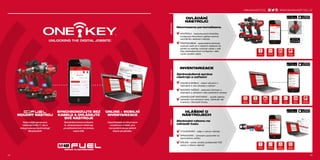milwaukeetool.eu
#MILWAUKEETOOL
48 49
#MILWAUKEETOOL
4948
Nejnovější generace
nástrojů FUEL™, ale s
integrovanou technologií
Bluetooth®
Bezdrátová komunikace
 přizpůsobení nástroje
prostřednictvím Androidu
nebo iOS.
Uspořádejte si informace
na jednom místě, pro
kompletní obraz aktivit
které používáte.
MOUDRÝ NÁSTROJ
SYNCHRONIZUJTE BEZ
KABELŮ A OVLÁDEJTE
SVÉ NÁSTROJE
ONLINE + MOBILNÍ
INVENTARIZACE
Neomezena personalizace.
Zjednodušená správa
nástrojů a zařízení
Sledování výkonu na
základě času
INVENTARIZACE
HLÁŠENÍ O
NÁSTROJECH
OVLÁDÁNÍ
NÁSTROJŮ
BRZOÚNOR2016ÚNOR2016
KONTROLA - bezkonkurenční flexibilita,
konfigurace libovolných aplikací pomocí
optimálního nastavení nástroje.
PŘIZPŮSOBENÍ - opakovatelná přesnost,
možnost uložit až 4 vlastních nastavení do
paměti na nástroje, možnost vybrat z celé
řady přednastavených konfigurací, nebo
rychle vytvářet vlastní.
ONLINE  MOBILE - sdílení záznamů o
nástrojech s více uživately a zařízení
REKORDY NÁŘADÍ - sledování informací o
nástrojech a zařízeních nebo jakéhokoli výrobce.
JEDNODUCHÉ NASTAVENÍ - použití zdarma,
nahrávání více seznamů naraz, nahrávání dat
inventury z Microsoft Excelu.
VYHLEDÁVÁNÍ - údaje o výkonu nástroje
SPRAVOVÁNÍ - zobrazení upozornění na
doporučenou údržbu
SDÍLENÍ - rychle vytvářet profesionální PDF
zprávy o výkonu nástrojů
WWW.MILWAUKEETOOL.CZ
 