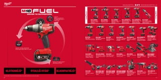 #MILWAUKEETOOL
51
*Ve srovnání s další a / nebo předchozí technologií Milwaukee® Li-Ion akumulátoru. Výsledky závisí na napětí, nářadí a aplikaci
M18 FDD
M18 ONEDD
M18 FUEL™
VRTAČKA/
ŠROUBOVÁK
ONE-KEY™
FUEL™
vrtací šroubovák
M18 FPD
M18 ONEPD
M18 FUEL™
PŘÍKLEPOVÁ VRTAČKA
ONE-KEY™
FUEL™
Vrtací šroubovák s
příklepem
M18 FID
M18 ONEID
M18 FUEL™ 1
⁄4˝
Šestihranný rázový
utahovák
ONE-KEY™
FUEL™
1/4˝
Śestihranný rázový
utahovák
M18 CHIWP12
M18 FUEL™ 1
⁄2˝
rázový utahovák se
západkovým čepem
M18 FIWF12
M18 ONEIWP12 M18 HCCT
M18 FUEL™
1/2˝ Rázový
utahovák s pojistným
kroužkem
ONE-KEY™
FUEL™
1/2˝
Rázový utahovák s
aretačním kolíkem
M18™
FORCE LOGIC™
Hydraulické krimpovací
kleště na kabely
M18 FIWP12
M18 ONEIWF12
M18 FUEL™ 1
⁄2˝ Rázový
utahovák s aretačním
čepem
ONE-KEY™
FUEL™
1/2˝
Rázový utahovák s
pojistným kroužkem
M18 CHIWF12 /
M18 CHIWF34
M18 FUEL™
rázový
utahovák s pojistným
kroužkem
M18 CHPX
M18 FUEL™
kombi
kladivo SDS-plus s
vysokým výkonem
M18-28 CPDEX
M18-28 FUEL™
Heavy
Duty SDS-plus odsavač
prachu
M18 CHX
M18 FUEL™
kombi
kladivo SDS-plus
M18 CDEX
M18 FUEL™
SDS-plus
odsavač prachu
M18 CSX
M18 FUEL™
SAWZALL®
šavlová
pila
M18 CCS55 /
M18 CCS66
M18 FUEL™
okružní
pila
M18 CRAD
M18 FUEL™
pravoúhlá
vrtačka
M18 CAG115X /
M18 CAG125X
M18 FUEL™
úhlová
bruska
M18 CAG115XPD/
M18 CAG125XPD
M18 CAG115XPDB/
M18 CAG125XPDB
M18 FMDP M18 CHM
M18 FRAD /
M18 FRADH
M18 FUEL™
úhlová
bruska
Úhlová bruska M18
FUEL™
Magnetická stojanová
vrtačka M18 FUEL™
s permanentním
magnetem
M18 FUEL™
5kg SDS-
Max Vrtací a bourací
kladivo
M18 FUEL™
SUPER
HAWG®
M18 CBS125
M18 FUEL™
hlubokořezná pásová
pila
NEJVÝKONNĚJŠÍ* NEJKOMPAKTNĚJŠÍ*RYCHLEJŠÍ VRTÁNÍ*
NOVÝ
BEZUHLÍKOVÝ
POWERSTATE™
MOTOR
REDLITHIUM-ION™
AKUMULÁTOR
NOVÝ INTELIGENTNÍ
SYSTÉM REDLINK PLUS™
WWW.MILWAUKEETOOL.CZ
50
 