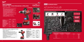 55
MILWAUKEETOOL.EU#MILWAUKEETOOL
5554
M18 ONEPD
ONE-KEY™
FUEL™
VRTACÍ ŠROUBOVÁK S PŘÍKLEPEM
ºº M18 FPD, ale s technologií ONE-KEY™
ºº Propojte se prostřednictvím Bluetooth™
s aplikací Milwaukee®
ONE-
KEY™
ºº Kompletní přizpůsobení nástroje prostřednictvím aplikace ONE-
KEY™
aby jste přizpůsobili nástroj k vašim potřebám
ºº Mějte pod kontrolou otáčky, krouticí moment, počáteční a cílové
otáčky, funkce ochrany proti zpětným rázům a LED
ºº Upravte nastavení podle libovolného použití zvolením optimálních
nastavení nástroje pro opakovatelnou přesnost
ºº Naprogramujte/uložte profily pro bezkonkurenční kontrolu
ºº Vyberte si z řady profilů aplikace nebo si rychle vytvořte vlastní pro
dokonalé výsledky při každém stisknutí spouště
ºº Uložte si až 4 zákaznická nastavení do paměti nástroje pro rychlou
volbu na pracovišti
ºº Aplikace ONE-KEY™
umožňuje také funkci inventarizace pro celko-
vou správu celého vašeho parku nástrojů/zařízení
ºº Vyšší výkon – bezkonkurenční točivý moment 135 Nm
ºº Vyšší otáčky – až 2 000 ot/min
ºº Elektronická spojka s 13 nastaveními krouticího momentu
Kompletní přizpůsobení nástroje pro-
střednictvím aplikace ONE-KEY™
Ukládejte profily pro použití konkrétní
opakovatelné přesnosti
Funkce inventarizace pro celkovou
správu sortimentu
M18 FPD | M18 FUEL™
PŘÍKLEPOVÁ VRTAČKA
ºº Vyšší výkon – bezkonkurenční točivý moment 135 Nm
ºº Vyšší otáčky – až 2 000 ot/min
ºº Menší rozměr – délka jen 197 mm
ºº Milwaukee®
je autorem konstrukce i výrobcem motorů bez uhlíků
POWERSTATE™
- až o 10-krát delší životnost motoru a až o 60% více síly
ºº Nový REDLINK PLUS™
nejmodernější elektronický systém na trhu, ochrana
proti přetížení chrání nářadí i akumulátor před extrémním namáháním
ºº Akumulátor REDLITHIUM-ION™
umožňuje až 2,5× delší dobu provozu, až
o 20 % větší výkon a až 2× delší životnost akumulátoru a funguje lépe při
teplotách blízkých −20 °C než jiné technologie Li-Ion
ºº Individuální řízení jednotlivých článků optimalizuje odběr při provozu nářadí
a prodlužuje životnost
ºº Palivoměr baterie zobrazuje zbývající kapacitu
ºº LED světlo pro osvětlení pracovní plochu
ºº Celokovová reverzibilní spona na opasek - rychlé a snadné zavěšení nářadí
ºº Flexibilní akumulátorový systém - provoz s každým akumulátorem
Milwaukee®
M18™
M18 FPD-0 M18 FPD-502X
Kapacita aku (Ah) − 5.0
Počet dostupných akumulátorů 0 2
Nabíječka dodávano − 59 min
Počet otáček - 1.st. (ot./min) 0 - 550 0 - 550
Počet otáček - 2.st. (ot./min) 0 - 2000 0 - 2000
Kapacita sklíčidla (mm) 13 13
Max. průměr vrtání do dřeva (mm) 45 45
Max. průměr vrtání do oceli (mm) 13 13
Max. průměr vrtání do zdiva (mm) 13 13
Max. počet úderů (ú./min) 0 - 32,000 0 - 32,000
Max. moment (Nm) 135 135
Hmotnost vč. aku (kg) − 2.5
Dodávaný v − Heavy Duty kufr
Objednací číslo 4933451060 4933451061
M18 ONEPD-0 M18 ONEPD-502X
Kapacita aku (Ah) − 5.0
Počet dostupných akumulátorů 0 2
Nabíječka dodávano − 59 min
Počet otáček - 1.st. (ot./min) 0 - 550 0 - 550
Počet otáček - 2.st. (ot./min) 0 - 2000 0 - 2000
Kapacita sklíčidla (mm) 13 13
Max. průměr vrtání do dřeva (mm) 45 45
Max. průměr vrtání do oceli (mm) 13 13
Max. průměr vrtání do zdiva (mm) 13 13
Max. počet úderů (ú./min) 0 - 32,000 0 - 32,000
Max. moment (Nm) 135 135
Hmotnost vč. aku (kg) − 2.5
Dodávaný v − Heavy Duty kufr
Objednací číslo 4933451146 4933451147
OPTIMALIZOVANÉ PRO AKU NÁŘADÍ S VYSOKOU RYCHLOSTÍ
AŽ 4X DELŠÍ
ŽIVOTNOST
VÝKON BEZ-
ZASEKÁVÁNÍ
AŽ 2X RYCHLEJŠÍ
STUPŇOVÉ VRTÁKY
AŽ 2X RYCHLEJŠÍ
JEDEN VRTÁK NA VŔTÁNÍ RŮZNÝCH VELIKOSTÍ DO OCELI A PLASTU S VĚTŠÍ PŘESNOSTÍ A MAXIMÁLNÍ TRVANLIVOSTÍ.
RAPID STRIKE™
ŠPIČKA
RYCHLÝ START VRTÁNÍ 
ZVÝŠENÁ PŘESNOST
2 DRÁŽKY S OSRTÝMI
HRANAMI
PRO 2X RYCHLEJŠÍ VRTÁNÍ
3 STRANY PRO
BEZPEČNÉ UCHYCENÍ
MAXIMÁLNÍ PŘENOS
KROUTÍCÍHO MOMENTU
SPECIÁLNĚ
VYTVOŘENÁ OCEL
POVRCHOVÁ VRSTVA Z ČERNÉHO
OXIDU PRO 4X DELŠÍ ŽIVOTNOST.
NOVÉ
Další technické specifikace včetně údajů o hlučnosti a vibraci viz naši webovou stránku: www.milwaukeetool.cz
Charakteristika produktu Průměr upnutí (mm) Celková délka (mm) Počet kroků Objednací číslo
PG 7 - PG 21 10 68 9 48899321
M 6 - M 32 10 92 13 48899332
4 - 12 mm / 1˝ 6 65 9 48899301
4 - 12 mm / 2˝ 6 65 5 48899302
4 - 20 mm 8 65 9 48899320
6 - 35 mm 10 90 14 48899335
Sada vrtáků (3 ks). Obsahuje vrtáky č. 3, 5, 6. 48899399
 