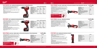 +
+
#MILWAUKEETOOL
6160
M18 BLDD | M18™
KOMPAKTNÍ BEZKOMUTÁTOROVÁ VRTAČKA/ŠROUBOVÁK
ºº Nejkompaktnější vrtačka/šroubovák ve své třídě, délka pouze 174 mm
ºº Bezkomutátorový motor až o 50% účinnější, až s 2x delší životností
ºº Max. kroutící moment: 60 Nm, nejlepší poměr výkon: velikost
ºº REDLINK™
ochrana proti přetížení je součástí nářadí, spolu s baterií
poskytuje nejlepší výdrž ve své třídě
ºº Celokovová převodovka a 13 mm celokovové sklíčidlo pro rychlou výměnu
bitů
ºº Optimalizovaná rychlost pro rychlejší vrtání a upevnění (0 - 450 / 0 - 1800
ot./min)
ºº Ukazatel stavu nabití a LED světlo
ºº Kontrola jednotlivých článků pro optimalizaci provozu nářadí a trvanlivost
ºº Flexibilní akumulátorový systém - provoz se všemi akumulátory řady
Milwaukee®
M18™
M18 BDD | M18™
KOMPAKTNÍ VRTAČKA/ŠROUBOVÁK
ºº Kompaktní vrtačka / šroubovák měří na délku pouze 185 mm a je ideální
pro použití v omezených prostorech
ºº Vysoce výkonný 4-pólový motor Milwaukee®
nabízí maximální výkon tím,
že zvyšuje poměr sily a hmotnosti
ºº REDLINK™
ochrana proti přetížení chrání nářadí i akumulátor před
extrémním namáháním
ºº Celokovová převodovka poskytuje maximální výkon a dlouhou životnost
ºº 13 mm kovové sklíčidlo
ºº 17 stupňové nastavení kroutícího momentu nabízí maximální flexibilitu
ºº Individuální řízení jednotlivých článků optimalizuje odběr při provozu nářadí
a prodlužuje životnost
ºº Ukazatel stavu nabití
ºº LED světlo pro osvětlení pracovní plochu
ºº REDLITHIUM-ION™
akumulátor poskytuje až 2x delší doba chodu, až o
20% více síly, až 2x delší životnost aku, lepší provoz i při teplotě -20 °C ve
srovnání s ostatní technologie Li-Ion
ºº Flexibilní akumulátorový systém - provoz s každým akumulátorem
Milwaukee®
M18™
M18 FRAD | M18 FUEL™
SUPER HAWG®
2-RYCHLOSTNÍ PRAVOÚHLÝ VRTACÍ ŠROUBOVÁK
ºº Bezuhlíkový motor POWERSTATE™
zajišťuje konstantní výkon při zatížení
pro vrtání 152mm otvorů
ºº Nový REDLINK PLUS™
nejmodernější elektronický systém na trhu, ochrana
proti přetížení chrání nářadí i akumulátor před extrémním namáháním
ºº REDLITHIUM-ION™
akumulátor poskytuje až 2,5x delší doba chodu, až o
20% více síly, až 2x delší životnost aku, lepší provoz i při teplotě -20 °C ve
srovnání s ostatní technologie Li-Ion
ºº Mimořádně dlouhá doba chodu, zvládne až 75 otvorů se spirálovým
vrtákem 65 mm do dřeva
ºº Mechanická spojka chrání nástroj v případě zastavení
ºº Celokovová skříň převodovky a 13mm sklíčidlo s ozubeným věncem pro
vysokou odolnost
ºº Ukazatel stavu nabití a LED světlo
7 KS BIG HAWG SET
BIGHAWG ™
řezačka: 54, 65, 92 mm. Korunka s
pilotním vrtákem, 2x další pilotních vrták, diamantem
vystláno, imbusový klíč.
Objednací číslo 49569075
M18 FRADH | M18 FUEL™
SUPER HAWG®
2-RYCHLOSTNÍ PRAVOÚHLÝ VRTACÍ ŠROUBOVÁK S QUIK-LOK™
ºº Bezuhlíkový motor POWERSTATE™
zajišťuje konstantní výkon při zatížení
pro vrtání 152mm otvorů
ºº Nový REDLINK PLUS™
nejmodernější elektronický systém na trhu, ochrana
proti přetížení chrání nářadí i akumulátor před extrémním namáháním
ºº REDLITHIUM-ION™
akumulátor poskytuje až 2,5x delší doba chodu, až o
20% více síly, až 2x delší životnost aku, lepší provoz i při teplotě -20 °C ve
srovnání s ostatní technologie Li-Ion
ºº Mimořádně dlouhá doba chodu, zvládne až 75 otvorů se spirálovým
vrtákem 65 mm do dřeva
ºº Mechanická spojka chrání nástroj v případě zastavení
ºº Celokovová skříň převodovky a sklíčidlo 7/16˝ Quick Lock™
pro vysokou
odolnost
ºº Ukazatel stavu nabití a LED světlo
ºº Flexibilní aku systém - provoz s každým akumulátorem Milwaukee®
M18™
SADA SWITCHBLADE™
5 KS.
Objednací číslo 49225100
M18 CRAD | M18 FUEL™
PRAVOÚHLÁ VRTAČKA
ºº Má výkon jaké síťové nářadí rychlost 1200 ot./min. při vrtání do dřeva
ºº Milwaukee®
je autorem konstrukce i výrobcem motorů bez uhlíků
POWERSTATE™
- až 10-krát delší životnost motoru, až 25% více síly
ºº REDLINK PLUS™
nejmodernější elektronický systém na trhu, ochrana proti
přetížení chrání nářadí i akumulátor před extrémním namáháním
ºº Celokovová převodovka a 13 mm sklíčidlo
ºº Extrémně dlouhá doba provozu, až 150 otvorů, s 22 mm vrtákovou
korunkou při vrtání do dřeva 50 x 100 mm
ºº Až o 10% lehčí a menší než špičkové konkurenční síťové nářadí
ºº Ukazatel stavu nabití a LED světlo
ºº Flexibilní akumulátorový systém - provoz s každým akumulátorem
Milwaukee®
M18™
C18 RAD | M18™
KOMPAKTNÍ PRAVOÚHLÁ VRTAČKA
ºº Optimalizovaný výkon: 1500 otáček za minutu na 20 Nm
ºº REDLINK™
ochrana proti přetížení chrání nářadí i akumulátor před
extrémním namáháním
ºº Vysoké otácky pro univerzální použití
ºº 10 mm jednodílné sklíčidlo poskytuje maximální všestrannost
ºº 100 mm kompaktní hlava navržená tak, aby se náradí vešlo i do nejuzších
míst
ºº Rukojet může být stavitelná do různých poloh pro maximální pohodlí
ºº 10 + 1 stupeň elektronické spojky umožnuje úplnou kontrolu přesnosti
utažení
ºº Individuální řízení jednotlivých článků optimalizuje odběr při provozu nářadí
a prodlužuje životnost
ºº Ukazatel stavu nabití
ºº Zabudované LED světlo osvětluje pracovní plochu
ºº REDLITHIUM-ION™
akumulátor poskytuje až 2x delší doba chodu, až o
20% více síly, až 2x delší životnost aku, lepší provoz i při teplotě -20 °C ve
srovnání s ostatní technologie Li-Ion
ºº Flexibilní aku systém - provoz s každým akumulátorem Milwaukee®
M18™
M18 FRAD-0
Kapacita aku (Ah) −
Počet dostupných akumulátorů 0
Nabíječka dodávano −
Počet otáček - 1.st. (ot./min) 0 - 350
Počet otáček - 2.st. (ot./min) 0 - 950
Kapacita sklíčidla (mm) 13
Max. kapacita vrtání do dřeva- hadovitý vrták (mm) 40
Max. kapacita vrtání do dřeva-samořezný vrták (mm) 117
Max. kapacita vrtání do dřeva-kruhová pilka (mm) 152
Max. průměr vrtání do oceli (mm) 13
Hmotnost vč. aku (kg) 6.4
Dodávaný v −
Objednací číslo 4933451289
M18 BDD-0 M18 BDD-202C M18 BDD-402C
Kapacita aku (Ah) − 2.0 4.0
Počet dostupných akumulátorů 0 2 2
Nabíječka dodávano − 40 min 80 min
Počet otáček - 1.st. (ot./min) 0 - 450 0 - 450 0 - 450
Počet otáček - 2.st. (ot./min) 0 - 1800 0 - 1800 0 - 1800
Kapacita sklíčidla (mm) 13 13 13
Max. průměr vrtání do dřeva (mm) 38 38 38
Max. průměr vrtání do oceli (mm) 13 13 13
Max. moment (Nm) 50 50 60
Hmotnost vč. aku (kg) − 1.8 2.0
Dodávaný v − kufr kufr
Objednací číslo 4933443530 4933443555 4933443565
M18 BLDD-0 M18 BLDD-202C M18 BLDD-502C
Kapacita aku (Ah) − 2.0 5.0
Počet dostupných akumulátorů 0 2 2
Nabíječka dodávano − 40 min 100 min
Počet otáček - 1.st. (ot./min) 0 - 450 0 - 450 0 - 450
Počet otáček - 2.st. (ot./min) 0 - 1800 0 - 1800 0 - 1800
Kapacita sklíčidla (mm) 13 13 13
Max. průměr vrtání do dřeva (mm) 38 38 38
Max. průměr vrtání do oceli (mm) 13 13 13
Max. moment (Nm) 60 50 60
Hmotnost vč. aku (kg) − 1.7 2.0
Dodávaný v − kufr kufr
Objednací číslo 4933448440 4933448441 4933448458
C18 RAD-0
Kapacita aku (Ah) −
Počet dostupných akumulátorů 0
Nabíječka dodávano −
Počet otáček bez zatížení (ot./min) 0 - 1500
Kapacita sklíčidla (mm) 10
Max. moment (Nm) 20
Max. průměr vrtání do dřeva (mm) 28
Max. průměr vrtání do oceli (mm) 10
Hmotnost vč. aku (kg) 1.9
Dodávaný v −
Objednací číslo 4933427189
M18 CRAD-0
Kapacita aku (Ah) −
Počet dostupných akumulátorů 0
Nabíječka dodávano −
Počet otáček bez zatížení (ot./min) 0 - 1200
Kapacita sklíčidla (mm) 13
Max. kapacita vrtání do dřeva- hadovitý vrták (mm) 26
Max. kapacita vrtání do dřeva-samořezný vrták (mm) 51
Max. kapacita vrtání do dřeva-kruhová pilka (mm) 102
Max. průměr vrtání do oceli (mm) 8
Hmotnost vč. aku (kg) 4.1
Dodávaný v −
Objednací číslo 4933447730
M18 FRADH-0
Kapacita aku (Ah) −
Počet dostupných akumulátorů 0
Nabíječka dodávano −
Počet otáček - 1.st. (ot./min) 0 - 350
Počet otáček - 2.st. (ot./min) 0 - 950
Upínání nářadí 7/16˝ Hex
Max. kapacita vrtání do dřeva- hadovitý vrták (mm) 40
Max. kapacita vrtání do dřeva-samořezný vrták (mm) 117
Max. kapacita vrtání do dřeva-kruhová pilka (mm) 152
Max. průměr vrtání do oceli (mm) 13
Hmotnost vč. aku (kg) 6.2
Dodávaný v −
Objednací číslo 4933451290
WWW.MILWAUKEETOOL.CZ
Další technické specifikace včetně údajů o hlučnosti a vibraci viz naši webovou stránku: www.milwaukeetool.cz Další technické specifikace včetně údajů o hlučnosti a vibraci viz naši webovou stránku: www.milwaukeetool.cz
 