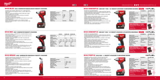 #MILWAUKEETOOL
+
+
+
6564
M18 BLID | M18™
KOMPAKTNÍ BEZUHLÍKOVÝ RÁZOVÝ UTAHOVÁK
ºº Kompaktní rázový utahovák, délka pouze 137 m, výška hlavy 99 mm
ºº Bezkomutátorový motor poskytuje 170 Nm kr. moment, 2800 ot./min a
3600 ú./min
ºº REDLINK™
ochrana proti přetížení je součástí, nářadí spolu s baterií
poskytuje nejlepší výdrž ve své třídě
ºº Vysoce odolná celokovová převodovka a převody pro maximální
trvanlivost a kroutící moment
ºº LED světlo pro osvětlení pracovní plochy
ºº Individuální řízení jednotlivých článků optimalizuje odběr při provozu nářadí
a prodlužuje životnost
ºº Systém vkládání bitů pouze jednou rukou s aretačním zámkem
ºº Flexibilní akumulátorový systém - provoz se všemi akumulátory řady
Milwaukee®
M18™
M18 BID | M18™
KOMPAKTNÍ RÁZOVÝ UTAHOVÁK
ºº Pouze 140 mm dlouhý - maximální výkon a kompaktní design pro práce v
těžko přístupných místech
ºº Vysoce výkonný 4-pólový motor Milwaukee®
nabízí maximální výkon tím,
že zvyšuje poměr síly a hmotnosti
ºº REDLINK™
ochrana proti přetížení chrání nářadí i akumulátor před
extrémním namáháním
ºº Heavy duty celokovová převodovka a převody pro největší trvanlivost a
maximální kroutící moment
ºº ¼“ Hex uchycení s možností fixovat bit jednou rukou
ºº Individuální řízení jednotlivých článků optimalizuje odběr při provozu nářadí
a prodlužuje životnost
ºº Ukazatel stavu nabití a LED světlo
ºº REDLITHIUM-ION™
aku poskytuje až 2-krát delší doba chodu, až o 20%
více síly, až 2x delší životnost aku, lepší výkon i při teplotě -20 °C ve
srovnání s ostatními Li-Ion technologiemi
ºº Flexibilní aku systém - provoz s každým akumulátorem Milwaukee®
M18™
M18 BRAID | M18™
KOMPAKTNÍ PRAVOÚHLÝ RÁZOVÝ UTAHOVÁK
ºº Kompaktní pravoúhlý rázový utahovák měří na délku 307 mm, takže je
ideální pro práci v omezených prostorách
ºº REDLINK™
ochrana proti přetížení chrání nářadí i akumulátor před
extrémním namáháním
ºº Celokovová převodovka a převody pro zvýšenou trvanlivost a maximální
krouticí moment
ºº Kompaktní 53 mm konstrukce hlavy
ºº Rukojeť může být stavitelná do různých poloh pro maximální pohodlí
ºº 1/4˝ šestihranné sklíčidlo pro rychlou a snadnou jednoruční výměnu
korunek
ºº Nastavení 2 rychlostí pro širší rozsah použití
ºº Individuální řízení jednotlivých článků optimalizuje odběr při provozu nářadí
a prodlužuje životnost
ºº Ukazatel stavu nabití a LED světlo
ºº REDLITHIUM-ION™
akumulátor poskytuje až 2x delší doba chodu, až o
20% více síly, až 2x delší životnost aku, lepší provoz i při teplotě -20 °C ve
srovnání s ostatní technologie Li-Ion
ºº Flexibilní akumulátorový systém - provoz s každým akumulátorem
Milwaukee®
M18™
M18 ONEIWP12 | ONE-KEY™
FUEL™
1/2˝ RÁZOVÝ UTAHOVÁK S ARETAČNÍM KOLÍKEM
ºº M18 FIW, ale s technologií ONE-KEY™
ºº Propojte se prostřednictvím Bluetooth™
s aplikací Milwaukee®
ONE-KEY™
ºº Kompletní přizpůsobení nástroje prostřednictvím aplikace ONE-KEY™
aby
jste přizpůsobili nástroj k vašim potřebám
ºº Mějte pod kontrolou otáčky, krouticí moment, počáteční a cílové otáčky
a LED
ºº Upravte nastavení podle libovolného použití zvolením optimálních
nastavení nástroje pro opakovatelnou přesnost
ºº Naprogramujte/uložte profily pro bezkonkurenční kontrolu
ºº Vyberte si z řady profilů aplikace nebo si rychle vytvořte vlastní pro
dokonalé výsledky při každém stisknutí spouště
ºº Uložte si až 4 zákaznická nastavení do paměti nástroje pro rychlou volbu
na pracovišti
ºº Aplikace ONE-KEY™
umožňuje také funkci inventarizace pro celkovou
správu celého vašeho parku nástrojů/zařízení
M18 ONEIWF12 | ONE-KEY™
FUEL™
1/2˝ RÁZOVÝ UTAHOVÁK S POJISTNÝM KROUŽKEM
ºº M18 FIW, ale s technologií ONE-KEY™
ºº Propojte se prostřednictvím Bluetooth™
s aplikací Milwaukee®
ONE-KEY™
ºº Kompletní přizpůsobení nástroje prostřednictvím aplikace ONE-KEY™
aby
jste přizpůsobili nástroj k vašim potřebám
ºº Mějte pod kontrolou otáčky, krouticí moment, počáteční a cílové otáčky
a LED
ºº Upravte nastavení podle libovolného použití zvolením optimálních
nastavení nástroje pro opakovatelnou přesnost
ºº Naprogramujte/uložte profily pro bezkonkurenční kontrolu
ºº Vyberte si z řady profilů aplikace nebo si rychle vytvořte vlastní pro
dokonalé výsledky při každém stisknutí spouště
ºº Uložte si až 4 zákaznická nastavení do paměti nástroje pro rychlou volbu
na pracovišti
ºº Aplikace ONE-KEY™
umožňuje také funkci inventarizace pro celkovou
správu celého vašeho parku nástrojů/zařízení
M18 FIWP12 | M18 FUEL™ 1
⁄2˝ RÁZOVÝ UTAHOVÁK S ARETAČNÍM ČEPEM
ºº Milwaukee®
je autorem konstrukce i výrobcem motorů bez uhlíků
POWERSTATE™
- delší životnost motoru a až o 20% více síly
ºº REDLINK PLUS™
nejmodernější elektronický systém na trhu, ochrana proti
přetížení chrání nářadí i akumulátor před extrémním namáháním
ºº Milwaukee®
DRIVE CONTROL™
umožňuje uživateli přepnot do čtyř
různých nastavení rychlosti a točivého momentu pro maximalizaci
všestranního použití
ºº Režim 1 - přesné práce
ºº Režim 2 – pomáhá předcházet poškození materiálu
ºº Režim 3 - maximální výkon pro těžké aplikace
ºº Režim 4 inteligentně detekuje, když nástroj narazí na hmoždinku, a po
dobu jedné sekundy nástroj automaticky vypne, čímž snižuje přetěžování
a poškození materiálů
ºº Akumulátor REDLITHIUM-ION™
umožňuje až 2,5× delší dobu provozu, až
o 20 % větší výkon a až 2× delší životnost akumulátoru a funguje lépe při
teplotách blízkých −20 °C než jiné technologie Li-Ion
ºº Individuální řízení jednotlivých článků optimalizuje odběr při provozu nářadí
a prodlužuje životnost
ºº Ukazatel stavu nabití a LED světlo
ºº Celokovová reverzibilní spona na opasek - rychlé a snadné zavěšení nářadí
M18 BRAID-0
Kapacita aku (Ah) −
Počet dostupných akumulátorů 0
Nabíječka dodávano −
Počet otáček bez zatížení (ot./min) 0 - 1500 / 0 - 2250
Počet úderů (ú./min) 0 - 2400 / 0 - 3400
Upínání nářadí 1
⁄4˝ Hex
Max. moment (Nm) 41 / 81
Hmotnost vč. aku (kg) 1.8
Dodávaný v −
Objednací číslo 4933447891
M18 BID-0 M18 BID-202C M18 BID-402C
Kapacita aku (Ah) − 2.0 4.0
Počet dostupných aku-
mulátorů
0 2 2
Nabíječka dodávano − 40 min 80 min
Počet otáček bez zatížení
(ot./min)
0 - 2000/0 - 2750 0 - 2000/0 - 2750 0 - 2000/0 - 2750
Počet úderů (ú./min) 0 - 2450/0 - 3450 0 - 2450/0 - 3450 0 - 2450/0 - 3450
Upínání nářadí 1
⁄4˝ Hex 1
⁄4˝ Hex 1
⁄4˝ Hex
Max. moment (Nm) 180 180 180
Hmotnost vč. aku (kg) − 1.4 1.7
Dodávaný v − kufr kufr
Objednací číslo 4933443570 4933443585 4933443580
M18 BLID-0 M18 BLID-502C
Kapacita aku (Ah) − 5.0
Počet dostupných akumulátorů 0 2
Nabíječka dodávano − 100 min
Počet otáček bez zatížení (ot./min) 0 - 2800 0 - 2800
Počet úderů (ú./min) 0 - 3600 0 - 3600
Upínání nářadí 1
⁄4˝ Hex 1
⁄4˝ Hex
Max. moment (Nm) 170 170
Hmotnost vč. aku (kg) − 1.7
Dodávaný v − kufr
Objednací číslo 4933448452 4933448457
M18 FIWP12-0 M18 FIWP12-502X
Kapacita aku (Ah) − 5.0
Počet dostupných akumulátorů 0 2
Nabíječka dodávano − 59 min
Počet otáček bez zatížení (ot./min) 1700/2000/2500/2000 1700/2000/2500/2000
Počet úderů (ú./min) 2400/2600/3100/2600 2400/2600/3100/2600
Upínání nářadí 1
⁄2˝ čtyřhran 1
⁄2˝ čtyřhran
Max. utahovací moment (Nm) 300 300
Max. moment (Nm) 40/120/300/120 40/120/300/120
Hmotnost vč. aku (kg) − 1.8
Dodávaný v − Heavy Duty kufr
Objednací číslo 4933451067 4933451068
M18 ONEIWF12-0 M18 ONEIWF12-502X
Kapacita aku (Ah) − 5.0
Počet dostupných akumulátorů 0 2
Nabíječka dodávano − 59 min
Počet otáček bez zatížení (ot./min) 900/1400/1900/2500 900/1400/1900/2500
Počet úderů (ú./min) 1300/2100/2550/3200 1300/2100/2550/3200
Upínání nářadí 1
⁄2˝ čtyřhran 1
⁄2˝ čtyřhran
Max. utahovací moment (Nm) 300 300
Max. moment (Nm) 40/120/220/300 40/120/220/300
Hmotnost vč. aku (kg) − 1.8
Dodávaný v − Heavy Duty kufr
Objednací číslo 4933451153 4933451374
M18 ONEIWP12-0 M18 ONEIWP12-502X
Kapacita aku (Ah) − 5.0
Počet dostupných akumulátorů 0 2
Nabíječka dodávano − 59 min
Počet otáček bez zatížení (ot./min) 900/1400/1900/2500 900/1400/1900/2500
Počet úderů (ú./min) 1300/2100/2550/3200 1300/2100/2550/3200
Upínání nářadí 1
⁄2˝ čtyřhran 1
⁄2˝ čtyřhran
Max. utahovací moment (Nm) 300 300
Max. moment (Nm) 40/120/220/300 40/120/220/300
Hmotnost vč. aku (kg) − 1.8
Dodávaný v − Heavy Duty kufr
Objednací číslo 4933451152 4933451372
Další technické specifikace včetně údajů o hlučnosti a vibraci viz naši webovou stránku: www.milwaukeetool.cz Další technické specifikace včetně údajů o hlučnosti a vibraci viz naši webovou stránku: www.milwaukeetool.cz
WWW.MILWAUKEETOOL.CZ
SADA ZÁSTRČEK 1
⁄2“ 10 KS
SHOCKWAVE IMPACT DUTY™
.
Obsahuje: 8 / 10 / 11 / 12 / 13 / 14 / 16 / 17
/ 19 / 21 mm.
Objednací číslo 4932352861
SADA ZÁSTRČEK 1
⁄2“ 10 KS
SHOCKWAVE IMPACT DUTY™
.
Obsahuje: 8 / 10 / 11 / 12 / 13 / 14 / 16 / 17
/ 19 / 21 mm.
Objednací číslo 4932352861
SADA ZÁSTRČEK 1
⁄2“ 10 KS
SHOCKWAVE IMPACT DUTY™
.
Obsahuje: 8 / 10 / 11 / 12 / 13 / 14 / 16 / 17
/ 19 / 21 mm.
Objednací číslo 4932352861
 