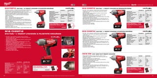 68
++
+
+
#MILWAUKEETOOL
6968
M18 FIWF12 | M18 FUEL™
1/2˝ RÁZOVÝ UTAHOVÁK S POJISTNÝM KROUŽKEM
ºº Milwaukee®
je autorem i výrobcem motorů bezuhlíkového POWERSTATE™
motora, který byl vytvořen pro delší životnost a až o 20% více síly
ºº REDLINK PLUS™
nejmodernější elektronický systém na trhu, ochrana proti
přetížení chrání nářadí i akumulátor před extrémním namáháním
ºº Milwaukee®
DRIVE CONTROL™
umožňuje uživateli přepnot do čtyř
různých nastavení rychlosti a točivého momentu pro maximalizaci
všestranního použití
ºº Režim 1 - přesné práce
ºº Režim 2 – pomáhá předcházet poškození materiálu
ºº Režim 3 - maximální výkon pro těžké aplikace
ºº Režim 4 inteligentně detekuje, když nástroj narazí na hmoždinku, a po
dobu jedné sekundy nástroj automaticky vypne, čímž snižuje přetěžování
a poškození materiálů
ºº Akumulátor REDLITHIUM-ION™
umožňuje až 2,5× delší dobu provozu, až
o 20 % větší výkon a až 2× delší životnost akumulátoru a funguje lépe při
teplotách blízkých −20 °C než jiné technologie Li-Ion
ºº Individuální řízení jednotlivých článků optimalizuje odběr při provozu nářadí
a prodlužuje životnost
ºº Ukazatel stavu nabití a LED světlo
ºº Celokovová reverzibilní spona na opasek - rychlé a snadné zavěšení nářadí
SADA ZÁSTRČEK 1
⁄2“ 10 KS
SHOCKWAVE IMPACT DUTY™
.
Obsahuje: 8 / 10 / 11 / 12 / 13 / 14 / 16 / 17 / 19 / 21 mm.
Objednací číslo 4932352861
M18 CHIWF12
M18 FUEL™ 1
⁄2˝ RÁZOVÝ UTAHOVÁK S POJISTNÝM KROUŽKEM
ºº M18 FUEL™
rázový utahovák s vysokým točivým momentem
zaručuje vynikající výkon - až 950 Nm max. utahovací moment a až
1491 Nm moment rázu matic
ºº Výběr mezi režimy s různým nastavením rychlosti i momentu pomocí
Milwaukee®
DRIVE CONTROL™
ºº Milwaukee®
je autorem konstrukce i výrobcem motorů bez uhlíků
POWERSTATE™
- delší životnost motoru a více síly
ºº Inteligentní systém REDLINK PLUS™
- ochrana proti přetížení chrání
nářadí i akumulátor před extrémním namáháním
ºº REDLITHIUM-ION™
akumulátor poskytuje až 2,5x delší doba chodu,
až o 20% více síly, až 2x delší životnost aku, lepší provoz i při teplotě
-20 °C ve srovnání s ostatní technologie Li-Ion
ºº Individuální řízení jednotlivých článků optimalizuje odběr při provozu
nářadí a prodlužuje životnost
ºº 1/2˝ čtyřhran pojistný kroužek
ºº Ukazatel stavu nabití a LED světlo
Dodávka až 1491 Nm točivého
momentu
DRIVE CONTROL™
3 režimy
SADA ZÁSTRČEK 1
⁄2“ 10 KS
SHOCKWAVE IMPACT DUTY™
.
Obsahuje: 8 / 10 / 11 / 12 / 13 / 14 / 16 / 17 / 19 / 21 mm.
Objednací číslo 4932352861
1/2˝ čtyřhran pojistný kroužek
M18 CHIWP12 | M18 FUEL™ 1
⁄2˝ RÁZOVÝ UTAHOVÁK SE ZÁPADKOVÝM ČEPEM
ºº M18 FUEL™
rázový utahovák s vysokým točivým momentem zaručuje
vynikající výkon - až 813 Nm max. utahovací moment a až 1354 Nm
moment rázu matic
ºº Výběr mezi režimy s různým nastavením rychlosti i momentu pomocí
Milwaukee®
DRIVE CONTROL™
ºº Milwaukee®
je autorem konstrukce i výrobcem motorů bez uhlíků
POWERSTATE™
- delší životnost motoru a více síly
ºº Inteligentní systém REDLINK PLUS™
- ochrana proti přetížení chrání nářadí
i akumulátor před extrémním namáháním
ºº REDLITHIUM-ION™
akumulátor poskytuje až 2,5x delší doba chodu, až o
20% více síly, až 2x delší životnost aku, lepší provoz i při teplotě -20 °C ve
srovnání s ostatní technologie Li-Ion
ºº Individuální řízení jednotlivých článků optimalizuje odběr při provozu nářadí
a prodlužuje životnost
ºº 1/2˝ čep se čtvercovou západkou
ºº Ukazatel stavu nabití a LED světlo
SADA ZÁSTRČEK 1
⁄2“ 10 KS
SHOCKWAVE IMPACT DUTY™
.
Obsahuje: 8 / 10 / 11 / 12 / 13 / 14 / 16 / 17 / 19 / 21 mm.
Objednací číslo 4932352861
M18 CHIWF34 | M18 FUEL™ 3
⁄4˝ RÁZOVÝ UTAHOVÁK S POJISTNÝM KROUŽKEM
ºº M18 FUEL™
rázový utahovák s vysokým točivým momentem zaručuje
vynikající výkon - až 1016 Nm max. utahovací moment a až 1626 Nm
moment rázu matic
ºº Výběr mezi režimy s různým nastavením rychlosti i momentu pomocí
Milwaukee®
DRIVE CONTROL™
ºº Milwaukee®
je autorem konstrukce i výrobcem motorů bez uhlíků
POWERSTATE™
- delší životnost motoru a více síly
ºº Inteligentní systém REDLINK PLUS™
- ochrana proti přetížení chrání nářadí
i akumulátor před extrémním namáháním
ºº REDLITHIUM-ION™
akumulátor poskytuje až 2,5x delší doba chodu, až o
20% více síly, až 2x delší životnost aku, lepší provoz i při teplotě -20 °C ve
srovnání s ostatní technologie Li-Ion
ºº Individuální řízení jednotlivých článků optimalizuje odběr při provozu nářadí
a prodlužuje životnost
ºº 3/4˝ čtyřhran pojistný kroužek
ºº Ukazatel stavu nabití a LED světlo
HD18 HIW | M18™
HEAVY DUTY RÁZOVÝ UTAHOVÁK
ºº Nejvýkonnější akumulátorový rázový utahovák o výkonu 18 V na
trhuREDLINK™
ochrana proti přetížení chrání nářadí i akumulátor před
extrémním namáháním
ºº ½˝ aretační čep ploché hlavy pro zajištění hlavice
ºº Ideální pro náročné aplikace jako např. výroba kovů, mechanické
spojování, průmyslová výroba, auto průmysl
ºº Je lehký a má ergonomický design
ºº Individuální řízení jednotlivých článků optimalizuje odběr při provozu nářadí
a prodlužuje životnost
ºº Ukazatel stavu nabití
ºº REDLITHIUM-ION™
akumulátor poskytuje až 2x delší doba chodu, až o
20% více síly, až 2x delší životnost aku, lepší provoz i při teplotě -20 °C ve
srovnání s ostatní technologie Li-Ion
ºº Flexibilní akumulátorový systém - provoz s každým akumulátorem
Milwaukee®
M18™ SADA ZÁSTRČEK 1
⁄2“ 10 KS
SHOCKWAVE IMPACT DUTY™
.
Obsahuje: 8 / 10 / 11 / 12 / 13 / 14 / 16 / 17 / 19 / 21 mm.
Objednací číslo 4932352861
M18 CHIWF12-0 M18 CHIWF12-502X
Kapacita aku (Ah) − 5.0
Počet dostupných akumulátorů 0 2
Nabíječka dodávano − 59 min
Počet otáček bez zatížení (ot./min) 0 - 425 / 0 - 1700 0 - 425 / 0 - 1700
Počet úderů (ú./min) 0 - 450 / 0 - 2300 0 - 450 / 0 - 2300
Upínání nářadí 1
⁄2˝ čtyřhran 1
⁄2˝ čtyřhran
Max. utahovací moment (Nm) 135 / 950 135 / 950
Moment rázu matic (Nm) 1491 1491
Hmotnost vč. aku (kg) − 3.3
Dodávaný v − Heavy Duty kufr
Objednací číslo 4933446237 4933448418
M18 FIWF12-0 M18 FIWF12-502X
Kapacita aku (Ah) − 5.0
Počet dostupných akumulátorů 0 2
Nabíječka dodávano − 59 min
Počet otáček bez zatížení (ot./min) 1700/2000/2500/2000 1700/2000/2500/2000
Počet úderů (ú./min) 2400/2600/3100/2600 2400/2600/3100/2600
Upínání nářadí 1
⁄2˝ čtyřhran 1
⁄2˝ čtyřhran
Max. utahovací moment (Nm) 300 300
Max. moment (Nm) 40/120/300/120 40/120/300/120
Hmotnost vč. aku (kg) − 1.8
Dodávaný v − Heavy Duty kufr
Objednací číslo 4933451070 4933451071
HD18 HIW-0 HD18 HIW-402C
Kapacita aku (Ah) − 4.0
Počet dostupných akumulátorů 0 2
Nabíječka dodávano − 80 min
Počet otáček bez zatížení (ot./min) 0 - 1900 0 - 1900
Upínání nářadí 1
⁄2˝ čtyřhran 1
⁄2˝ čtyřhran
Počet úderů (ú./min) 0 - 2200 0 - 2200
Max. moment (Nm) 610 610
Hmotnost vč. aku (kg) − 3.0
Dodávaný v − kufr
Objednací číslo 4933416195 4933441260
M18 CHIWF34-0 M18 CHIWF34-502X
Kapacita aku (Ah) − 5.0
Počet dostupných akumulátorů 0 2
Nabíječka dodávano − 59 min
Počet otáček bez zatížení (ot./min) 0 - 1200 / 0 - 1700 0 - 1200 / 0 - 1700
Počet úderů (ú./min) 0 - 1700 / 0 - 2300 0 - 1700 / 0 - 2300
Upínání nářadí 3
⁄4˝ čtyřhran 3
⁄4˝ čtyřhran
Max. utahovací moment (Nm) 508 / 1016 508 / 1016
Moment rázu matic (Nm) 1626 1626
Hmotnost vč. aku (kg) − 3.3
Dodávaný v − Heavy Duty kufr
Objednací číslo 4933446261 4933448415
M18 CHIWP12-0 M18 CHIWP12-502X
Kapacita aku (Ah) − 5.0
Počet dostupných akumulátorů 0 2
Nabíječka dodávano − 59 min
Počet otáček bez zatížení (ot./min) 0 - 1200 / 0 - 1700 0 - 1200 / 0 - 1700
Počet úderů (ú./min) 0 - 1700 / 0 - 2300 0 - 1700 / 0 - 2300
Upínání nářadí 1
⁄2˝ čtyřhran 1
⁄2˝ čtyřhran
Max. utahovací moment (Nm) 474 / 813 474 / 813
Moment rázu matic (Nm) 1354 1354
Hmotnost vč. aku (kg) − 3.2
Dodávaný v − Heavy Duty kufr
Objednací číslo 4933446247 4933451400
WWW.MILWAUKEETOOL.CZ
Další technické specifikace včetně údajů o hlučnosti a vibraci viz naši webovou stránku: www.milwaukeetool.czDalší technické specifikace včetně údajů o hlučnosti a vibraci viz naši webovou stránku: www.milwaukeetool.cz
 