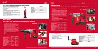 74
#MILWAUKEETOOL
7574
M18 BRAIW | M18™
KOMPAKTNÍ PRAVOÚHLÝ RÁZOVÝ UTAHOVÁK
ºº Kompaktní pravoúhlý rázový utahovák měří na délku 307 mm, takže je
ideální pro práci v omezených prostorách
ºº REDLINK™
ochrana proti přetížení chrání nářadí i akumulátor před
extrémním namáháním
ºº Celokovová převodovka a převody pro zvýšenou trvanlivost a maximální
krouticí moment
ºº Kompaktní 53 mm konstrukce hlavy
ºº Rukojet může být stavitelná do různých poloh pro maximální pohodlí
ºº 3/8˝ čtvercová drážka pro použití s univerzálními objímkami
ºº Nastavení 2 rychlostí pro širší rozsah použití
ºº Individuální řízení jednotlivých článků optimalizuje odběr při provozu nářadí
a prodlužuje životnost
ºº Ukazatel stavu nabití a LED světlo
ºº REDLITHIUM-ION™
akumulátor poskytuje až 2x delší doba chodu, až o
20% více síly, až 2x delší životnost aku, lepší provoz i při teplotě -20 °C ve
srovnání s ostatní technologie Li-Ion
ºº Flexibilní aku systém - provoz s každým akumulátorem Milwaukee®
M18™
M18 CHM
M18 FUEL™
5KG SDS-MAX VRTACÍ A BOURACÍ KLADIVO
ºº První kladivo 18 V 5 kg SDS-Max na světě pro maximální univerzál-
nost a mobilitu se stejnou výkonností jako síťové nářadí
ºº POWERSTATE™
bezuhlíkový motor vyvinutý a vyrobený společností
Milwaukee®
zajišťuje výkonnost síťového nářadí
ºº Nový inteligentní systém REDLINK PLUS™
zajišťuje nejlepší di-
gitální ochranu proti přetížení pro nástroj a akumulátor a unikátním
způsobem zlepšuje výkonnost nástroje při zatížení
ºº Akumulátor pro náročné použití 9,0 Ah REDLITHIUM-ION™
umožňuje
až 4× delší dobu provozu, až o 20 % větší výkon a až 2× delší život-
nost akumulátoru a funguje lépe při teplotách blízkých −20 °C než
jiné technologie Li-Ion
ºº Robustní hořčíkové pouzdro převodovky pro náročná prostředí,
přesné usazení součástí převodovky a lepší chlazení
ºº Funkce zastavení rotace a natáčení sekáče do 12 různých poloh pro
ideální pracovní úhel a ergonomii koncového uživatele
ºº Konstrukce s nízkými vibracemi 5.5 m/s² umožňuje delší využití
během dne
ºº Bezpečnostní spojka chrání obsluhu a stroj v případě zaseknutí
vrtáku
Maximální mobilita a univerzálnost
902C verze se dodává s akumulátorem
9,0 Ah pro náročné použití
Funkce zastavení rotace a nastavení
polohy sekáče
M18 CHPX
M18 FUEL™
KOMBI KLADIVO SDS-PLUS S VYSOKÝM VÝKONEM
ºº Milwaukee®
je autorem konstrukce i výrobcem motorů bez uhlíků
POWERSTATE™
ºº REDLINK PLUS™
nejmodernější elektronický systém na trhu,
ochrana proti přetížení chrání nářadí i akumulátor před extrémním
namáháním
ºº REDLITHIUM-ION™
akumulátor poskytuje až 2,5x delší doba chodu,
až o 20% více síly, až 2x delší životnost aku, lepší provoz i při te-
plotě -20 °C ve srovnání s ostatní technologie Li-Ion
ºº Vysoce výkonný motor umožňuje výkon srovnatelný s elektrickým
nářadím
ºº Akumulátorové kladivo s nejtvrdšími rázy ve své tříde. Účinný
mechanismus kladiva: dodává 4,5 J nárazové energie při nízkých
vibracích 8,6 m/s² díky novému dvoukolejnicovému antivibračnímu
systému*
ºº Celokovová skříň převodovky - optimální usazení převodů pro prod-
loužení provozní životnosti
ºº Provoz ve 4 režimech: otočné kladivo, samotné kladivo, samotná
rotace a variolock pro maximální všestrannost
ºº FIXTEC systém - bezklíčová výměna sklíčidla
ºº Individuální řízení jednotlivých článků optimalizuje odběr při provozu
nářadí a prodlužuje životnost
Akumulátorové kladivo s nejtvrdšími
rázy - 4,5 J
Nízké vibrace díky novému dvoukolejni-
covému antivibračnímu systému*
Celokovová převodovka
M18-28 CPDEX | M18-28 FUEL™
HEAVY DUTY SDS-PLUS ODSAVAČ PRACHU
ºº Zkonstruovaný pro účinný sběr prachu s automatickým provozem
aktivovaným hlavním vypínačem na nářadí
ºº Filtr HEPA: obecně považovaný za nejlepší filtr, který zachytí částice všech
velikostí s účinností 99,75 %
ºº Velká sběrná nádoba na nečistoty
ºº Hliníková trubka pro odsávání prachu je nastavitelná podle velikosti vrtáku
s max. délkou 16 mm a max. hloubkou 90 mm
ºº Kompatibilní s M18 CHPX a M28 CHPX
M18 BRAIW-0
Kapacita aku (Ah) −
Počet dostupných akumulátorů 0
Nabíječka dodávano −
Počet otáček bez zatížení (ot./min) 0 - 1500 / 0 - 2250
Upínání nářadí 3
⁄8˝ čtvercové
Počet úderů (ú./min) 0 - 2400 / 0 - 3400
Max. moment (Nm) 40 / 76
Hmotnost vč. aku (kg) 1.8
Dodávaný v −
Objednací číslo 4933447899
M18-28 CPDEX-0
Kapacita aku (Ah) −
Počet dostupných akumulátorů 0
Nabíječka dodávano −
Max. průměr vrtáku (mm) 16
Max. hloubka vrtání (mm) 90
Max. délka vrtáku (mm) 160
Délka zdvihu (mm) 100
Hmotnost bez aku (kg) 1.6
Dodávaný v −
Objednací číslo 4933446810
M18 CHPX-0 M18 CHPX-502X M18 CHPX-902X
Kapacita aku (Ah) − 5.0 9.0
Počet dostupných akumulátorů 0 2 2
Nabíječka dodávano − 59 min 100 min
Upínání nářadí SDS-Plus SDS-Plus SDS-Plus
Energie příklepu (EPTA)(J) 4.0 4.0 4.0
Max. průměr vrtání do dřeva (mm) 30 30 30
Max. průměr vrtání do oceli (mm) 13 13 13
Max. průměr vrtání do betonu (mm) 28 28 28
Max. počet úderů (ú./min) 0 - 5000 0 - 5000 0 - 5000
Vibrační vrtání (m/s² ) 8.6 8.6 8.6
Vibrace při sekání (m/s²) 7.1 7.1 7.1
Hmotnost vč. aku (kg) − 4.3 4.6
Dodávaný v − Heavy Duty kufr Heavy Duty kufr
Objednací číslo 4933446830 4933451380 4933451469
WWW.MILWAUKEETOOL.CZ
Další technické specifikace včetně údajů o hlučnosti a vibraci viz naši webovou stránku: www.milwaukeetool.czDalší technické specifikace včetně údajů o hlučnosti a vibraci viz naši webovou stránku: www.milwaukeetool.cz
M18 CHM-0 M18 CHM-902C
Kapacita aku (Ah) − 9.0
Počet dostupných akumulátorů 0 2
Nabíječka − 100 min
Upínání nářadí SDS-Max SDS-Max
Energie příklepu (EPTA)(J) 6.1 6.1
Počet příklepů při zatížení (př./min) 0 - 3000 0 - 3000
Počet otáček bez zatížení (ot./min) 0 - 450 0 - 450
Max. průměr vrtání do betonu (mm) 40 40
Max. průměr vrtání tunelového vrtáku(mm) 65 65
Max. průměr vrtání korunky (mm) 100 100
Vibrační vrtání (m/s² ) 5.5 5.5
Vibrace při sekání (m/s² ) 3.1 3.1
Hmotnost vč. aku (kg) − 6.6
Dodávaný v − kufr
Objednací číslo 4933451362 4933451361
 
