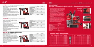 #MILWAUKEETOOL
7978
HD18 H | M18™
HEAVY DUTY KOMBI KLADIVO SDS-PLUS
ºº High Power Motor – dodává nářadí výkon, jako by bylo šňůrové
ºº REDLINK™
ochrana proti přetížení chrání nářadí i akumulátor před
extrémním namáháním
ºº Výkonné kladivo - energie úderu 2,4 J
ºº Celokovový kryt převodovky – optimální uložení převodovky, delší
životnost
ºº 4 režim provozu: vrtací kladivo, kladivo, vrtačka a variolock pro max.
všestrannost
ºº Variolock a funkce vypnutí příklepu
ºº Mechanická spojka: chrání nástroj, když bit váže se
ºº AVS - antivibrační systém: poskytují max. komfort a minimalizují vibrace
ºº Individuální řízení jednotlivých článků optimalizuje odběr při provozu nářadí
a prodlužuje životnost
ºº Ukazatel stavu nabití
ºº REDLITHIUM-ION™
akumulátor poskytuje až 2x delší doba chodu, až o
20% více síly, až 2x delší životnost aku, lepší provoz i při teplotě -20 °C ve
srovnání s ostatní technologie Li-Ion
ºº Flexibilní akumulátorový systém - provoz s každým akumulátorem
Milwaukee®
M18™
HD18 HX | M18™
HEAVY DUTY KOMBI KLADIVO SDS-PLUS
ºº High Power Motor – dodává nářadí výkon, jako by bylo šňůrové
ºº REDLINK™
ochrana proti přetížení chrání nářadí i akumulátor před
extrémním namáháním
ºº Výkonné kladivo - energie úderu 2,4 J
ºº Celokovový kryt převodovky – optimální uložení převodovky, delší
životnost
ºº 4 režim provozu: vrtací kladivo, kladivo, vrtačka a variolock pro max.
všestrannost
ºº Funkce variolock i možnost vypnutí příklepu
ºº FIXTEC systém- rychlá výměna nástrojů
ºº Mechanická spojka: chrání nástroj, když bit váže se
ºº AVS - antivibrační systém: poskytují max. komfort a minimalizují vibrace
ºº Individuální řízení jednotlivých článků optimalizuje odběr při provozu nářadí
a prodlužuje životnost
ºº Ukazatel stavu nabití
ºº REDLITHIUM-ION™
akumulátor poskytuje až 2x delší doba chodu, až o
20% více síly, až 2x delší životnost aku, lepší provoz i při teplotě -20 °C ve
srovnání s ostatní technologie Li-Ion
ºº Flexibilní akumulátorový systém - provoz s každým akumulátorem
Milwaukee®
M18™
M18 BH | M18™
KOMPAKTNÉ SDS-PLUS KLADIVO
ºº Nejlepší poměr síla:hmotnost ve své tříde 2,5 kg, 1,2 J (EPTA)
ºº Vysoce výkonný 4-pólový motor Milwaukee®
nabízí maximální výkon tím,
že zvyšuje poměr sily a hmotnosti
ºº REDLINK™
ochrana proti přetížení chrání nářadí i akumulátor před
extrémním namáháním
ºº 2-funkce: vrtání s příklepem nebo bez příklepu pro max. všestrannost
ºº Nízká hladina vibrací 10,3 m/s²
ºº Optimalizované příklepové vrtání až do 4 - 10 mm (max. průměr: 16 mm)
ºº Spínač pro pravý-levý chod pro všestranné použití
ºº 43 mm průměr upínacího krku - kompatibilní s M12 DE odsavačem
ºº Ukazatel stavu nabití
ºº LED světlo pro osvětlení pracovní plochu
ºº REDLITHIUM-ION™
akumulátor poskytuje až 2x delší doba chodu, až o
20% více síly, až 2x delší životnost aku, lepší provoz i při teplotě -20 °C ve
srovnání s ostatní technologie Li-Ion
ºº Flexibilní akumulátorový systém - provoz s každým akumulátorem
Milwaukee®
M18™
M18 FMDP
M18 FUEL™
MAGNETICKÝ VRTACÍ STOJAN S PERMANENTNÍM MAGNETEM
ºº POWERSTATE™
Bezuhlíkový motor navržený a vyrobený společností
Milwaukee®
umožňuje výkonnost vrtání srovnatelnou se síťovými
nástroji při maximální přídržné síle magnetu na 1/4˝ oceli a 40 otvor-
ech 18 mm na jedno nabití akumulátoru v 1/4˝ oceli
ºº Inteligentní systém REDLINK PLUS™
zajišťuje nejlepší digitální
ochranu proti přetížení a zaseknutí břitu a unikátním způsobem
zlepšuje výkonnost nástroje při zatížení
ºº Akumulátor REDLITHIUM-ION™
umožňuje až 2,5× delší dobu pro-
vozu, až o 20 % větší výkon a až 2× delší životnost akumulátoru a
funguje lépe při teplotách blízkých −20 °C než jiné technologie Li-Ion
ºº Detektor otáček AUTOSTOP™
: Detekuje nadměrné otočení a au-
tomaticky odpojuje napájení vrtačky za účelem nejlepší ochrany
uživatele
ºº Samonapájecí permanentní magnet s přídržnou silou 8 890 N brání
náhodné deaktivaci magnetu za účelem lepší ochrany uživatele a
snadného nastavení
ºº 2 převodovka pro optimální vrtací otáčky 400 a 690  ot/min při
použití korunových vrtáků nebo spirálových vrtáků
ºº Maximální vrtaný průměr 38 mm při použití korunových vrtáků a 13
mm se spirálovými vrtáky s rovným dříkem
ºº Beznástrojový upínací držák 19 mm Weldon pro rychlou a snadnou
výměnu příslušenství
ºº Vestavěná magnetická nádržka maziva pro upevnění na stroji nebo
materiálu, zejména při vrtání ve svislé poloze
ºº Délka zdvihu 146 mm pro použití různého příslušenství
AUTOSTOP™
detektor otáček
Samonapájecí parmanentní magnet
19mm Rýchloupínací uchycení Weldon
KRUHOVÉ FRÉZY PRO M18 FMDPM18 BH-0 M18 BH-402C
Kapacita aku (Ah) − 4.0
Počet dostupných akumulátorů 0 2
Nabíječka dodávano − 80 min
Upínání nářadí SDS-Plus SDS-Plus
Energie příklepu (EPTA)(J) 1.2 1.2
Max. průměr vrtání do dřeva (mm) 16 16
Max. průměr vrtání do oceli (mm) 10 10
Max. průměr vrtání do betonu (mm) 16 16
Max. počet úderů (ú./min) 7000 7000
Vibrační vrtání (m/s² ) 10.3 10.3
Hmotnost vč. aku (kg) − 2.5
Dodávaný v − kufr
Objednací číslo 4933443320 4933443330
HD18 HX-0 HD18 HX-402C
Kapacita aku (Ah) − 4.0
Počet dostupných akumulátorů 0 2
Nabíječka dodávano − 80 min
Upínání nářadí SDS-Plus SDS-Plus
Energie příklepu (EPTA)(J) 2.4 2.4
Max. průměr vrtání do dřeva (mm) 30 30
Max. průměr vrtání do oceli (mm) 13 13
Max. průměr vrtání do betonu (mm) 24 24
Max. počet úderů (ú./min) 4200 4200
Hmotnost vč. aku (kg) − 3.7
Dodávaný v − kufr
Objednací číslo 4933408320 4933441280
HD18 H-0C HD18 H-402C
Kapacita aku (Ah) − 4.0
Počet dostupných akumulátorů 0 2
Nabíječka dodávano − 80 min
Upínání nářadí SDS-Plus SDS-Plus
Energie příklepu (EPTA)(J) 2.4 2.4
Max. průměr vrtání do dřeva (mm) 30 30
Max. průměr vrtání do oceli (mm) 13 13
Max. průměr vrtání do betonu (mm) 24 24
Max. počet úderů (ú./min) 4200 4200
Vibrační vrtání (m/s² ) 12.2 12.2
Vibrace při sekání (m/s²) 7.4 7.4
Hmotnost vč. aku (kg) − 3.5
Dodávaný v kufr kufr
Objednací číslo 4933431578 4933443468
Ø (mm) Celková délka A (mm)
Počet kusů / množství
v balíku
Objednací číslo Ø (mm) Celková délka A (mm)
Počet kusů / množství
v balíku
Objednací číslo
12 30 1 4932371740 26 30 1 4932343282
13 30 1 4932371741 27 30 1 4932343283
14 30 1 4932343270 28 30 1 4932343284
15 30 1 4932343271 29 30 1 4932343285
16 30 1 4932343272 30 30 1 4932343286
17 30 1 4932343273 31 30 1 4932343287
18 30 1 4932343274 32 30 1 4932343288
19 30 1 4932343275 33 30 1 4932371742
20 30 1 4932343276 34 30 1 4932371743
21 30 1 4932343277 35 30 1 4932371744
22 30 1 4932343278 36 30 1 4932371745
23 30 1 4932343279 37 30 1 4932371746
24 30 1 4932343280 38 30 1 4932371747
25 30 1 4932343281
M18 FMDP-502C
Kapacita aku (Ah) 5.0
Počet dostupných akumulátorů 2
Nabíječka dodávano 59 min
Počet otáček bez zatížení (ot./min) 400 / 690
Max. průměr vrtání s korunkou 38
Max. hloubka vrtání s korunkou 50
Max. průměr vrtání bitu (mm) 13
Magnetická přítlačná síla (na špici vrtáku)(N) 8890
Délka zdvihu (mm) 146
Hmotnost vč. aku (kg) 13.0
Dodávaný v kufr
Objednací číslo 4933451012
WWW.MILWAUKEETOOL.CZ
Další technické specifikace včetně údajů o hlučnosti a vibraci viz naši webovou stránku: www.milwaukeetool.czDalší technické specifikace včetně údajů o hlučnosti a vibraci viz naši webovou stránku: www.milwaukeetool.cz
 