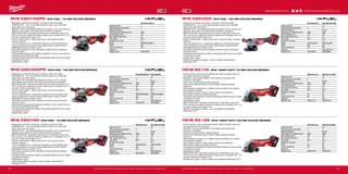 #MILWAUKEETOOL
8382
M18 CAG115XPD | M18 FUEL™
115 MM ÚHLOVÁ BRUSKA
ºº Milwaukee®
je autorem konstrukce i výrobcem motorů bez uhlíků
POWERSTATE™
- až o 10-krát delší životnost motoru a až 2-krát delší
doba chodu, síla na broušení
ºº REDLINK PLUS™
nejmodernější elektronický systém na trhu, ochrana proti
přetížení chrání nářadí i akumulátor před extrémním namáháním
ºº REDLITHIUM-ION™
akumulátor poskytuje až 2,5x delší doba chodu, až o
20% více síly, až 2x delší životnost aku, lepší provoz i při teplotě -20 °C ve
srovnání s ostatní technologie Li-Ion
ºº Premium řadící systém - stejný systém jako u lemovaných brusek s
vysokým výkonem
ºº 115 mm bezklíčový kryt – skvělá řezná kapacita a rychlé nastavení krytu
ºº 100% beznástrojová výměna kol díky integrovanému systému FIXTEC
ºº Nejštíhlejší konstrukce rukojeti na trhu
ºº Snímatelné protiprachové síto zabraňující pronikání úlomků prodlužuje
životnost motoru
ºº Nezamykatelný bezpečnostní kolébkový přepínač s funkcí vypnutí linky pro
zamezení automatického spuštění
ºº Individuální řízení jednotlivých článků optimalizuje odběr při provozu nářadí
a prodlužuje životnost
ºº Ukazatel stavu nabití
M18 CAG125XPD | M18 FUEL™
125 MM ÚHLOVÁ BRUSKA
ºº Milwaukee®
je autorem konstrukce i výrobcem motorů bez uhlíků
POWERSTATE™
- až o 10-krát delší životnost motoru a až 2-krát delší
doba chodu, síla na broušení
ºº REDLINK PLUS™
nejmodernější elektronický systém na trhu, ochrana
proti přetížení chrání nářadí i akumulátor před extrémním namáháním
ºº REDLITHIUM-ION™
akumulátor poskytuje až 2,5x delší doba chodu, až o
20% více síly, až 2x delší životnost aku, lepší provoz i při teplotě -20 °C ve
srovnání s ostatní technologie Li-Ion
ºº Premium řadící systém - stejný systém jako u lemovaných brusek s
vysokým výkonem
ºº 125 mm bezklíčový kryt – skvělá řezná kapacita a rychlé nastavení krytu
ºº 100% beznástrojová výměna kol díky integrovanému systému FIXTEC
ºº Nejštíhlejší konstrukce rukojeti na trhu
ºº Snímatelné protiprachové síto zabraňující pronikání úlomků prodlužuje
životnost motoru
ºº Nezamykatelný bezpečnostní kolébkový přepínač s funkcí vypnutí linky pro
zamezení automatického spuštění
ºº Individuální řízení jednotlivých článků optimalizuje odběr při provozu nářadí
a prodlužuje životnost
ºº Ukazatel stavu nabití
M18 CAG115X | M18 FUEL™
115 MM ÚHLOVÁ BRUSKA
ºº Milwaukee®
je autorem konstrukce i výrobcem motorů bez uhlíků
POWERSTATE™
- až o 10-krát delší životnost motoru a až 2-krát delší
doba chodu, síla na broušení
ºº REDLINK PLUS™
nejmodernější elektronický systém na trhu, ochrana proti
přetížení chrání nářadí i akumulátor před extrémním namáháním
ºº REDLITHIUM-ION™
akumulátor poskytuje až 2,5x delší doba chodu, až o
20% více síly, až 2x delší životnost aku, lepší provoz i při teplotě -20 °C ve
srovnání s ostatní technologie Li-Ion
ºº Premium řadící systém - stejný systém jako u lemovaných brusek s
vysokým výkonem
ºº 115 mm bezklíčový kryt – skvělá řezná kapacita a rychlé nastavení krytu
ºº 100% beznástrojová výměna kol díky integrovanému systému FIXTEC
ºº Nejštíhlejší konstrukce rukojeti na trhu
ºº Snímatelné protiprachové síto zabraňující pronikání úlomků prodlužuje
životnost motoru
ºº Individuální řízení jednotlivých článků optimalizuje odběr při provozu nářadí
a prodlužuje životnost
ºº Ukazatel stavu nabití
ºº Flexibilní akumulátorový systém - provoz s každým akumulátorem
Milwaukee®
M18™
M18 CAG125X | M18 FUEL™
125 MM ÚHLOVÁ BRUSKA
ºº Milwaukee®
je autorem konstrukce i výrobcem motorů bez uhlíků
POWERSTATE™
- až o 10-krát delší životnost motoru a až 2-krát delší
doba chodu, síla na broušení
ºº REDLINK PLUS™
nejmodernější elektronický systém na trhu, ochrana proti
přetížení chrání nářadí i akumulátor před extrémním namáháním
ºº REDLITHIUM-ION™
akumulátor poskytuje až 2,5x delší doba chodu, až o
20% více síly, až 2x delší životnost aku, lepší provoz i při teplotě -20 °C ve
srovnání s ostatní technologie Li-Ion
ºº Premium řadící systém - stejný systém jako u síťových brusek s vysokým
výkonem
ºº 125 mm bezklíčový kryt – skvělá řezná kapacita a rychlé nastavení krytu
ºº 100% beznástrojová výměna kol díky integrovanému systému FIXTEC
ºº Nejštíhlejší konstrukce rukojeti na trhu
ºº Snímatelné protiprachové síto zabraňující pronikání úlomků prodlužuje
životnost motoru
ºº Individuální řízení jednotlivých článků optimalizuje odběr při provozu nářadí
a prodlužuje životnost
ºº Ukazatel stavu nabití
ºº Flexibilní akumulátorový systém - provoz s každým akumulátorem
Milwaukee®
M18™
HD18 AG-115 | M18™
HEAVY DUTY 115 MM ÚHLOVÁ BRUSKA
ºº Vysoce výkonný 4-pólový motor Milwaukee®
nabízí maximální výkon tím,
že zvyšuje poměr síly a hmotnosti
ºº REDLINK™
ochrana proti přetížení chrání nářadí i akumulátor před
extrémním namáháním
ºº Celokovový kryt převodovky nabízí trvanlivost
ºº Redukovaná výška převodovky a štíhlý design poskytuje optimální
ergonomii
ºº Nezamykatelný vypínač pro co nejlepší ochranu uživatele a pro prevenci
automatického spuštění
ºº Rychloupínací kryt pro snadnou úpravu (odolný proti prasknutí)
ºº Multi-poziční rukojeť pro snadné používání
ºº Individuální řízení jednotlivých článků optimalizuje odběr při provozu nářadí
a prodlužuje životnost
ºº Ukazatel stavu nabití
ºº REDLITHIUM-ION™
akumulátor poskytuje až 2x delší doba chodu, až o
20% více síly, až 2x delší životnost aku, lepší provoz i při teplotě -20 °C ve
srovnání s ostatní technologie Li-Ion
ºº Flexibilní akumulátorový systém - provoz s každým akumulátorem
Milwaukee®
M18™
HD18 AG-125 | M18™
HEAVY DUTY 125 MM ÚHLOVÁ BRUSKA
ºº Vysoce výkonný 4-pólový motor Milwaukee®
nabízí maximální výkon tím,
že zvyšuje poměr síly a hmotnosti
ºº REDLINK™
ochrana proti přetížení chrání nářadí i akumulátor před
extrémním namáháním
ºº Celokovový kryt převodovky nabízí trvanlivost
ºº Redukovaná výška převodovky a štíhlý design poskytuje optimální
ergonomii
ºº Nezamykatelný vypínač pro co nejlepší ochranu uživatele a pro prevenci
automatického spuštění
ºº Rychloupínací kryt pro snadnou úpravu (odolný proti prasknutí)
ºº Multi-poziční rukojeť pro snadné používání
ºº Individuální řízení jednotlivých článků optimalizuje odběr při provozu nářadí
a prodlužuje životnost
ºº Ukazatel stavu nabití
ºº REDLITHIUM-ION™
akumulátor poskytuje až 2x delší doba chodu, až o
20% více síly, až 2x delší životnost aku, lepší provoz i při teplotě -20 °C ve
srovnání s ostatní technologie Li-Ion
ºº Flexibilní aku systém - provoz s každým akumulátorem Milwaukee®
M18™
M18 CAG115X-0 M18 CAG115X-502X
Kapacita aku (Ah) − 5.0
Počet dostupných akumulátorů 0 2
Nabíječka dodávano − 59 min
Počet otáček bez zatížení (ot./min) 8500 8500
Průměr kotouče (mm) 115 115
Max. hloubka řezání (mm) 28 28
Závit hřídele M 14 M 14
Hmotnost vč. aku (kg) − 2.5
Spínač posuvný spínač posuvný spínač
FIXTEC Ano Ano
Funkce Line lock out Ano Ano
Dodávaný v − Heavy Duty kufr
Objednací číslo 4933443925 4933448861
M18 CAG125XPD-0 M18 CAG125X-
Kapacita aku (Ah) − 5.0
Počet dostupných akumulátorů 0 2
Nabíječka dodávano − 59 min
Počet otáček bez zatížení (ot./min) 8500 8500
Průměr kotouče (mm) 125 125
Max. hloubka řezání (mm) 33 33
Závit hřídele M 14 M 14
Hmotnost vč. aku (kg) − 2.5
Spínač Kolébkový přepínač kolébkový přepínač
FIXTEC Ano Ano
Funkce Line lock out Ano Ano
Dodávaný v − Heavy Duty kufr
Objednací číslo 4933447605 4933448864
M18 CAG115XPD-0
Kapacita aku (Ah) −
Počet dostupných akumulátorů 0
Nabíječka dodávano −
Počet otáček bez zatížení (ot./min) 8500
Průměr kotouče (mm) 115
Max. hloubka řezání (mm) 28
Závit hřídele M 14
Hmotnost vč. aku (kg) 2.5
Spínač Kolébkový přepínač
FIXTEC Ano
Funkce Line lock out Ano
Dodávaný v −
Objednací číslo 4933447590
HD18 AG-125-0 HD18 AG-125-402C
Kapacita aku (Ah) − 4.0
Počet dostupných akumulátorů 0 2
Nabíječka dodávano − 80 min
Počet otáček bez zatížení (ot./min) 9000 9000
Průměr kotouče (mm) 125 125
Max. hloubka řezání (mm) 33 33
Závit hřídele M 14 M 14
Hmotnost vč. aku (kg) − 2.2
FIXTEC Ne Ne
Funkce Line lock out Ne Ne
Dodávaný v − kufr
Objednací číslo 4933441502 4933441507
HD18 AG-115-0 HD18 AG-115-402C
Kapacita aku (Ah) − 4.0
Počet dostupných akumulátorů 0 2
Nabíječka dodávano − 80 min
Počet otáček bez zatížení (ot./min) 9000 9000
Průměr kotouče (mm) 115 115
Max. hloubka řezání (mm) 28 28
Závit hřídele M 14 M 14
Hmotnost vč. aku (kg) − 2.4
FIXTEC Ne Ne
Funkce Line lock out Ne Ne
Dodávaný v − kufr
Objednací číslo 4933411210 4933441300
M18 CAG125X-0 M18 CAG125X-502X
Kapacita aku (Ah) − 5.0
Počet dostupných akumulátorů 0 2
Nabíječka dodávano − 59 min
Počet otáček bez zatížení (ot./min) 8500 8500
Průměr kotouče (mm) 125 125
Max. hloubka řezání (mm) 33 33
Závit hřídele M 14 M 14
Hmotnost vč. aku (kg) − 2.5
Spínač posuvný spínač Posuvný spínač
FIXTEC Ano Ano
Funkce Line lock out Ano Ano
Dodávaný v − Heavy Duty kufr
Objednací číslo 4933443940 4933448866
Další technické specifikace včetně údajů o hlučnosti a vibraci viz naši webovou stránku: www.milwaukeetool.cz Další technické specifikace včetně údajů o hlučnosti a vibraci viz naši webovou stránku: www.milwaukeetool.cz
WWW.MILWAUKEETOOL.CZ
 