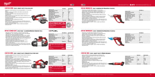 +
+
+
#MILWAUKEETOOL
8584
HD18 MS | M18™
HEAVY DUTY PILA NA KOV
ºº Milwaukee®
4-pólový bezrámový motor poskytuje 3600 ot. / min pro rychlé
řezání
ºº REDLINK™
ochrana proti přetížení chrání nářadí i akumulátor před
extrémním namáháním
ºº Kompaktní, ergonomický design zabezpečuje lepší kontrolu než u
standardních pil
ºº Nastavení hloubky řezu bez nářadí rychle a snadno, hloubka řezu od 3 –
50 mm se 135 mm kotoučem
ºº Individuální řízení jednotlivých článků optimalizuje odběr při provozu nářadí
a prodlužuje životnost
ºº Zabudované LED světlo osvětluje pracovní plochu
ºº Ukazatel stavu nabití
ºº REDLITHIUM-ION™
akumulátor poskytuje až 2x delší doba chodu, až o
20% více síly, až 2x delší životnost aku, lepší provoz i při teplotě -20 °C ve
srovnání s ostatní technologie Li-Ion
ºº Flexibilní akumulátorový systém - provoz s každým akumulátorem
Milwaukee®
M18™
135 X 20 MM 30T PILOVÝ LIST
NA KOV S ŠÍŘKOU ŘEZU 1.6MM
Ideální pro ocelové tabule, trubky, pro zaúhlené potrubí
a nespalené materiály.
Objednací číslo 48404070
M18 CBS125 | M18 FUEL™
HLUBOKOŘEZNÁ PÁSOVÁ PILA
ºº Milwaukee®
je autorem konstrukce i výrobcem motorů bez uhlíků
POWERSTATE™
- až o 10-krát delší životnost motoru a až 2-krát delší
doba chodu oproti jiným akumulátorovým řešením
ºº REDLINK PLUS™
nejmodernější elektronický systém na trhu, ochrana
proti přetížení chrání nářadí i akumulátor před extrémním namáháním
ºº REDLITHIUM-ION™
akumulátor poskytuje až 2,5x delší doba chodu, až o
20% více síly, až 2x delší životnost aku, lepší provoz i při teplotě -20 °C
ve srovnání s ostatní technologie Li-Ion
ºº Největší řezná kapacita pro průměr materiálu až 125 x 125 mm
ºº 5-kroková variabilní volba rychlosti od 0 - 116 m/min
ºº Zamykací mechanismus nože bez použití nástrojů pro rychlou a
snadnou výměnu listů pily
ºº Odolný kovový krokvový hák pro rychlé a snadné uložení na pracovišti
ºº Tenká celokovová konstrukce pláště motoru a LED osvětlení pracovního
povrchu pro co nejlepší viditelnost řezu
1140 MM 14TPI PILOVÝ PÁS 3
KS.
14 TPI, 1,8 mm rozteč zubů, ideální pro materiály
5-8 mm.
Objednací číslo 48390511
HD18 BS | M18™
HEAVY DUTY PÁSOVÁ PILA PRO KOV
ºº Kompaktná a lehká konstrukce (hmotnost 4,8 kg) pro řezání nad hlavou a
v úzkých prostorech
ºº REDLINK™
ochrana proti přetížení chrání nářadí i akumulátor před
extrémním namáháním
ºº Kapacita řezu 85 mm – na řezání veškerých materiálů
ºº Oporná patka je nastavitelná bez nástroje – rychle přispůsobuje patku a
umožňuje rovné řezání ve vestavěných materiálech proti stěnám a stropům
ºº Systém vyjmutí plátku - rychlá výměna plátku, vytáhnout do úvratě a
stisknout tlačítko vyjmutí plátku
ºº Individuální řízení jednotlivých článků optimalizuje odběr při provozu nářadí
a prodlužuje životnost
ºº Ukazatel stavu nabití a LED světlo
ºº REDLITHIUM-ION™
akumulátor poskytuje až 2x delší doba chodu, až o
20% více síly, až 2x delší životnost aku, lepší provoz i při teplotě -20 °C ve
srovnání s ostatní technologie Li-Ion
ºº Flexibilní aku systém - provoz s každým akumulátorem Milwaukee®
M18™
900 MM 14TPI PILOVÉ PÁSY
3 KS.
14 TPI, 1,8 mm rozteč zubů, ideální pro materiály
5-8 mm.
Objednací číslo 48390519
M18 BMS12 | M18™
KOMPAKTNÍ ŘEZAČKA PLECHU
ºº Přesné řezy s maximální řeznou hloubkou 1.2 mm do oceli
ºº Jedinečná 360° rotační hlava bez nástrojů s 12 polohami fixace pro
přístup do těsných prostor a pro zvýšení pohodlí uživatele
ºº REDLINK™
ochrana proti přetížení chrání nářadí i akumulátor před
extrémním namáháním
ºº Individuální řízení jednotlivých článků optimalizuje odběr při provozu
nářadí a prodlužuje životnost
ºº Konstrukce souběžná se zápěstím pro zvýšenou kontrolu při řezání
ºº Variabilní přepínač rychlostí pro přídavnou kontrolu během řezání
ºº Klipsna na pásek pro snadnou přenosnost
ºº REDLITHIUM-ION™
akumulátor poskytuje až 2x delší doba chodu, až o
20% více síly, až 2x delší životnost aku, lepší provoz i při teplotě -20 °C
ve srovnání s ostatní technologie Li-Ion
ºº Flexibilní akumulátorový systém - provoz s každým akumulátorem
Milwaukee®
M18™
M18 BMS20 | M18™
KOMPAKTNÍ ŘEZAČKA PLECHU
ºº Přesné řezy s maximální řeznou hloubkou 2,0 mm do oceli
ºº Jedinečná 360° rotační hlava bez nástrojů s 12 polohami fixace pro
přístup do těsných prostor a pro zvýšení pohodlí uživatele
ºº REDLINK™
ochrana proti přetížení chrání nářadí i akumulátor před
extrémním namáháním
ºº Individuální řízení jednotlivých článků optimalizuje odběr při provozu
nářadí a prodlužuje životnost
ºº Konstrukce souběžná se zápěstím pro zvýšenou kontrolu při řezání
ºº Variabilní přepínač rychlostí pro přídavnou kontrolu během řezání
ºº Klipsna na pásek pro snadnou přenosnost
ºº REDLITHIUM-ION™
akumulátor poskytuje až 2x delší doba chodu, až o
20% více síly, až 2x delší životnost aku, lepší provoz i při teplotě -20 °C
ve srovnání s ostatní technologie Li-Ion
ºº Flexibilní akumulátorový systém - provoz s každým akumulátorem
Milwaukee®
M18™
HD18 SG | M18™
HEAVY DUTY PŘÍMÁ BRUSKA
ºº Dlouhé a štíhlé tělo brusky pro lepší přístup do stísněných mist
ºº REDLINK™
ochrana proti přetížení chrání nářadí i akumulátor před
extrémním namáháním
ºº Digitální elektronika, 2 rychlosti, optimální pro uživatele
ºº Aretace akumulátoru brání jeho nechtěnému uvolnění
ºº Celoková převodovka pro maximální životnost
ºº Maximální proud vzduchu pro chlazení při dlouhém chodu
ºº Kleština 6 mm
ºº Ukazatel stavu nabití
ºº REDLITHIUM-ION™
akumulátor poskytuje až 2x delší doba chodu, až o
20% více síly, až 2x delší životnost aku, lepší provoz i při teplotě -20 °C
ve srovnání s ostatní technologie Li-Ion
ºº Flexibilní akumulátorový systém - provoz s každým akumulátorem
Milwaukee®
M18™
HD18 BS-0 HD18 BS-402C
Kapacita aku (Ah) − 4.0
Počet dostupných akumulátorů 0 2
Nabíječka dodávano − 80 min
Počet otáček bez zatížení (ot./min) 146 146
Kapacita řezání obdélníkového profilu (mm) 85 x 85 85 x 85
Délka pilového plátku (mm) 898.52 898.52
Hmotnost vč. aku (kg) − 4.8
Dodávaný v − kufr
Objednací číslo 4933419122 4933441415
M18 CBS125-0 M18 CBS125-502C
Kapacita aku (Ah) − 5.0
Počet dostupných akumulátorů 0 2
Nabíječka dodávano − 59 min
Rychlost pásu (m/min) 0 - 116 0 - 116
Kapacita řezání obdélníkového profilu (mm) 125 x 125 125 x 125
Délka pilového plátku (mm) 1139.83 1139.83
Hmotnost vč. aku (kg) − 7.3
Dodávaný v − kufr
Objednací číslo 4933447150 4933448195
HD18 MS-0 HD18 MS-402B
Kapacita aku (Ah) − 4.0
Počet dostupných akumulátorů 0 2
Nabíječka dodávano − 80 min
Počet otáček bez zatížení (ot./min) 3600 3600
Průměr kotouče (mm) 135 135
Průměr hřídele (mm) 20 20
Max. kap. řezu – ocelový plech (mm) 1.6 1.6
Max. kapacita řezu – kovové trubky (mm) 50 50
Max. kapacita řezu – profily (mm) 51 51
Hmotnost vč. aku (kg) − 2.6
Dodávaný v − Taška
Objednací číslo 4933427187 4933441390
HD18 SG-0 HD18 SG-401C
Kapacita aku (Ah) − 4.0
Počet dostupných akumulátorů 0 1
Nabíječka dodávano − 80 min
Počet otáček - 1.st. (ot./min) 17,500 17,500
Počet otáček - 2.st. (ot./min) 21,500 21,500
Průměr kleštiny (mm) 6 6
Hmotnost vč. aku (kg) − 3.0
Dodávaný v − kufr
Objednací číslo 4933417820 4933426665
M18 BMS20-0
Kapacita aku (Ah) −
Počet dostupných akumulátorů 0
Nabíječka dodávano −
Počet otáček bez zatížení (ot./min) 0 - 2500
Max. kapacita řezání - ocel (mm) 2.0
Max. kapacita řezání - hliník (mm) 3.2
Min. rádius zatočení (mm) 180
Hmotnost vč. aku (kg) 2.6
Dodávaný v −
Objednací číslo 4933447935
M18 BMS12-0
Kapacita aku (Ah) −
Počet dostupných akumulátorů 0
Nabíječka dodávano −
Počet otáček bez zatížení (ot./min) 0 - 2500
Max. kapacita řezání - ocel (mm) 1.2
Max. kapacita řezání - hliník (mm) 2.0
Min. rádius zatočení (mm) 180
Hmotnost vč. aku (kg) 2.3
Dodávaný v −
Objednací číslo 4933447925
WWW.MILWAUKEETOOL.CZ
Další technické specifikace včetně údajů o hlučnosti a vibraci viz naši webovou stránku: www.milwaukeetool.cz Další technické specifikace včetně údajů o hlučnosti a vibraci viz naši webovou stránku: www.milwaukeetool.cz
 