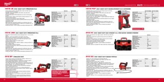 +
#MILWAUKEETOOL
9190
HD18 JS | M18™
HEAVY DUTY PŘÍMOČARÁ PILA
ºº Vysoce výkonný 4-pólový motor Milwaukee®
nabízí maximální výkon tím,
že zvyšuje poměr síly a hmotnosti
ºº REDLINK™
ochrana proti přetížení chrání nářadí i akumulátor před
extrémním namáháním
ºº Má patentované upnutí FIXTEC Milwaukee®
pro rychlou výměnu plátku
bez klíče
ºº Bezklíčové šikmící zařízení na hlavní desce umožňuje nastavení 0° – 45°
ºº 5 stupně nastavení předkyvu
ºº Velká vodicí rolna podporuje zvýšení stability plátku
ºº Individuální řízení jednotlivých článků optimalizuje odběr při provozu nářadí
a prodlužuje životnost
ºº Ukazatel stavu nabití
ºº REDLITHIUM-ION™
akumulátor poskytuje až 2x delší dobu chodu, až o
20% více síly, až 2x delší životnost aku, lepší provoz i při teplotě -20 °C ve
srovnání s ostatní technologie Li-Ion
ºº Flexibilní aku systém - provoz s každým akumulátorem Milwaukee®
M18™
HD18 JSB | M18™
HEAVY DUTY PŘÍMOČARÁ PILA
ºº Milwaukee®
4-pólový bezrámový motor poskytuje 2700 ot. / min pro rychlé
řezání
ºº REDLINK™
ochrana proti přetížení chrání nářadí i akumulátor
ºº Měkký rozběh a 2 rychlosti pro vhodné otáčky pro daný materiál
ºº Patentovaný FIXTEC, rychlá výměna plátku bez použití klíče a rychlé
nastavení úkosu od 0° do 45°
ºº 4 polohy nastavení předkyvu pro zvýšení výkonu
ºº Stavitelné odsávání prachu
ºº Přesné vedení pilového listu s opěrným válečkem v jehlových ložiscích ve
velmi hlubokém uložení
ºº Slitinová základová deska pro odolnost
ºº Individuální řízení jednotlivých článků optimalizuje odběr při provozu nářadí
a prodlužuje životnost
ºº Ukazatel stavu nabití
ºº REDLITHIUM-ION™
akumulátor poskytuje až 2x delší dobu chodu, až o
20% více síly, až 2x delší životnost aku, lepší provoz i při teplotě -20 °C ve
srovnání s ostatní technologie Li-Ion
ºº Flexibilní aku systém - provoz s každým akumulátorem Milwaukee®
M18™
M18 BP | HOBLOVKA M18™
ºº Vysoce výkonný 4pólový motor Milwaukee®
zajišťuje 14 000 ot/min za
účelem dosažení optimální povrchové úpravy
ºº Ochrana proti přetížení REDLINK™
a elektronika konstantních otáček v
nástroji zajišťují nejvyšší odolnost a výkonnost ve své třídě
ºº Akumulátor REDLITHIUM-ION™
umožňuje až 2,5× delší dobu provozu, až
o 20 % větší výkon a až 2× delší životnost akumulátoru a funguje lépe při
teplotách blízkých −20 °C než jiné technologie Li-Ion
ºº Rychlejší odebírání materiálu díky dvěma oboustranným karbidovým
břitům v hoblované šířce 82 mm
ºº Nastavitelná hloubka řezu od 0 do 2 mm s dvaceti aretovatelnými
polohami umožňuje uživateli přesně nastavit množství materiálu, které se
odebere při jednom průjezdu
ºº Hloubka drážky až 10.7 mm
ºº Levé nebo pravé vyhazování třísek umožňuje uživateli při hoblování
směrovat třísky mimo jeho obličej
ºº Rozšířená přední část umožňuje přesné a rychlé umístění nástroje na
obráběný materiál
ºº Opěrka ve spodní části chrání obrobek před náhodným poškozením
ºº Individuální řízení jednotlivých článků optimalizuje odběr při provozu
ºº nářadí a prodlužuje životnost
REVERZNÍ OSTŘÍ Z KARBIDU
WOLFRAMU. DVĚ REVERZNÍ
OSTŘÍ VHODNÉ DO MĚKKÉHO I
TVRDÉHO DŘEVA.
Objednací číslo 4932273484
HD18 PXP | M18™
HEAVY DUTY AKUMULÁTOROVÝ Q  E EXPANDÉR
ºº Autorotační hlavy od 12 mm až do 40 mm (6 bar) a až 32 mm (10 bar)
poskytují přesné rozšíření jednou rukou
ºº REDLINK™
ochrana proti přetížení chrání nářadí i akumulátor před
extrémním namáháním
ºº Jedním tahem plynule instaluje Q  E až 4 x rychleji
ºº Kovová převodovka s integrovaným hořčíkovým rámem
ºº Rukojeť ve tvaru “D” s LED osvětlením – snadné nainstalování nástroje i při
slabých světelných podmínkach
ºº Individuální řízení jednotlivých článků optimalizuje odběr při provozu nářadí
a prodlužuje životnost
ºº Ukazatel stavu nabití a LED světlo
ºº REDLITHIUM-ION™
akumulátor poskytuje až 2x delší dobu chodu, až o
20% více síly, až 2x delší životnost aku, lepší provoz i při teplotě -20 °C ve
srovnání s ostatní technologie Li-Ion
ºº Flexibilní akumulátorový systém - provoz s každým akumulátorem
Milwaukee®
M18™
M18 VC | M18™
HEAVY DUTY AKU VYSAVAČ 7,5 L PRO SUCHÉ I MOKRÉ VYSÁVÁNÍ
ºº Výkonný 18 V motor pro max. objem vzduchu 1246 l/min a pro velký sací
výkon 80 bar
ºº HEPA filtr pro suché/mokré vysávání (účinnost: 99,7%) pro odfiltrování
jemného prachu
ºº Vestavěný foukač poskytují 21 l/sek objem vzduchu pro max. účinnost
ºº Kapacita 7,5 l- snižuje prostojů pro vyprazdňování
ºº Tool box design pro snadný transport a uskladnění
ºº Uložení hadice a příslušenství na těle vysavače
ºº Flexibilní akumulátorový systém - provoz s každým akumulátorem
Milwaukee®
M18™
ºº Standardní vybavení: omyvatelný filtr, hadice, široká dýza, štěrbinová dýza
M18 GG | M18™
HEAVY DUTY MAZACÍ PISTOLE
ºº Výkonný 18 V motor dodává provozní tlak přes 562 barů
ºº REDLINK™
ochrana proti přetížení chrání nářadí i akumulátor před
extrémním namáháním
ºº Nejdelší doba práce na jedno nabití - 7 kartridží
ºº Vynikající vyvážení a ergonomie - délka 355 mm, hmotnost 3,9 kg
ºº Vzduch propouštějící klapka - nejdůležitější mechanismus pro rychlý proud
ºº Integrované místo na uložení hadičky, ramenní popruh, LED ukazatel míry
nabití - zvýšení uživatelského komfortu
ºº Tři způsoby plnění - z velkého balení, kartridže a vysátí schopného balení
ºº Kapacita maziva 400 ml v kartridži, 473 ml z velkého balení
ºº Individuální řízení jednotlivých článků optimalizuje odběr při provozu nářadí
a prodlužuje životnost
ºº REDLITHIUM-ION™
akumulátor poskytuje až 2x delší dobu chodu, až o
20% více síly, až 2x delší životnost aku, lepší provoz i při teplotě -20 °C ve
srovnání s ostatní technologie Li-Ion
ºº Flexibilní akumulátorový systém - provoz s každým akumulátorem
Milwaukee®
M18™
ºº Standardní vybavení: 1219 mm vysokotlaká ohebná hadička s pružným
krytem
M18 BP-0 M18 BP-402C
Kapacita aku (Ah) − 4.0
Počet dostupných akumulátorů 0 2
Nabíječka dodávano − 80 min
Počet otáček bez zatížení (ot./min) 14,000 14,000
Šířka drážky (mm) 82 82
Max. hloubka řezání (mm) 2 2
Hloubkový doraz na polodrážku (mm) 10.7 10.7
Hmotnost vč. aku (kg) − 2.7
Dodávaný v − kufr
Objednací číslo 4933451113 4933451114
HD18 JSB-0 HD18 JSB-402C
Kapacita aku (Ah) − 4.0
Počet dostupných akumulátorů 0 2
Nabíječka dodávano − 80 min
Počet zdvihů bez zatížení (zd./min) 2050 / 2700 2050 / 2700
Max. kapacita řezání - dřevo (mm) 120 120
Max. kapacita řezání - ocel (mm) 10 10
Kapacita pokosu (°) 45 45
Délka zdvihu (mm) 26 26
Hmotnost vč. aku (kg) − 2.9
Dodávaný v − kufr
Objednací číslo 4933417845 4933426660
HD18 JS-0 HD18 JS-402C
Kapacita aku (Ah) − 4.0
Počet dostupných akumulátorů 0 2
Nabíječka dodávano − 80 min
Počet zdvihů bez zatížení (zd./min) 0 - 2200 0 - 2200
Max. kapacita řezání - dřevo (mm) 135 135
Max. kapacita řezání - ocel (mm) 10 10
Délka zdvihu (mm) 25 25
Hmotnost vč. aku (kg) − 3.4
Dodávaný v − kufr
Objednací číslo 4933411170 4933441405
M18 GG-0 M18 GG-201C
Kapacita aku (Ah) − 2.0
Počet dostupných akumulátorů 0 1
Nabíječka dodávano − 40 min
Podtlak (bar) 562 562
Hmotnost vč. aku (kg) − 3.9
Dodávaný v − kufr
Objednací číslo 4933440493 4933440490
M18 VC-0
Kapacita aku (Ah) −
Počet dostupných akumulátorů 0
Nabíječka dodávano −
Kapacita tekutý odpad (l) 9.65
Kapacita pevný (l) 7.5
Průměr hadice (mm) 31.5 / 41.7
Délka hadice (m) 1.8
Max. vakuum (mbar) 80
Průtok vzduchu (l / min) 1246
Typ filtru mokrý/suchý
Hmotnost vč. aku (kg) 5.4
Dodávaný v −
Objednací číslo 4933433601
WWW.MILWAUKEETOOL.CZ
Další technické specifikace včetně údajů o hlučnosti a vibraci viz naši webovou stránku: www.milwaukeetool.cz Další technické specifikace včetně údajů o hlučnosti a vibraci viz naši webovou stránku: www.milwaukeetool.cz
HD18 PXP-H06202C HD18 PXP-H10202C
Kapacita aku (Ah) 2.0 2.0
Počet dostupných akumulátorů 2 2
Nabíječka 40 min 40 min
Délka zdvihu (mm) 14 25
Rychlost (ot./min) 45 45
Obsahuje hlavy / nástavce 16/20/25/32 mm 16/20/25/H32 mm
Typ hlavy Auto-rotační Auto-rotační
Hmotnost vč. aku (kg) 3.5 3.5
Dodávaný v kufr kufr
Objednací číslo 4933441771 4933441774
Nedostupné v ČR
 