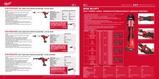 +
+
+
#MILWAUKEETOOL
92
C18 PCG/600 | M18™
HEAVY DUTY PISTOLE NA KARTUŠE – 600 ML VÁLEC
ºº Až 4500 N výtlačné síly, o 40% vyšší než současná Milwaukee®
výtlačná
pistole
ºº REDLINK™
ochrana proti přetížení chráni nářadí i akumulátor před
extrémním namáháním
ºº Optimalizovaný výkon u všech druhů studených tmelů a lepidel
ºº Anti-odkapávací funkce zabraňuje nežádoucímu odkapávaní
ºº Škála 6-ti stupňů rychlosti – zabezpečuje konstantní průtok
ºº Robustní konstrukce pístu zabezpečuje konstantní průtok, znižuje zpětný
ráz a vytlačí všechen tmel z kartuše
ºº Individuální řízení jednotlivých článků optimalizuje odběr při provozu nářadí
a prodlužuje životnost
ºº Ukazatel stavu nabití a LED světlo
ºº REDLITHIUM-ION™
akumulátor poskytuje až 2x delší dobu chodu, až o
20% více síly, až 2x delší životnost aku, lepší provoz i při teplotě -20 °C ve
srovnání s ostatní technologie Li-Ion
ºº Flexibilní aku systém - provoz s každým akumulátorem Milwaukee®
M18™
ALU VÁLEC 600 ML NA MĚKKÉ TUBY.
UMOŽŇUJE POUŽITÍ STANDARDNÍCH
BALENÍ MATERIÁLŮ 600 ML V MĚK-
KÝCH TUBÁCH (OBSAHUJE 2 KON-
COVKY TUBY). VYŽADUJE PODÁVACÍ
TYČ (48091091) A PÍST (44700375).
Objednací číslo 4932352845
C18 PCG/400 | M18™
HEAVY DUTY PISTOLE NA KARTUŠE – 400 ML VÁLEC
ºº Až 4500 N výtlačné síly, o 40% vyšší než současná Milwaukee®
výtlačná
pistole
ºº REDLINK™
ochrana proti přetížení chráni nářadí i akumulátor před
extrémním namáháním
ºº Optimalizovaný výkon u všech druhů studených tmelů a lepidel
ºº Anti-odkapávací funkce zabraňuje nežádoucímu odkapávaní
ºº Škála 6-ti stupňů rychlosti – zabezpečuje konstantní průtok
ºº Robustní konstrukce pístu zabezpečuje konstantní průtok, znižuje zpětný
ráz a vytlačí všechen tmel z kartuše
ºº Individuální řízení jednotlivých článků optimalizuje odběr při provozu nářadí
a prodlužuje životnost
ºº Ukazatel stavu nabití a LED světlo
ºº REDLITHIUM-ION™
akumulátor poskytuje až 2x delší dobu chodu, až o
20% více síly, až 2x delší životnost aku, lepší provoz i při teplotě -20 °C ve
srovnání s ostatní technologie Li-Ion
ºº Flexibilní aku systém - provoz s každým akumulátorem Milwaukee®
M18™
PRŮHLEDNÝ ALU VÁLEC 400 ML NA
MĚKKÉ TUBY. UMOŽŇUJE POUŽITÍ
STANDARDNÍCH BALENÍ MATERIÁLŮ
400 ML V MĚKKÝCH TUBÁCH (OB-
SAHUJE 2 KONCOVKY TUBY). VYŽA-
DUJE PODÁVACÍ TYČ (48091090) A
PÍST (44700375).
Objednací číslo 4932352842
C18 PCG/310 | M18™
HEAVY DUTY PISTOLE NA KARTUŠE – 310 ML KARTRIDŽ
ºº Až 4500 N výtlačné síly, o 40% vyšší než současná Milwaukee®
výtlačná
pistole
ºº REDLINK™
ochrana proti přetížení chráni nářadí i akumulátor před
extrémním namáháním
ºº Optimalizovaný výkon u všech druhů studených tmelů a lepidel
ºº Anti-odkapávací funkce zabraňuje nežádoucímu odkapávaní
ºº Škála 6-ti stupňů rychlosti – zabezpečuje konstantní průtok
ºº Robustní konstrukce pístu zabezpečuje konstantní průtok, znižuje zpětný
ráz a vytlačí všechen tmel z kartuše
ºº Individuální řízení jednotlivých článků optimalizuje odběr při provozu nářadí
a prodlužuje životnost
ºº Ukazatel stavu nabití a LED světlo
ºº REDLITHIUM-ION™
akumulátor poskytuje až 2x delší dobu chodu, až o
20% více síly, až 2x delší životnost aku, lepší provoz i při teplotě -20 °C ve
srovnání s ostatní technologie Li-Ion
ºº Flexibilní akumulátorový systém - provoz s každým akumulátorem
Milwaukee®
M18™
STANDARDNÍ TUBA 310 ML.
LZE POUŽÍT VŠECHNY STAN-
DARDNÍ MĚKKÉ TUBY/ KAR-
TRIDŽE 250 ML A 310 ML.
Součástí je podávací tyč (4932352937) a píst pro
přepravní sestavy a šnekový podavač (44700330).
Objednací číslo 48081076
M18 BLHPT
M18™
FORCE LOGIC™
KOMPAKTNÍ BEZUHLÍKOVÝ LISOVACÍ NÁSTROJ
ºº Nový kompaktní bezkomutátorový motor v lisovacím nástroji FORCE LOGIC™
zajišťuje až o 10 % rychlejší
spojení a o 20 % delší dobu provozu
ºº Nejkompaktnější řadové uspořádání s o 13 % nižší hmotností pro snadnou obsluhu
ºº Jednoruční nástroj pro práci nad hlavou a v úzkých prostorech
ºº REDLINK™
ochrana proti přetížení chrání nářadí i akumulátor před extrémním namáháním
ºº Komunikace akumulátoru a nářadí: v případě nízké hladiny nabití lisovací cyklus nezačíná. Kontrola
akumulátoru před
ºº lisováním zajišťuje, aby každý lisovací cyklus byl úplně dokončen.
ºº Ukazatel tlaku FORCE LOGIC™
: Poskytuje vizuální potvrzení kvality spojení
ºº Dlouhodobá spolehlivost FORCE LOGIC™
: Bezkonkurenčních 40 000 cyklů mezi kalibracemi – nástroj bude
pokračovat v práci po dosažení 40 000 cyklů
ºº Servisní intervaly : moderní elektronický čítač cyklů upozorní uživatele dosáhne-li nářadí intervalu ke
kalibraci
ºº Umožnuje lisovat až do průměru 108 mm měděných a 110 mm vrstevných trubek
ºº Univerzální upínání čelistí – kompatibilní pro použití nejběžnějších velikostí čelistí na trhu
ºº REDLINK™
Individuální řízení jednotlivých článků optimalizuje odběr při provozu
ºº nářadí a prodlužuje životnost
ºº Ukazatel stavu nabití a LED světlo
Nejkompaktnější konstrukce in-line
Provoz jednou rukou
Ukazatel tlaku FORCE LOGIC™
C18 PCG/600A-201B C18 PCG/600T-201B
Kapacita aku (Ah) 2.0 2.0
Počet dostupných akumulátorů 1 1
Nabíječka dodávano 40 min 40 min
Max. výtlačná síla (Nm) 4500 4500
Nastavení rychlosti 6 6
Standardní vybavení 600 ml alu válec 600 ml průhl. válec
Hmotnost vč. aku (kg) 2.3 2.3
Dodávaný v Taška Taška
Objednací číslo 4933441305 4933441808
WWW.MILWAUKEETOOL.CZ
Další technické specifikace včetně údajů o hlučnosti a vibraci viz naši webovou stránku: www.milwaukeetool.cz
C18 PCG/310C-201B
Kapacita aku (Ah) 2.0
Počet dostupných akumulátorů 1
Nabíječka 40 min
Max. výtlačná síla (Nm) 4500
Nastavení rychlosti 6
Standardní vybavení 310 ml držák kartridžu
Hmotnost vč. aku (kg) 2.3
Dodávaný v Taška
Objednací číslo 4933441310
M18 BLHPT-202C M18 BLHPT-202C M-SET M18 BLHPT-202C V-SET M18 BLHPT-202C TH-SET M18 BLHPT-202C U-SET
Kapacita aku (Ah) 2.0 2.0 2.0 2.0 2.0
Počet dostupných akumulátorů 2 2 2 2 2
Nabíječka 40 min 40 min 40 min 40 min 40 min
Počet cyklů 40,000 40,000 40,000 40,000 40,000
Lisovací síla [kN] 32 32 32 32 32
Max.lisovací velikost v kovu (mm) 108 108 108 108 108
Max.lisovací velikost v plastu (mm) 110 110 110 110 110
Hmotnost vč. aku (kg) 2.9 2.9 2.9 2.9 2.9
Standardní vybavení - 3 x M-profil čelistí (15/22/28 mm) 3 x V-profil čelistí (15/22/28 mm) 3 x TH-profil čelistí (16/20/32 mm) 3 x U-profil čelistí (16/20/25 mm)
Dodávaný v kufr kufr kufr kufr kufr
Objednací číslo 4933451132 4933451133 4933451134 4933451135 4933451136
Profil čelistí Vhodný k Nominální velikost Potřebuje Objednací číslo
M
Geberit: Mapress
VSH: X-Press
Eurotubi
Raccorderie Metallique
Rubinetterie Bresciane
Sanha: Nirosan
Pegler Yorkshire
M12 - 4932430244
M15 - 4932430246
M18 - 4932430248
M22 - 4932430250
M28 - 4932430252
M35 - 4932430254
M42 RJA-1 4932430255
M54 RJA-1 4932430256
V
Viega
Comap
IBP
Sanha: Nirosan
V12 - 4932430261
V15 - 4932430263
V18 - 4932430265
V22 - 4932430267
V28 - 4932430269
V35 - 4932430271
V42 RJA-1 4932430272
V54 RJA-1 4932430273
TH
ALB
Comap
Frankische
Henco (TH14 - TH25 only)
IPA
Sanha
Tiemme
TH14 - 4932430275
TH16 - 4932430277
TH18 - 4932430279
TH20 - 4932430281
TH25 - 4932430355
TH26 - 4932430284
TH32 - 4932430286
TH40 RJA-1 4932430288
TH50 RJA-1 4932430289
TH63 RJA-1 4932430290
U
ALB
Uponor: Unipipe, Airpipe
Kan: Kan-therm
Wavin: Press-Systeme
Frankische: Alpex F50
Profi
DW Verbundrohr
Multitubo
IBP:BFlex
U14 - 4932430292
U16 - 4932430294
U18 - 4932430296
U20 - 4932430298
U25 - 4932430300
U32 - 4932430302
U40 RJA-1 4932430304
U50 RJA-1 4932430305
U63 RJA-1 4932430306
Adaptér pro kulaté čelisti. - 4932430307
C18 PCG/400T-201B
Kapacita aku (Ah) 2.0
Počet dostupných akumulátorů 1
Nabíječka 40 min
Max. výtlačná síla (Nm) 4500
Nastavení rychlosti 6
Standardní vybavení 400 ml průhledný válec
Hmotnost vč. aku (kg) 2.3
Dodávaný v Taška
Objednací číslo 4933441812
 