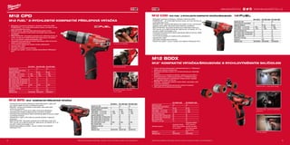 9
#MILWAUKEETOOL
98
M12 CPD
M12 FUEL™
2-RYCHLOSTNÍ KOMPAKTNÍ PŘÍKLEPOVÁ VRTAČKA
ºº Milwaukee®
je autorem konstrukce i výrobcem motorů bez uhlíků
POWERSTATE™
- až 10-krát delší životnost motoru, až 2-krát více síly
a až 2-krát delší doba chodu
ºº REDLINK PLUS™
nejmodernější elektronický systém na trhu,
ochrana proti přetížení chrání nářadí i akumulátor před extrémním
namáháním
ºº REDLITHIUM-ION™
akumulátor poskytuje až 2x delší doba chodu, až
o 20% více síly, až 2x delší životnost aku, lepší provoz i při teplotě
-20 °C ve srovnání s ostatní technologie Li-Ion
ºº Individuální řízení jednotlivých článků optimalizuje odběr při provozu
nářadí a prodlužuje životnost
ºº 13 mm kovové sklíčidlo pro snadné výměnu příslušenství
ºº Ukazatel stavu nabití
ºº LED světlo osvětluje pracovní plochu
ºº Flexibilní aku systém - provoz s každým akumulátorem Milwaukee®
M12™
13 mm kovové sklíčidlo
Kovová převodovka
Komapktný design s výkonem
14,4 V nářadí
M12 BPD | M12™
KOMPAKTNÍ PŘÍKLEPOVÁ VRTAČKA
ºº Vysokovýkonná kompaktní příklepová vrtačka Milwaukee®
o délce 190
mm, který je ideální pro práci ve stísněném prostoru
ºº REDLINK™
ochrana proti přetížení chrání nářadí i akumulátor před
extrémním namáháním
ºº 10 mm skličidlo pro rychlé upnutí celého sortimentu příslušenství
ºº Optimalizovaná rukojeť pro lepší kontrolu a komfortní uchopení
ºº Individuální řízení jednotlivých článků optimalizuje odběr při provozu nářadí
a prodlužuje životnost
ºº Ukazatel stavu nabití a LED světlo-pro pohodlí uživatele v nejasných
prostorách
ºº REDLITHIUM-ION™
akumulátor poskytuje až 2x delší doba chodu, až o
20% více síly, až 2x delší životnost aku, lepší provoz i při teplotě -20 °C ve
srovnání s ostatní technologie Li-Ion
ºº Flexibilní akumulátorový systém - provoz s každým akumulátorem
Milwaukee®
M12™
M12 CDD | M12 FUEL™
2-RYCHLOSTNÍ KOMPAKTNÍ VRTAČKA/ŠROUBOVÁK
ºº Milwaukee®
je autorem konstrukce i výrobcem motorů bez uhlíků
POWERSTATE™
- až 10-krát delší životnost motoru, až 2-krát více síly a až
2-krát delší doba chodu
ºº REDLINK PLUS™
nejmodernější elektronický systém na trhu, ochrana proti
přetížení chrání nářadí i akumulátor před extrémním namáháním
ºº REDLITHIUM-ION™
akumulátor poskytuje až 2x delší doba chodu, až o
20% více síly, až 2x delší životnost aku, lepší provoz i při teplotě -20 °C ve
srovnání s ostatní technologie Li-Ion
ºº Individuální řízení jednotlivých článků optimalizuje odběr při provozu nářadí
a prodlužuje životnost
ºº 13 mm kovové sklíčidlo pro snadné výměnu příslušenství
ºº Ukazatel stavu nabití
ºº LED světlo osvětluje pracovní plochu
ºº Flexibilní aku systém - provoz s každým akumulátorem Milwaukee®
M12™
M12 BDDX
M12™
KOMPAKTNÍ VRTAČKA/ŠROUBOVÁK S RYCHLOVÝMĚNNÝM SKLÍČIDLEM
ºº Vysoce výkonný subkompaktní vrtačka/šroubovák 4-v-1 Milwaukee®
systém pro extrémní všestrannost
ºº Snímatelný sklíčidlový systém se 3 různými hlavami pro nejrůznější
aplikace
ºº Standardní 10 mm bezklíčové sklíčidlo, celokovová pravoúhlá ¼”
šestihranná hlava a celokovová posuvová ¼” šestihranná hlava
ºº ¼” vrtačka/šroubovák za sklíčidlovým úchytem zkrátí v případě
potřeby délku držáku na 153 mm
ºº REDLINK™
ochrana proti přetížení chrání nářadí i akumulátor před
extrémním namáháním
ºº Celokovová planetová převodovka pro extrémní trvanlivost
ºº LED světlo pro osvětlení pracovní plochy
Ofsetová hlava - práce blízko okrajů
Pravoúhlá hlava - práce ve stísněných
prostorech
1/4˝ Hex sklíčidlo
M12 BPD-0 M12 BPD-202C M12 BPD-402C
Kapacita aku (Ah) − 2.0 4.0
Počet dostupných akumulátorů 0 2 2
Nabíječka dodávano − 40 min 80 min
Počet otáček - 1.st. (ot./min) 0 - 400 0 - 400 0 - 400
Počet otáček - 2.st. (ot./min) 0 - 1500 0 - 1500 0 - 1500
Kapacita sklíčidla (mm) 10 10 10
Max. průměr vrtání do dřeva (mm) 22 22 22
Max. průměr vrtání do oceli (mm) 10 10 10
Max. průměr vrtání do zdiva (mm) 10 10 10
Max. počet úderů (ú./min) 22,500 22,500 22,500
Max. moment (Nm) 30 30 38
Hmotnost vč. aku (kg) − 1.2 1.5
Dodávaný v − kufr kufr
Objednací číslo 4933441950 4933441940 4933441935
M12 CPD-0 M12 CPD-202C M12 CPD-402C
Kapacita aku (Ah) − 2.0 4.0
Počet dostupných akumulátorů 0 2 2
Nabíječka dodávano − 40 min 80 min
Počet otáček - 1.st. (ot./min) 0 - 450 0 - 450 0 - 450
Počet otáček - 2.st. (ot./min) 0 - 1700 0 - 1700 0 - 1700
Kapacita sklíčidla (mm) 13 13 13
Max. průměr vrtání do dřeva (mm) 25 25 25
Max. průměr vrtání do oceli (mm) 13 13 13
Max. průměr vrtání do zdiva (mm) 13 13 13
Max. počet úderů (ú./min) 25,500 25,500 25,500
Max. moment (Nm) 37 37 44
Hmotnost vč. aku (kg) − 1.3 1.5
Dodávaný v − kufr kufr
Objednací číslo 4933440380 4933440370 4933440375
M12 BDDX-202C M12 BDDXKIT-202C
Kapacita aku (Ah) 2.0 2.0
Počet dostupných akumulátorů 2 2
Nabíječka dodávano 40 min 40 min
Počet otáček - 1.st. (ot./min) 0 - 400 0 - 400
Počet otáček - 2.st. (ot./min) 0 -1500 0 -1500
Kapacita sklíčidla (mm) 10 10
Max. průměr vrtání do dřeva (mm) 25 25
Max. průměr vrtání do oceli (mm) 10 10
Max. moment (Nm) 32 32
Hmotnost vč. aku (kg) 1.2 1.2
Standardní vybavení
Snímatelné sklíčidlo
FIXTEC, klip na opasek,
25 mm bit PZ2
Snímatelné sklíčidlo
FIXTEC, posuvové
upevnění, pravoúhlá
hlava, klip na opasek,
25 mm bit PZ2
Dodávaný v kufr kufr
Objednací číslo 4933447830 4933447836
M12 CDD-0 M12 CDD-202C M12 CDD-402C
Kapacita aku (Ah) − 2.0 4.0
Počet dostupných akumulátorů 0 2 2
Nabíječka dodávano − 40 min 80 min
Počet otáček - 1.st. (ot./min) 0 - 450 0 - 450 0 - 450
Počet otáček - 2.st. (ot./min) 0 - 1700 0 - 1700 0 - 1700
Kapacita sklíčidla (mm) 13 13 13
Max. průměr vrtání do dřeva (mm) 25 25 25
Max. průměr vrtání do oceli (mm) 13 13 13
Max. moment (Nm) 37 37 44
Hmotnost vč. aku (kg) − 1.3 1.5
Dodávaný v − kufr kufr
Objednací číslo 4933440400 4933440390 4933440395
Další technické specifikace včetně údajů o hlučnosti a vibraci viz naši webovou stránku: www.milwaukeetool.cz
WWW.MILWAUKEETOOL.CZ
Další technické specifikace včetně údajů o hlučnosti a vibraci viz naši webovou stránku: www.milwaukeetool.cz
 