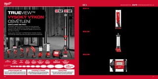 100
#MILWAUKEETOOL
101100
M18 IL | M18™
TRUEVIEW™
KONTROLNÍ SVĚTLO
ºº VYSOCE VÝKONNÉ SVÍTILNY TRUEVIEW™
kombinují nejpokročilejší
technologii LED, víceúčelové konstrukce produktů a akumulátory
REDLITHIUM-ION™
za účelem zajistit našim klíčovým řemeslníkům vyšší
produktivitu po celý jejich pracovní den. Každá svítilna TRUEVIEW™
SE
PŘIZPŮSOBÍ, FUNGUJE a ODOLÁVÁ, jako žádná jiná svítilna aktuálně
používaná profesionály
ºº Konstrukce se třemi LED a 2 možnostmi nastavení světla dodává 300
lumenů při vysokém a 130 lumenů při nízkém nastavení
ºº Hlava otočná o 45° dopředu a dozadu umožňuje pokrytí 180°
ºº Snímatelná deska čoček umožňuje uživateli vyměňovat desky čoček v
případě poškození namísto výměny celé jednotky
ºº 2 nastavitelné kovové háčky pro zavěšení ve svislé i vodorovné poloze
ºº Až 15 hodin provozu s M18™
REDLITHIUM-ION™
4.0 Ah baterií při
nastavení světla na vysokou úroveň
ºº Díky kompaktní konstrukci pracuje i v místech, kde to jiná světla nedokáží
ºº Ochrana proti rozstřikující vodě ze všech úhlů (IP24)
M18 LL | M18™
TRUEVIEW™
LUCERNOVÁ SVÍTILNA
ºº VYSOCE VÝKONNÉ SVÍTILNY TRUEVIEW™
kombinují nejpokročilejší
technologii LED, víceúčelové konstrukce produktů a akumulátory
REDLITHIUM-ION™
za účelem zajistit našim klíčovým řemeslníkům vyšší
produktivitu po celý jejich pracovní den. Každá svítilna TRUEVIEW™
SE
PŘIZPŮSOBÍ, FUNGUJE a ODOLÁVÁ, jako žádná jiná svítilna aktuálně
používaná profesionály
ºº 180° - 360° nastavitelný paprsek - všestranná konstrukce, umožňuje
uživateli vybírat mezi plošným osvětlením a nasměrovaným osvětlením
ºº Nejlepší výkon ve své třídě - bezkonkurenční světelný výkon 700 lumenů,
určený k osvětlení velkých ploch
ºº Vysoce výkonná USB nabíječka nabíjí tablety, smart phony, MP3
přehrávače i jiné elektronické přístroje
ºº Trvanlivost na pracovišti - robustní konstrukce s čočkami odolnými proti
nárazu, které vydrží i v zátěžových podmínkách pracoviště
ºº 4 možnosti nastavení světla - 700 lumenů na vysoký výkon a
stroboskopické světlo (100%), 350 lumenů na střední výkon (50%), 70
lumenů na nízký výkon (10%)
ºº Až 9 hodin provozu s M12™
REDLITHIUM-ION™
4.0 Ah baterií při nastavení
vysokého výkonu
ºº 2 háčky na zavěšení
M18 AL | M18™
TRUEVIEW™
LED PLOŠNÉ SVĚTLO
ºº VYSOCE VÝKONNÉ SVÍTILNY TRUEVIEW™
kombinují nejpokročilejší
technologii LED, víceúčelové konstrukce produktů a akumulátory
REDLITHIUM-ION™
za účelem zajistit našim klíčovým řemeslníkům vyšší
produktivitu po celý jejich pracovní den. Každá svítilna TRUEVIEW™
SE
PŘIZPŮSOBÍ, FUNGUJE a ODOLÁVÁ, jako žádná jiná svítilna aktuálně
používaná profesionály
ºº Osm vysoce výkonných LED zajišťuje světelný tok 1 500 lumenů – až o 30
% vyšší jas než 250W halogenové svítilny
ºº Až 8 hod. provozu s 4,0 Ah aku REDLITHIUM-ION™
, 2-stupňové nastavení
síly světla, ochrana před zahříváním
ºº Kompaktní klec zaručuje vynikající trvanlivost
ºº Praktická zabudovaná rukojeť - možnost svislého nebo vodorovného
zavěšení
ºº Flexibilita pro upevnění na trubku o průměru max. 13 mm, závitovou tyč
nebo výstuž maximalizuje bezdotykový provoz
ºº Flexibilní akumulátorový systém - provoz s každým akumulátorem
Milwaukee®
M18™
M18 AL-0
Kapacita aku (Ah) −
Počet dostupných akumulátorů 0
Nabíječka dodávano −
Systém M18
Aku kompatibilita Všechny Milwaukee®
M18™
aku
Typ žárovky LED
Max. světelný výkon (Lumen) 1500 / - / 780 / -
Hmotnost vč. aku (kg) 2.1
Dodávaný v −
Objednací číslo 4932430392
M18 LL-0
Kapacita aku (Ah) −
Počet dostupných akumulátorů 0
Nabíječka dodávano −
Systém M18
Aku kompatibilita Všechny Milwaukee®
M18™
aku
Typ žárovky LED
Max. světelný výkon (Lumen) 700 / 350 / 70 / 700
Délka světelného paprsku (m) 29
Hmotnost vč. aku (kg) 1.4
Dodávaný v −
Objednací číslo 4932430563
M18 IL-0
Kapacita aku (Ah) −
Počet dostupných akumulátorů 0
Nabíječka dodávano −
Systém M18
Aku kompatibilita Všechny Milwaukee®
M18™
aku
Typ žárovky LED
Max. světelný výkon (Lumen) 300 / - / 130 / -
Hmotnost vč. aku (kg) 1.2
Dodávaný v −
Objednací číslo 4932430564
OSVĚTLUJEME VÁM PRÁCI
TRUEVIEW™
lighting solutions combine the most advanced
LED technology, versatile product designs, and REDLITHIUM™
batteries to provide our core tradesmen greater productivity as
they take on their day.
Každá svítilna TRUEVIEW™
SE PŘIZPŮSOBÍ, PODÁVÁ VÝKON a
ODOLÁVÁ jako žádná jiná svítilna aktuálně používaná profesionály.
LED SVÍTILNA TRUEVIEW™
LED
REFLEKTOR
OD OSVĚTLENÍ
ÚLOHY...
TRUEVIEW™
LED TYČOVÁ
SVÍTILNA
TRUEVIEW™ LED
LUCERNOVÉ
SVĚTLO
TRUEVIEW™
LUCERNOVÁ
SVÍTILNA
LED
SVÍTILNA
TRUEVIEW™
KONTROLNÍ
SVĚTLO
TRUEVIEW™ LED
PLOŠNÉ SVĚTLO
TRUEVIEW™ LED
STOJANOVÁ
SVÍTILNA
... PO
OSVĚTLENÍ
PLOCHY
TRUEVIEW™
VYSOKÝ VÝKON
OSVĚTLENÍ
PŘIZPŮSOBÍ SE
TRUEVIEW™ nabízí profesionálům schopnost posvítit si
přímo na svoji práci, stejně jako ovládat intenzitu a směr
světelných paprsků pro vyšší produktivitu na pracovišti.
ODOLÁVÁ
Zesílená nárazuvzdorná pouzdra a čočky odolávají výzvám
při použití v průmyslovém prostředí a skvělá tepelná
regulace chrání LED po celou dobu jejich životnosti.
PODÁVÁ VÝKON
Díky použití vysoce kvalitních LED, optice navržené
společností Milwaukee® a akumulátorům REDLITHIUM-
ION™ svítí svítidla TRUEVIEW™ jasněji a déle.
WWW.MILWAUKEETOOL.CZ
NOVÉ
NOVÉ
 