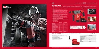 milwaukeetool.eu
#MILWAUKEETOOL
107106
+
#MILWAUKEETOOL
107106
M28 CHPX
M28 FUEL™
HEAVY DUTY KOMBI KLADIVO SDS-PLUS S VYSOKÝM VÝKONEM
ºº Milwaukee®
je autorem konstrukce i výrobcem motorů bez uhlíků
POWERSTATE™
ºº REDLINK PLUS™
nejmodernější elektronický systém na trhu,
ochrana proti přetížení chrání nářadí i akumulátor před extrémním
namáháním
ºº REDLITHIUM-ION™
akumulátor poskytuje až o 65% delší dobu
chodu a až o 20% delší životnost, lepší provoz i při teplotě -20 °C ve
srovnání s ostatní technologie Li-Ion
ºº Vysoce výkonný motor umožňuje výkon srovnatelný s elektrickým
nářadím
ºº Nejvýkonnější ve své tříde. Účinný mechanismus kladiva: dodává
4,7 J nárazové energie při nízkých vibracích 8,1 m/s² díky novému
dvoukolejnicovému antivibračnímu systému*
ºº Celokovová skříň převodovky - optimální usazení převodů pro
prodloužení provozní životnosti
ºº Provoz ve 4 režimech: otočné kladivo, samotné kladivo, samotná
rotace a variolock pro maximální všestrannost
ºº FIXTEC systém - bezklíčová výměna sklíčidla
ºº Individuální řízení jednotlivých článků optimalizuje odběr při provozu
nářadí a prodlužuje životnost
ºº Ukazatel stavu nabití
ºº Kompatibilní s odsavačem prachu M18-28 CPDEX
ºº *podána žádost o patent
Nejvýkonnější ve své tříde - 4.1 J
Nízké vibrace 8,1 m / s² díky novému
antivibračnímu dual-rail systému *
SADA 7 VRTÁKŮ PRO
PŘÍKLEPOVÉ VRTÁNÍ SDS-PLUS.
Ø 5 / 6 / 8 x 110 mm i Ø 6 / 8 / 10 / 12 x 160 mm.
Objednací číslo 4932352339
Kovová převodová skříň
M18-28 CPDEX | M18-28 FUEL™
HEAVY DUTY SDS-PLUS ODSAVAČ PRACHU
ºº Zkonstruovaný pro účinný sběr prachu s automatickým provozem
aktivovaným hlavním vypínačem na nářadí
ºº Filtr HEPA: obecně považovaný za nejlepší filtr, který zachytí částice všech
velikostí s účinností 99,75 %
ºº Velká sběrná nádoba na nečistoty
ºº Hliníková trubka pro odsávání prachu je nastavitelná podle velikosti vrtáku
s max. délkou 16 mm a max. hloubkou 90 mm
ºº Kompatibilní s M18 CHPX a M28 CHPX
M18-28 CPDEX-0
Kapacita aku (Ah) −
Počet dostupných akumulátorů 0
Nabíječka dodávano −
Max. průměr vrtáku (mm) 16
Max. hloubka vrtání (mm) 90
Max. délka vrtáku (mm) 160
Délka zdvihu (mm) 100
Hmotnost bez aku (kg) 1.6
Dodávaný v −
Objednací číslo 4933446810
M28 CHPX-0 M28 CHPX-502C
Kapacita aku (Ah) − 5.0
Počet dostupných akumulátorů 0 2
Nabíječka dodávano − 90 min
Upínání nářadí SDS-Plus SDS-Plus
Energie příklepu (EPTA)(J) 4.1 4.1
Max. průměr vrtání do dřeva (mm) 30 30
Max. průměr vrtání do oceli (mm) 13 13
Max. průměr vrtání do betonu (mm) 28 28
Max. počet úderů (ú./min) 0 - 5000 0 - 5000
Vibrační vrtání (m/s² ) 8.1 8.1
Vibrace při sekání (m/s²) 8.1 8.1
Hmotnost vč. aku (kg) − 4.7
Dodávaný v − kufr
Objednací číslo 4933448000 4933448010
Další technické specifikace včetně údajů o hlučnosti a vibraci viz naši webovou stránku: www.milwaukeetool.cz
WWW.MILWAUKEETOOL.CZ
 