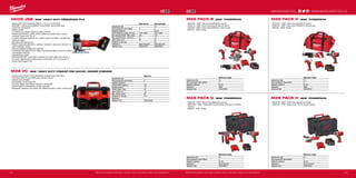 113
#MILWAUKEETOOL
113112
HD28 JSB | M28™
HEAVY DUTY PŘÍMOČARÁ PILA
ºº Milwaukee®
motor poskytuje 2800 ot. / min pro rychlé řezání
ºº REDLINK™
ochrana proti přetížení chrání nářadí i akumulátor před
extrémním namáháním
ºº Měkký rozběh
ºº 2 rychlosti pro vhodné otáčky pro daný materiál
ºº Patentovaný FIXTEC, rychlá výměna plátku bez použití klíče a rychlé
nastavení úkosu od 0° do 45°
ºº 4 polohy nastavení předkyvu pro zvýšení výkonu při řezání a prodloužení
životnosti plátku
ºº Stavitelné odsávání prachu
ºº Přesné vedení pilového listu s opěrným válečkem v jehlových ložiscích ve
velmi hlubokém uložení
ºº Slitinová základová deska pro odolnost
ºº Individuální řízení jednotlivých článků optimalizuje odběr při provozu nářadí
a prodlužuje životnost
ºº Ukazatel stavu nabití
ºº REDLITHIUM-ION™
akumulátor poskytuje až o 65% delší dobu chodu a
až o 20% delší životnost, lepší provoz i při teplotě -20 °C ve srovnání s
ostatní technologie Li-Ion
M28 VC | M28™
HEAVY DUTY VYSAVAČ PRO SUCHÉ I MOKRÉ VYSÁVÁNÍ
ºº Vysoce výkonný 28 V motor Milwaukee®
dodává velký sací výkon
ºº Filtr účinný (99,7%) pro odfiltrování jemného prachu
ºº Zabudovaný ventilátor
ºº Omyvatelný mokrý/suchý filtr
ºº Tool box design pro snadný transport a uskladnění
ºº Uložení hadice a příslušenství na těle vysavače
ºº Standardní vybavení: omyvatelný filtr, štěrbinová dýza, hadice, široká dýza
M28 PACK D | M28™
POWERPACKM28 PACK B | M28™
POWERPACK
ºº HD28 PD – M28™
Heavy Duty příklepová vrtačka
ºº HD28 CS – M28™
Heavy Duty okružní pila pro dřevo
ºº HD28 SX - M28™
Heavy Duty SAWZALL®
šavlová pila
ºº M28 WL – M28™
lampa
ºº HD28 PD – M28™
Heavy Duty příklepová vrtačka
ºº HD28 SX – M28™
Heavy Duty SAWZALL®
šavlová pila
ºº M28 WL – M28™
lampa
M28 PACK G | M28™
POWERPACK M28 PACK H | M28™
POWERPACK
ºº HD28 PD – M28™
Heavy Duty příklepová vrtačka
ºº HD28 AG – M28™
Heavy Duty 115 mm úhlová bruska
ºº HD28 PD – M28™
Heavy Duty příklepová vrtačka
ºº M28 CHPX - M28™
Heavy Duty kombi kladivo SDS-plus s vysokým
výkonem
ºº M28 WL - M28™
lampa
M28 VC-0
Kapacita aku (Ah) −
Počet dostupných akumulátorů 0
Nabíječka dodávano −
Kapacita tekutý odpad (l) 9.6
Kapacita pevný (l) 7.5
Průměr hadice (mm) 32
Délka hadice (m) 1.6
Max. vakuum (mbar) 80
Hmotnost vč. aku (kg) 5.4
Dodávaný v −
Objednací číslo 4933404620
HD28 JSB-0X HD28 JSB-502X
Kapacita aku (Ah) − 5.0
Počet dostupných akumulátorů 0 2
Nabíječka dodávano − 90 min
Počet zdvihů bez zatížení (zd./min) 2100 / 2800 2100 / 2800
Max. kapacita řezání - dřevo (mm) 135 135
Max. kapacita řezání - ocel (mm) 10 10
Délka zdvihu (mm) 26 26
Hmotnost vč. aku (kg) − 3.5
Dodávaný v Heavy Duty kufr Heavy Duty kufr
Objednací číslo 4933432090 4933448542
M28 PACK G-502X
Kapacita aku (Ah) 5.0
Počet dostupných akumulátorů 2
Nabíječka dodávano 90 min
Dodávaný v Heavy Duty kufr
Objednací číslo 4933448970
M28 Pack H-502X
Kapacita aku (Ah) 5.0
Počet dostupných akumulátorů 2
Nabíječka dodávano 90 min
Dodávaný v Heavy Duty kufr
Objednací číslo 4933448548
M28 Pack B-502B
Kapacita aku (Ah) 5.0
Počet dostupných akumulátorů 2
Nabíječka dodávano 90 min
Dodávaný v Taška
Objednací číslo 4933448546
M28 Pack D-502B
Kapacita aku (Ah) 5.0
Počet dostupných akumulátorů 2
Nabíječka dodávano 90 min
Dodávaný v Taška
Objednací číslo 4933448547
Další technické specifikace včetně údajů o hlučnosti a vibraci viz naši webovou stránku: www.milwaukeetool.czDalší technické specifikace včetně údajů o hlučnosti a vibraci viz naši webovou stránku: www.milwaukeetool.cz
WWW.MILWAUKEETOOL.CZ
 