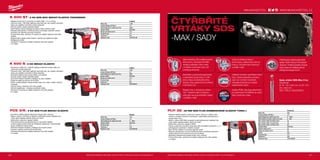 121
#MILWAUKEETOOL
121120
K 500 ST | 5 KG SDS-MAX SEKACÍ KLADIVO TRADESMAN
ºº Nejlepší poměr síly k hmotnosti ve vlastní třídě - 7,5 J a 5,9 kg
ºº Výkonný motor 1100 Watt zajišťuje maximální sílu, ale s lepším odvodem
tepla; pro zajištění maximální možné odolnosti
ºº Plynulý rozběh, přesné započetí sekání
ºº Nízká hladina vibrací zlepšuje dovolenou dobu užívání za den
ºº Robustní převodovka z hořčíkové slitiny umožňující optimální uložení
převodů a tím dlouhou provozní životnost
ºº Funkce Roto-stop, variolock (12 poloh) pro ideální nastavení úhlu břitu
sekáče
ºº Bezpečnostní spojka chráni kladivo i obsluhu při zaseknutí vrtáku
ºº Softgripové madlo
ºº Variolock (12 poloh) pro ideální nastavení úhlu břitu sekáče
ºº 4 m kabel
K 500 S | 5 KG SEKACÍ KLADIVO
ºº Rozměrný a těžký 8,5 J úderník zajišťuje maximální energii úderu při
zachování vysoké odolnosti
ºº Výkonný motor 1300 Watt zajišťuje maximální sílu, ale s lepším odvodem
tepla; pro zajištění maximální možné odolnosti
ºº Konstantní elektronika udržuje otáčky i při zatížení
ºº Plynulý rozběh, přesné započetí sekání
ºº AVS (Anti-Vibrační-Systém) a Softgrip na obou madlech
ºº Přídavné madlo lze opnout do tří poloh
ºº Režim „měkký příklep” snižuje energii úderu pro vrtání / sekání citlivých
materiálů
ºº Vypnutí rotace, nastavení úhlu břitu sekáče
ºº Servisní signalizace - indikace opotřebení uhlíků
ºº Variolock (12 poloh) pro ideální nastavení úhlu břitu sekáče
ºº 6 m kabel
PCE 3/K | 3 KG SDS-PLUS SEKACÍ KLADIVO
ºº Rozměrný a těžký úderník disponuje energií úderu 3,6 joulu
ºº Motor o výkonu 720 Watt ve spojení s optimalizovanými otáčkami pro
vrtání nabízí nepřekonatelné výkony při vrtání
ºº Elektronika s plynulou regulací otáček
ºº Plně izolovaná kovová převodovka pro maximální stabilitu
ºº Lehké a ergonomické madlo lze bezpečně zaaretovat v nejvýhodněší
pozici vhodné pro danou práci
ºº AVS (Anti-Vibrační-Systém) a Softgrip pro komfort práce
ºº Vypínač s aretací, komfort při dlouhé práci
ºº Variolock (35 poloh) pro ideální nastavení úhlu břitu sekáče
ºº 4 m kabel
PLH 32 | 32 MM SDS-PLUS KOMBINOVANÉ KLADIVO TVARU L
ºº Robustní odolné kladivo s výtečným vrtacím výkonem v betonu díky
motoru s vysokým kroutícím momentem, odpovídající převodovkou a
energií úderu 3,8 J
ºº Motor o výkonu 900 Watt ve spojení s optimalizovanými otáčkami pro
vrtání nabízí nepřekonatelné výkony při vrtání
ºº Elektronika s plynulou regulací otáček
ºº Dobrá vyváženost a snadná manipulace díky kompaktní konstrukci „L”, s
antivibračním systémem a měkkou rukojetí
ºº Díky FIXTEC systému je výměna nástroje rychlá
ºº Robustní převodovka z kovové hořčíkové slitiny umožňující optimální
uložení převodů a tím dlouhou provozní životnost
ºº Spolehlivá bezpečnostní spojka chrání stroj i obsluhu
ºº Funkce Roto-stop, variolock pro ideální nastavení úhlu břitu sekáče
ºº 4 m kabel
PCE3/K
Příkon (W) 720
Energie příklepu (EPTA)(J) 3.6
Počet příklepů při zatížení (př./min) 0 - 3650
Upínání nářadí SDS-Plus
Hmotnost (kg) 3.7
Dodávaný v kufr
Objednací číslo 4933384300
K 500 S
Příkon (W) 1300
Energie příklepu (EPTA)(J) 8.5
Počet příklepů při zatížení (př./min) 2840
Upínání nářadí SDS-Max
Vibrace při sekání (m/s²) 11,5
Hmotnost (kg) 6.3
Dodávaný v kufr
Objednací číslo 4933398220
K 500 ST
Příkon (W) 1100
Energie příklepu (EPTA)(J) 7.5
Počet příklepů při zatížení (př./min) 3000
Upínání nářadí SDS-Max
Vibrace při sekání (m/s²) 16.7
Hmotnost (kg) 5.9
Dodávaný v kufr
Objednací číslo 4933443180
PLH 32 XE
Příkon (W) 900
Energie příklepu (EPTA)(J) 3.8
Počet příklepů při zatížení (př./min) 0 - 4500
Počet otáček při plném zatížení (ot./min) 0 - 800
Max. průměr vrtání do betonu (mm) 32
Max. průměr vrtání do oceli (mm) 16
Max. průměr vrtání do dřeva (mm) 40
Upínání nářadí SDS-Plus
Vibrační vrtání (m/s² ) 22
Vibrace při sekání (m/s²) 20
FIXTEC Ano
Hmotnost (kg) 3.6
Dodávaný v kufr
Objednací číslo 4933400069
ČTYŘBŘITÉ
VRTÁKY SDS
-MAX / SADY
Sada vrtáků SDS-Max 5 ks.
Obsahuje:
Ø 16 / 18 x 540 mm, Ø 20 / 22 /
25 x 520 mm.
OBJ. ČÍSLO 4932352800
Velký karbidový břit s patentovanými
sklony prutu. Zaručuje minimální
vibrace a optimální výkon vrtání
v kontaktu s armovací ocelí, což
prodlužuje životnost.
Speciálně vypracovaná geometrie
s optimálně symetrickou 4 x 90°,
silnou hlavou karbidového břitu.
Snižuje riziko zaseknutí při kontaktu
s armovací tyčí.
Středicí hrot s vrcholovým úhlem
130°. Snadné vrtání s bodovou
přesností zaručuje optimální vedení
v průběhu vrtání.
Výkonná přídavná fréza s
dynamickou, sešikmenou řeznou
hranou. Pomáhá hlavní fréze pro
rychlejší vrtání.
Viditelné označení opotřebení hlavní
frézy. Záruka přesného průměru,
např. pro montáž hmoždinek.
Ukazatel životnosti pro případ
reklamačního řízení.
Značka PGM. Zaručuje přesné díry
při upevňování hmoždinek po celou
dobu životnosti vrtáku.
Patentovaná posílená geometrie
spirály. Čisté vrtání při minimálních
vibracích. Posílená spirála omezuje
riziko prasknutí. Nejlepší přenos
příklepové energie na břit.
WWW.MILWAUKEETOOL.CZ
Další technické specifikace včetně údajů o hlučnosti a vibraci viz naši webovou stránku: www.milwaukeetool.cz Další technické specifikace včetně údajů o hlučnosti a vibraci viz naši webovou stránku: www.milwaukeetool.cz
 