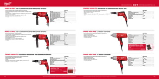 +
+
#MILWAUKEETOOL
129128
PDE 16 RP | 630 W JEDNORYCHLOSTNÍ PŘÍKLEPOVÁ VRTAČKA
ºº Výborná manipulace díky kompaktní ergonomické konstrukci
ºº Planetová převodovka pro použití s nízkými otáčkami a vysokým točivým
momentem
ºº Technologie IMB - Integrated-Metal-Block (integrovaný kovový blok) pro
nejvyšší odolnost a stabilitu
ºº Elektronika: plynulá předvolba otáček pro optimální vrtání
ºº Vypnutí příklepové funkce pro běžné vrtání
ºº 4 m kabel
PDE 13 RX | 630 W JEDNORYCHLOSTNÍ PŘÍKLEPOVÁ VRTAČKA
ºº Ergonomická konstrukce - snadné používání
ºº Technologie IMB - Integrated-Metal-Block (integrovaný kovový blok) pro
nejvyšší odolnost a stabilitu
ºº Elektronika: plynulá předvolba otáček pro optimální vrtání
ºº Vypnutí příklepu pro vrtání
ºº Rychlosklíčidlo 1,5-13 mm s jedním pouzdrem
ºº Snadný přístup k uhlíkům po sejmutí měkké rukojeti
ºº 4 m kabel
TKSE 2500 Q | ELEKTRICKÝ ŠROUBOVÁK PRO SAMOŘEZNÉ ŠROUBY
ºº Kovová převodovka pro přesné uložení ložisek a ozubených kol
ºº Nehlučná spojka, elektronicky řízená rychlost
ºº Snadné snímání hl. dorazu
ºº Softgrip
ºº Standardní vybavení: spona na opasek, objímka - sada 6/8/10 mm
(49663004), 4 m QUIK-LOK kabel
SOUPRAVA ŠESTIHRANNÝCH
NÁSTAVCŮ 3 KS.
magnetické nástavce Ø 6 / 8 / 10 mm.
Objednací číslo 49663004
DWSE 4000 Q | ŠROUBOVÁK DO SÁDROKARTONU (SUCHÁ ZEĎ)
ºº Kovová převodovka pro přesné uložení ložisek a ozubených kol
ºº Nehlučná spojka, elektronicky řízená rychlost
ºº Snadné snímání hl. dorazu
ºº Softgrip
ºº Standardní vybavení: držák bitů, bit PH2, klip na opasek, 4 m QUIK-LOK
kabel
IPWE 400 RQ | 1
⁄2˝ RÁZOVÝ UTAHOVÁK
ºº Kovová převodovka pro přesné uložení ložisek a ozubených kol
ºº Výstupní moment 400 Nm
ºº Softgrip a ergonomické madlo
ºº Stavitelná rychlost, levý / pravý chod
ºº 4 m QUIK-LOK kabel
SADA ZÁSTRČEK 1
⁄2“ 10 KS
SHOCKWAVE IMPACT DUTY™
.
Obsahuje: 8 / 10 / 11 / 12 / 13 / 14 / 16 / 17 / 19 /
21 mm.
Objednací číslo 4932352861
IPWE 520 RQ | ¾˝ RÁZOVÝ UTAHOVÁK
ºº Kovová převodovka pro přesné uložení ložisek a ozubených kol
ºº Výstupní moment 520 Nm
ºº Softgrip a ergonomické madlo
ºº Stavitelná rychlost, levý / pravý chod
ºº 4 m QUIK-LOK kabel
TKSE 2500 Q
Příkon (W) 725
Počet otáček bez zatížení (ot./min) 0 - 2500
Šrouby do dřeva (mm) 6
Max. statické blokování točivého momentu (Nm) 25
Upínání nářadí 1
⁄4˝ Hex
Hmotnost (kg) 1.4
Dodávaný v −
Objednací číslo 679050
PDE 13 RX
Příkon (W) 630
Počet otáček bez zatížení (ot./min) 0 - 2900
Max. průměr vrtání do betonu (mm) 15
Max. průměr vrtání do zdiva (mm) 18
Max. průměr vrtání do oceli (mm) 13
Max. průměr vrtání do dřeva (mm) 30
Max. statické blokování točivého momentu (Nm) 21
Kapacita sklíčidla (mm) 13
Hmotnost (kg) 1.8
Dodávaný v kufr
Objednací číslo 4933409200
PDE 16 RP
Příkon (W) 630
Počet otáček bez zatížení (ot./min) 0 - 950
Max. průměr vrtání do betonu (mm) 16
Max. průměr vrtání do zdiva (mm) 20
Max. průměr vrtání do oceli (mm) 13
Max. průměr vrtání do dřeva (mm) 40
Max. statické blokování točivého momentu (Nm) 59
Kapacita sklíčidla (mm) 13
Hmotnost (kg) 2.0
Dodávaný v kufr
Objednací číslo 4933409206
IPWE 520 RQ
Příkon (W) 725
Počet otáček bez zatížení (ot./min) 0 - 1700
Počet úderů (ú./min) 1000 - 2500
Max. moment (Nm) 520
Šrouby M24
Upínání nářadí 3
⁄4˝ čtyřhran
Hmotnost (kg) 2.8
Dodávaný v −
Objednací číslo 907650
IPWE 400 RQ
Příkon (W) 725
Počet otáček bez zatížení (ot./min) 0 - 1700
Počet úderů (ú./min) 1000 - 2600
Max. moment (Nm) 400
Šrouby M20
Upínání nářadí 1
⁄2˝ čtyřhran
Hmotnost (kg) 2.7
Dodávaný v −
Objednací číslo 907250
DWSE 4000 Q
Příkon (W) 725
Počet otáček bez zatížení (ot./min) 0 - 4000
Šrouby do dřeva (mm) 4.8
Max. statické blokování točivého momentu (Nm) 20
Upínání nářadí 1
⁄4˝ Hex
Hmotnost (kg) 1.3
Dodávaný v −
Objednací číslo 674350
WWW.MILWAUKEETOOL.CZ
Další technické specifikace včetně údajů o hlučnosti a vibraci viz naši webovou stránku: www.milwaukeetool.cz Další technické specifikace včetně údajů o hlučnosti a vibraci viz naši webovou stránku: www.milwaukeetool.cz
 