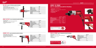 +
+
#MILWAUKEETOOL
137136
B4-32 | 1050 W ČTYŘRYCHLOSTNÍ VRTAČKA
ºº Výkonný 1050 W motor
ºº Čtyřrychlostní vrtačka pro náročné vrtací operace do oceli až do 32 mm
ºº Robustní kovová skříň, opláštění v oblasti motoru
ºº Vřeteno s kuželem Morse pro přesné držení nástroje
ºº Příčná rukojeť a hrudní opěrka pro bezpečnou manipulaci a intenzivní
přítlak
ºº Hodí se také pro stacionární aplikaci s magnetickým vrtacím stojanem
ºº 4 m kabel
B2E 16 RLD | 900 W DVOURYCHLOSTNÍ VRTAČKA
ºº Výkonný 900 W motor
ºº Vysoký kroutící moment a nízká rychlost pro nesnadné aplikace
ºº Variabilní rychlost
ºº Kovová převodovka pro dlouhou provozní životnost
ºº 16 mm kovové uzamykací sklíčidlo
ºº 4 m kabel
HD2E 13 R | 705 W DVOURYCHLOSTNÍ VRTAČKA
ºº Kompaktný design a výkonný 705 W motor
ºº Plynule nastavitelná rychlost, pravý-levý chod
ºº Kovová převodovka pro vynikající trvanlivost
ºº 13 mm kovové rychloupínací sklíčidlo
ºº Madlo soft grip a ergonomický design pro komfortní používání
ºº 4 m kabel
HDE 13 RQX
950 W JEDNORYCHLOSTNÍ VRTAČKA
ºº Kompaktný design a výkonný 950 W motor
ºº Regulace otáček
ºº Vysoký moment při použití s nízkými otáčkami a vysokým točivým
momentem
ºº 13 mm kovové rychloupínací sklíčidlo
ºº Automatická aretace hřídele
ºº Pravý-levý chod
ºº 4 m QUIK-LOK kabel
Kovové rychloupínací sklíčidlo
Pravý-levý chod
SADA 17 KS KRUHOVÝCH PIL.
Objednací číslo 49224102
QUIK-LOK kabel
HDE 13 RQD | 825 W JEDNORYCHLOSTNÍ VRTAČKA
ºº Kompaktný design a výkonný 825 W motor
ºº Regulace otáček
ºº Vysoký moment při použití s nízkými otáčkami a vysokým točivým
momentem
ºº Sklíčidlo s ozub. věncem 1,5 - 13 mm
ºº Pravý-levý chod
ºº 4 m QUIK-LOK kabel
PRAVOÚHLÝ VRTACÍ NÁSTAVEC.
Spojka, objímka a rukojeť (46 mm x 95 mm).
Objednací číslo 48062871
HD2E 13 R
Příkon (W) 705
Počet otáček - 1.st. (ot./min) 0 - 1050
Počet otáček - 2.st. (ot./min) 0 - 2200
Max. průměr vrtání do oceli (mm) 13
Max. průměr vrtání do dřeva (mm) 40
Max. statické blokování točivého momentu (Nm) 60
Kapacita sklíčidla (mm) 13
Upínání nářadí 1
⁄2˝ x 20
Hmotnost (kg) 2.7
Dodávaný v −
Objednací číslo 4933390186
B2E 16 RLD
Příkon (W) 900
Počet otáček - 1.st. (ot./min) 0 - 750
Počet otáček - 2.st. (ot./min) 0 - 1600
Max. průměr vrtání do oceli (mm) 16
Max. průměr vrtání do dřeva (mm) 40
Max. statické blokování točivého momentu (Nm) 88
Kapacita sklíčidla (mm) 16
Upínání nářadí M18 x 2.5
Hmotnost (kg) 4.2
Dodávaný v −
Objednací číslo 4933380482
B4-32
Příkon (W) 1050
Počet otáček - 1.st. (ot./min) 220
Počet otáček - 2.st. (ot./min) 260
Počet otáček - 3.st. (ot./min) 350
Počet otáček - 4.st. [ot./min] 420
Max. průměr vrtání do oceli (mm) 32
Max. průměr vrtání do dřeva (mm) 52
Max. statické blokování točivého momentu (Nm) 200
Upínání nářadí MT3
Hmotnost (kg) 9.7
Dodávaný v −
Objednací číslo 4933380519
HDE 13 RQD
Příkon (W) 825
Počet otáček bez zatížení (ot./min) 0 - 500
Max. průměr vrtání do oceli (mm) 13
Max. průměr vrtání do dřeva (mm) 38
Max. statické blokování točivého momentu (Nm) 101
Kapacita sklíčidla (mm) 13
Upínání nářadí 1
⁄2˝ x 20
Hmotnost (kg) 3.2
Dodávaný v −
Objednací číslo 110750
HDE 13 RQX HDE 13 RQX KIT
Příkon (W) 950 950
Počet otáček bez zatížení (ot./min) 0 - 850 0 - 850
Max. průměr vrtání do oceli (mm) 13 13
Max. průměr vrtání do dřeva (mm) 38 38
Max. statické blokování točivého momentu (Nm) 94 94
Kapacita sklíčidla (mm) 13 13
Upínání nářadí 1
⁄2˝ x 20 1
⁄2˝ x 20
Hmotnost (kg) 2.0 2.0
Dodávaný v − kufr
Objednací číslo 030250 4933428550
WWW.MILWAUKEETOOL.CZ
Další technické specifikace včetně údajů o hlučnosti a vibraci viz naši webovou stránku: www.milwaukeetool.cz Další technické specifikace včetně údajů o hlučnosti a vibraci viz naši webovou stránku: www.milwaukeetool.cz
 