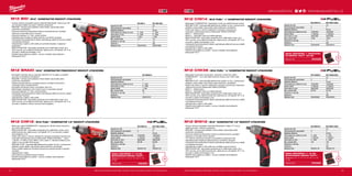 +
+
+
#MILWAUKEETOOL
1312
M12 BID | M12™
KOMPAKTNÍ RÁZOVÝ UTAHOVÁK
ºº Vysoce výkonný kompaktní rázový utahovák Milwaukee®
, který je jen 165
mm dlouhý je ideální pro práci v těsných prostorech
ºº REDLINK™
ochrana proti přetížení chrání nářadí i akumulátor před
extrémním namáháním
ºº Výkonné celokovové převodové ústrojí a ozubená kola pro vynikající
odolnost a maximální točivý moment
ºº Uchycení nástroje 1/4‘‘ Hex, rychlá výměna
ºº Optimalizovaná rukojeť pro lepší kontrolu a komfortní uchopení
ºº Individuální řízení jednotlivých článků optimalizuje odběr při provozu nářadí
a prodlužuje životnost
ºº Ukazatel stavu nabití a LED světlo-pro pohodlí uživatele v nejasných
prostorách
ºº REDLITHIUM-ION™
akumulátor poskytuje až 2x delší doba chodu, až o
20% více síly, až 2x delší životnost aku, lepší provoz i při teplotě -20 °C ve
srovnání s ostatní technologie Li-Ion
ºº Flexibilní akumulátorový systém - provoz s každým akumulátorem
Milwaukee®
M12™
M12 BRAID | M12™
KOMPAKTNÍ PRAVOÚHLÝ RÁZOVÝ UTAHOVÁK
ºº Kompaktní pravúhlý rázový utahovák měří 287 mm na délku a je ideální
pro práci ve stísněných prostorech
ºº REDLINK™
ochrana proti přetížení chrání nářadí i akumulátor před
extrémním namáháním
ºº Celokovové převodovky a ozubená kola pro vynikající trvanlivost a
maximální točivý moment 68 Nm
ºº Kompaktní konstrukce hlavy s průměrem 35,6 mm
ºº Multi-design rukojeti pro více ručních pozic a maximální pohodlí
ºº Uchycení nástroje 1/4’’ Hex, rychlá výměna
ºº Individuální řízení jednotlivých článků optimalizuje odběr při provozu nářadí
a prodlužuje životnost
ºº Ukazatel stavu nabití a LED světlo
ºº REDLITHIUM-ION™
akumulátor poskytuje až 2x delší doba chodu, až o
20% více síly, až 2x delší životnost aku, lepší provoz i při teplotě -20 °C ve
srovnání s ostatními Lithium-ionovými technologiemi
M12 CIW12 | M12 FUEL™
KOMPAKTNÍ 1/2˝ RÁZOVÝ UTAHOVÁK
ºº Motor bez uhlíků POWERSTATE™
poskytuje až 160 Nm točivý moment a
až o 25% větší rychlost
ºº REDLITHIUM-ION™
akumulátor poskytuje až 2x delší dobu chodu, až 2x
delší životnost aku, lepší provoz i při teplotě -20 °C ve srovnání s ostatní
technologiemi Li-Ion
ºº Výběr mezi režimy s různým nastavením rychlosti a točivého momentu pro
maximální všestrannost pomocí Milwaukee®
DRIVE CONTROL™
- režim
1: 65 Nm / 0-1500 ot./min/ 2650 ú./min a režim 2: 160 Nm/0-2650 ot./min
/3500 ú./min pro M8 –M18 šrouby
ºº REDLINK PLUS™
nejmodernější elektronický systém na trhu, ochrana proti
přetížení chrání nářadí i akumulátor před extrémním namáháním
ºº Úzké a krátké nářadí pro komfortní použití pro snandné použití a komfort
uživatele
ºº Ukazatel stavu nabití
ºº LED světlo pro osvětlení pracovní plochy
ºº Flexibilní akumulátorový systém - provoz s každým akumulátorem
Milwaukee®
M12™
SADA ZÁSTRČEK 1
⁄2“ 10 KS
SHOCKWAVE IMPACT DUTY™
.
Obsahuje: 8 / 10 / 11 / 12 / 13 / 14 / 16 / 17 / 19 /
21 mm.
Objednací číslo 4932352861
M12 CIW14 | M12 FUEL™ 1
⁄4˝ KOMPAKTNÍ RÁZOVÝ UTAHOVÁK
ºº Milwaukee®
POWERSTATE™
bezuhlíkový motor pro delší životnost motoru
ºº REDLINK PLUS™
nejmodernejší elektronický systém na trhu, ochrana proti
přetížení chrání nářadí i akumulátor před extrémním namáháním
ºº Výběr mezi režimy s různým nastavením rychlosti i momentu pro
maximálnu všestrannost pomocí Milwaukee®
DRIVE CONTROL™
ºº Režim 1 - přesné práce
ºº Režim 2 - maximální výkon pro těžké aplikace
ºº REDLITHIUM-ION™
akumulátor poskytuje až 2x delší doba chodu, až o
20% více síly, až 2x delší životnost aku, lepší provoz i při teplotě -20 °C ve
srovnání s ostatní technologie Li-Ion
ºº Individuální řízení jednotlivých článků optimalizuje odběr při provozu nářadí
a prodlužuje životnost
ºº Ukazatel stavu nabití a LED světlo
ºº Flexibilní akumulátorový systém - provoz s každým akumulátorem
Milwaukee®
M12™
SADA ZÁSTRČEK 1
⁄4˝ SHOCKWA-
VE IMPACT DUTY™
20 KS.
Objednací číslo 4932352862
M12 CIW38 | M12 FUEL™ 3
⁄8˝ KOMPAKTNÍ RÁZOVÝ UTAHOVÁK
ºº Milwaukee®
je autorem konstrukce i výrobcem motorů bez uhlíku
POWERSTATE™
- až 2-krát delší životnost motoru a až o 40% vyšší
moment
ºº REDLINK PLUS™
nejmodernější elektronický systém na trhu, ochrana proti
přetížení chrání nářadí i akumulátor před extrémním namáháním
ºº Výběr mezi režimy s různým nastavením rychlosti i moment pro maximálnu
všestrannost pomocí Milwaukee®
DRIVE CONTROL™
ºº Režim 1 - přesné práce
ºº Režim 2 - maximální výkon pro těžké aplikace
ºº REDLITHIUM-ION™
akumulátor poskytuje až 2x delší doba chodu, až o
20% více síly, až 2x delší životnost aku, lepší provoz i při teplotě -20 °C ve
srovnání s ostatní technologie Li-Ion
ºº Individuální řízení jednotlivých článků optimalizuje odběr při provozu nářadí
a prodlužuje životnost
ºº Ukazatel stavu nabití a LED světlo
ºº Flexibilní akumulátorový systém - provoz s každým akumulátorem
Milwaukee®
M12™
M12 BIW12 | M12™
KOMPAKTNÍ 1/2˝ RÁZOVÝ UTAHOVÁK
ºº Vysoce výkonný kompaktní utahovák Milwaukee®
o délce 171 mm je
ideální pro práci v těsných prostorech
ºº REDLINK™
ochrana proti přetížení chrání nářadí i akumulátor před
extrémním namáháním
ºº Výkonné celokovové převodové ústrojí a ozubená kola pro vynikající
odolnost a maximální točivý moment
ºº 1/2˝ čtyřhran upínání pro použití s ​​univerzálními nástrčnými klíči
ºº Optimalizovaná rukojeť pro lepší kontrolu a komfortní uchopení
ºº Individuální řízení jednotlivých článků optimalizuje odběr při provozu nářadí
a prodlužuje životnost
ºº Ukazatel stavu nabití a LED světlo pro osvětlení pracovní plochy
ºº REDLITHIUM-ION™
akumulátor poskytuje až 2x delší doba chodu, až o
20% více síly, až 2x delší životnost aku, lepší provoz i při teplotě -20 °C ve
srovnání s ostatní technologie Li-Ion
ºº Flexibilní akumulátorový systém - provoz s každým akumulátorem
Milwaukee®
M12™
SADA ZÁSTRČEK 1
⁄2“ 10 KS
SHOCKWAVE IMPACT DUTY™
.
Obsahuje: 8 / 10 / 11 / 12 / 13 / 14 / 16 / 17 / 19 /
21 mm.
Objednací číslo 4932352861
M12 CIW12-0 M12 CIW12-202C
Kapacita aku (Ah) − 2.0
Počet dostupných akumulátorů 0 2
Nabíječka dodávano − 40 min
Počet otáček bez zatížení (ot./min) 1500/2650 1500/2650
Upínání nářadí 1
⁄2˝ čtyřhran 1
⁄2˝ čtyřhran
Počet úderů (ú./min) 2650/3500 2650/3500
Max. moment (Nm) 65/160 65/160
Hmotnost vč. aku (kg) − 1.0
Dodávaný v − kufr
Objednací číslo 4933447132 4933447130
M12 BRAID-0
Kapacita aku (Ah) −
Počet dostupných akumulátorů 0
Nabíječka dodávano −
Počet otáček bez zatížení (ot./min) 0 - 2425
Počet úderů (ú./min) 0 - 3300
Upínání nářadí 1
⁄4˝ Hex
Max. moment (Nm) 68
Hmotnost vč. aku (kg) 1.2
Dodávaný v −
Objednací číslo 4933451247
M12 BID-0 M12 BID-202C
Kapacita aku (Ah) − 2.0
Počet dostupných akumulátorů 0 2
Nabíječka dodávano − 40 min
Počet otáček bez zatížení (ot./min) 0 - 2500 0 - 2500
Počet úderů (ú./min) 0 - 3300 0 - 3300
Upínání nářadí 1
⁄4˝ Hex 1
⁄4˝ Hex
Max. moment (Nm) 112 112
Hmotnost vč. aku (kg) − 1.0
Dodávaný v − kufr
Objednací číslo 4933441955 4933441960
M12 BIW12-0 M12 BIW12-202C
Kapacita aku (Ah) − 2.0
Počet dostupných akumulátorů 0 2
Nabíječka dodávano − 40 min
Počet otáček bez zatížení (ot./min) 0 - 2550 0 - 2550
Upínání nářadí 1
⁄2˝ čtyřhran 1
⁄2˝ čtyřhran
Počet úderů (ú./min) 0 - 3400 0 - 3400
Max. moment (Nm) 138 138
Hmotnost vč. aku (kg) − 1.0
Dodávaný v − kufr
Objednací číslo 4933447134 4933447133
M12 CIW38-0 M12 CIW38-202C
Kapacita aku (Ah) − 2.0
Počet dostupných akumulátorů 0 2
Nabíječka dodávano − 40 min
Počet otáček bez zatížení (ot./min) 1200/2650 1200/2650
Upínání nářadí 3
⁄8˝ čtyřhran 3
⁄8˝ čtyřhran
Počet úderů (ú./min) 2650/3500 2650/3500
Max. moment (Nm) 23/158 23/158
Hmotnost vč. aku (kg) − 1.0
Dodávaný v − kufr
Objednací číslo 4933440460 4933440420
M12 CIW14-0 M12 CIW14-202C
Kapacita aku (Ah) − 2.0
Počet dostupných akumulátorů 0 2
Nabíječka dodávano − 40 min
Počet otáček bez zatížení (ot./min) 1200/2650 1200/2650
Upínání nářadí 1
⁄4˝ čtyřhran 1
⁄4˝ čtyřhran
Počet úderů (ú./min) 3000/4000 3000/4000
Max. moment (Nm) 13/56 13/56
Hmotnost vč. aku (kg) − 1.0
Dodávaný v − kufr
Objednací číslo 4933440455 4933440415
WWW.MILWAUKEETOOL.CZ
Další technické specifikace včetně údajů o hlučnosti a vibraci viz naši webovou stránku: www.milwaukeetool.cz Další technické specifikace včetně údajů o hlučnosti a vibraci viz naši webovou stránku: www.milwaukeetool.cz
 