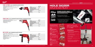 #MILWAUKEETOOL
139138
HDE 10 RQX | 725 W JEDNORYCHLOSTNÍ VRTAČKA
ºº Kompaktný design a výkonný 725 W motor
ºº Elektronický spínač proměnných otáček pro zajištění hladkého, snadného
začátku vrtání
ºº Vysoký moment při použití s nízkými otáčkami a vysokým točivým
momentem
ºº Průmyslové rychlosklíčidlo s jedním pouzdrem
ºº Automatická aretace hřídele
ºº Levý / pravý chod
ºº 4 m QUIK-LOK kabel
HDE 6 RQ | 725 W JEDNORYCHLOSTNÍ VRTAČKA (VYSOKORYCHLOSTNÍ)
ºº Kompaktný design a výkonný 725 W motor
ºº Kovová převodovka pro přesné uložení ložisek a ozubených kol
ºº Sklíčidlo s ozub. věncem 1,5 - 10 mm
ºº Ergonomický design se Softgripem
ºº Pravý-levý chod
ºº 4 m QUIK-LOK kabel
DE 13 RP | 630 W JEDNORYCHLOSTNÍ VRTAČKA
ºº Kompaktný design a výkonný 630 W motor
ºº Elektronika: volitelný výběr otáček před zahájením práce pro optimální
vrtání
ºº Technologie IMB - Integrated-Metal-Block (integrovaný kovový blok) pro
nejvyšší odolnost a stabilitu
ºº Planetová převodovka pro použití s nízkými otáčkami a vysokým točivým
momentem
ºº Kovové rychlosklíčidlo (1,5 - 13 mm)
ºº Možnost volby směru otáčení
ºº Snadný přístup k uhlíkům
ºº 4 m kabel
DE 13 RP
Příkon (W) 630
Počet otáček bez zatížení (ot./min) 0 - 950
Max. průměr vrtání do oceli (mm) 13
Max. průměr vrtání do dřeva (mm) 40
Max. statické blokování točivého momentu (Nm) 59
Kapacita sklíčidla (mm) 13
Upínání nářadí 1
⁄2˝ x 20
Hmotnost (kg) 2.1
Dodávaný v kufr
Objednací číslo 4933409194
HDE 6 RQ
Příkon (W) 725
Počet otáček bez zatížení (ot./min) 0 - 4000
Max. průměr vrtání do oceli (mm) 6
Max. průměr vrtání do dřeva (mm) 16
Max. statické blokování točivého momentu (Nm) 30
Kapacita sklíčidla (mm) 10
Upínání nářadí 1
⁄2˝ x 20 mm
Hmotnost (kg) 1.4
Dodávaný v −
Objednací číslo 010150
HDE 10 RQX
Příkon (W) 725
Počet otáček bez zatížení (ot./min) 0 - 850
Max. průměr vrtání do oceli (mm) 10
Max. průměr vrtání do dřeva (mm) 30
Max. statické blokování točivého momentu (Nm) 63
Kapacita sklíčidla (mm) 10
Upínání nářadí 1
⁄2˝ x 20 mm
Hmotnost (kg) 1.9
Dodávaný v −
Objednací číslo 020250
HOLE DOZER
KRUHOVÉ PILKY
ƒƒ Doživotní záruka proti zlomení zubů
ƒƒ chránená geometrie zubů zajišťuje
nejodolnější formu zubů a nejlepší životnost
ƒƒ Více pákových bodů pro vyřezání materiálů z otvorů
pily pro rychlejší odstranění hmoždin
-- nejhlubší přístup k větším hmoždinám
-- Vyšší přístup k tenkému materiálu
-- Minimalizace prostojů mezi řezy
Sada kruhových pil Hole Dozer 7 ks.
Kruhové pily: Ø 25, 19, 22, 25, 29, 32
mm. Hřídel kruhové pily Ø 14 - 30 mm ( č.
49567010). Rozpěrka a adaptér. šestihranný
klíč imbus 1
⁄8˝.
49224083
Sada 10 kusů kruhových pil.
Kruhové pily: Ø 25, 32, 40, 54, 68, 76
mm. Hřídel kruhové pily Ø 14 - 30 mm (
č. 49567010). Hřídel kruhové pily Ø 32 -
152 mm ( č. 49569100). 2 pilotní vrtáky,
šestihranný klíč imbus 1
⁄8˝.
49224201
Sada 14 ks kruhových pil.
Kruhové pily: Ø 19, 22, 25, 29, 32, 35, 38,
44, 51, 57 mm. Hřídel kruhové pily Ø 14 -
30 mm ( č. 49567010). Hřídel kruhové pily
Ø 32 - 152 mm ( č. 49569100). 2 pilotní
vrtáky, šestihranný klíč imbus 1
⁄8˝ / zhruba
3 mm.
49224152
Sada 17 ks kruhových pil.
Kruhové pily: Ø 20, 22, 25, 32, 40, 44,
51, 57, 64, 65, 67, 68, 76 mm. Hřídel
kruhové pily Ø 14 - 30 mm ( č. 49567010).
Hřídel kruhové pily Ø 32 - 152 mm ( č.
49569100). 2 pilotní vrtáky, klíč imbus 1
⁄8˝ (
č. 49960060).
49224102
CHARAKTERISTIKA:
ƒƒ Pro řezání otvorů s větším průměrem u
klimatizačního potrubí, ventilátorů, svítidel a
stropních reproduktorů
ƒƒ Kryt na sběr prachu pro 100% bezprašnou
práci při vrtání nad hlavou.
ƒƒ Průměr lze nastavit od 51 mm do 178 mm
po 6,4 mm dílcích.
ƒƒ Laserové značení přednastavených měr od
51 - 178 mm.
ƒƒ Vhodné pro použití na sádrokartonové
příčky (max. 25 mm) a stropní desky. Není
vhodné pro dřevěné desky OSB.
NASTAVITELNÁ
KRUHOVÁ PILKA
OBJ. ČÍSLO 49560260
MILWAUKEE®
HOLE DOZER™ NÁŘADÍ JE
VYTVOŘENO PRO PRÁCI NA STAVENIŠTI, KTERÁ
POSKYTUJE NEZASTAVITELNOU TRVANLIVOST
PŘES NEJNÁROČNĚJŠÍ APLIKACE.
WWW.MILWAUKEETOOL.CZ
Další technické specifikace včetně údajů o hlučnosti a vibraci viz naši webovou stránku: www.milwaukeetool.cz
 