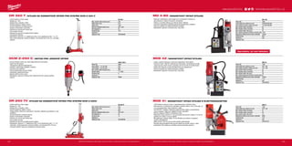 #MILWAUKEETOOL
145144
DR 350 T | STOJAN NA DIAMANTOVÉ VRTÁNÍ PRO SYSTÉM DCM 2-350 C
ºº Lehký hlinikový vrtací stojan
ºº Klopení (0 – 45°)
ºº Displej úhlu a hloubky vrtání
ºº Rychle-spojovací deska motoru
ºº Jemné nastavení rychlosti posuvu
ºº Svislá a horizontální vodováha
ºº Zařízení pro centrování vrtané díry
ºº Vyrovnávací šrouby
ºº Rukojeť lze upevnit na každé straně stojanu
ºº Transportní kolečka
ºº Standardní vybavení: 3
⁄16˝ šestihranný klíč, 6 mm šestihranný klíč, 17 x 19
klíč, rychle spojovací motorová deska, 4 ks šroubů M 8 x 25 mm, centrující
zařízení
DCM 2-250 C | MOTOR PRO JÁDROVÉ VRTÁNÍ
ºº Dvourychlostní motor pro vrtání diamantovými korunkami
ºº Interní kluzná spojka
ºº Třístupňová redukční převodovka
ºº Softstart, elektronika měkkého rozběhu
ºº Ochrana proti přetížení
ºº Obvod zbytkového proudu PRCD
ºº Vestavěná výplachová hlava
ºº Spínací skříň ze dvou kusů
ºº Standardní vybavení: stranový klíč, šestihranný klíč, spínací skříňka,
popruh
DR 250 TV | STOJAN NA DIAMANTOVÉ VRTÁNÍ PRO SYSTÉM DCM 2-250C
ºº Lehký hlinikový vrtací stojan
ºº Klopení (0 – 45°)
ºº Displej úhlu a hloubky vrtání
ºº Rychle-spojovací deska motoru
ºº Integrovaným vakuovým upevněním. Rozměry základny (použitelné s i bez
podtlaku)
ºº Jemné nastavení rychlosti posuvu
ºº Svislá a horizontální vodováha
ºº Zařízení pro centrování vrtané díry
ºº Vyrovnávací šrouby
ºº Rukojeť lze upevnit na každé straně stojanu
ºº Standardní vybavení: 3
⁄16˝ šestihranný klíč, 6 mm šestihranný klíč, 17 x 19
utahovák, rychle spojovací motorová deska, 4 ks šroubů M 8 x 25 mm,
centrující zařízení, gumová manžeta pro použití vakua
MD 4-85 | MAGNETICKÝ VRTACÍ STOJAN
ºº Robustní magnetický vrtací stojan se 4-rychlostním motorem a
převodovkou s velkým krouticím momentem
ºº Vřeteno s kuželem Morse pro přesné držení nástroje
ºº Výkonná magnetická základna garantuje bezpečnost a stabilitu
ºº Panel se spínači pro dobře přístupné ovládání
ºº Standardní vybavení: ochranný kryt, olej, klíče
MDE 42 | MAGNETICKÝ VRTACÍ STOJAN
ºº Lehký, snadno přenosný a výkonný magnetický vrtací stojan
ºº Výkonný motor 1200 W s 3stupňovým převodem umožňuje při použití
vrtací korunky vrtání otvorů o průměru 42 mm do 50 mm tlusté ocele
ºº Veliká sila magnetu a najnovší elektronika pro bezpečnost
ºº Panel se spínači pro dobře přístupné ovládání
ºº Standardní vybavení: ochranný kryt, olej, klíče
MDE 41 | MAGNETICKÝ VRTACÍ STOJAN S ELEKTROMAGNETEM
ºº 1200 Wattový výkonný motor s optimalizovanou rychlostí vrtání
ºº Převodovka s 2 rychlosti pro optimální rychlosti vrtání s 475 a 730 otáč. za
min. při použití frézy nebo rotačních vrtáků
ºº AUTOSTOP™
Detekce: Detekuje nadbytečného otáčky a automaticky
vypne napájení vrtáku pro nejlepší ochranu uživatele
ºº Electro-magnet s 9930 N z přítlačnou silou
ºº Maximální vrtaný průměr 41 mm při použití korunových vrtáků a 13 mm se
spirálovými vrtáky s rovným dříkem
ºº Beznástrojový upínací držák 19 mm Weldon pro rychlou a snadnou
výměnu příslušenství
ºº Délka zdvihu 146 mm pro použití různého příslušenství
ºº Rukojeť demontovatelná bez použití nářadí pro použití vpravo i vlevo
ºº Vestavěné LED světlo pro osvětlení opracovávaného povrchu
DR 250 TV
Max. průměr vrtání korunky (mm) 250
Délka zdvihu (mm) 520
Výška (mm) 834
Rozměry základové desky (mm) 276 x 467
Úhel kapacita (°) 45
Hmotnost (kg) 10
Dodávaný v −
Objednací číslo 4933400590
DCM 2-250 C
Příkon (W) 2800
Počet otáček - 1.st. (ot./min) 450
Počet otáček - 2.st. (ot./min) 900
Max. průměr vrtání korunky (mm) 250
Upínání nářadí 1 1
⁄4˝ UNC
Hmotnost (kg) 9
Dodávaný v −
Objednací číslo 40964
DR 350 T
Max. průměr vrtání korunky (mm) 350
Délka zdvihu (mm) 610
Výška (mm) 1042
Rozměry základové desky (mm) 391 x 523
Úhel kapacita (°) 45
Hmotnost (kg) 19.5
Dodávaný v −
Objednací číslo 4933400600
MDE 41
Příkon (W) 1200
Počet otáček bez zatížení (ot./min) 475 / 730
Max. průměr vrtání s korunkou 41
Max. hloubka vrtání s korunkou 50
Max. průměr vrtání bitu (mm) 13
Magnetická přítlačná síla (na špici vrtáku)(N) 9930
Hmotnost (kg) 13,5
Dodávaný v kufr
Objednací číslo 4933451015
MDE 42
Příkon (W) 1200
Počet otáček bez zatížení (ot./min) 300 - 640
Počet otáček při plném zatížení (ot./min) 170 - 330
Max. průměr vrtání s korunkou 42
Max. hloubka vrtání s korunkou 50
Max. průměr vrtání bitu (mm) 16
Max. statické blokování točivého momentu (Nm) 85
Magnetická přítlačná síla (na špici vrtáku)(N) 10,000
Hmotnost (kg) 11.5
Dodávaný v kufr
Objednací číslo 4933380832
MD 4-85
Příkon (W) 1050
Počet otáček bez zatížení (ot./min) 220/260/350/420
Počet otáček při plném zatížení (ot./min) 115/160/190/260
Max. průměr vrtání s korunkou 85
Max. hloubka vrtání s korunkou 50
Max. průměr vrtání bitu (mm) 32
Max. statické blokování točivého momentu (Nm) 200
Magnetická přítlačná síla (na špici vrtáku)(N) 18,000
Hmotnost (kg) 28.0
Dodávaný v kufr
Objednací číslo
WWW.MILWAUKEETOOL.CZ
Další technické specifikace včetně údajů o hlučnosti a vibraci viz naši webovou stránku: www.milwaukeetool.cz Další technické specifikace včetně údajů o hlučnosti a vibraci viz naši webovou stránku: www.milwaukeetool.cz
Vyprodáno, už není skladem
 