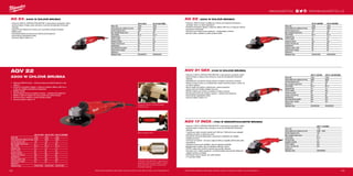 #MILWAUKEETOOL
148 149
AG 24 | 2400 W ÚHLOVÁ BRUSKA
ºº Výkonný 2400 W „PROTECTOR-MOTOR” s epoxydovou pryskyřicí, která
pokrývá stator a Heavy Duty ochranou vinutí pro prodloužení životnosti
nástroje
ºº Ergonomicky řešený kryt motoru pro maximální pohodlí uživatele
ºº Měkký start
ºº Rychlosnímatelný ochranný kryt odolný proti prasknutí
ºº Automatický odpojitelné uhlíky
ºº Gumový kabel o délce 4 m
AGV 22
2200 W ÚHLOVÁ BRUSKA
ºº Výkonný 2200 W motor - účinný povlak pro delší životnost a více
výkonu
ºº Extrémní kompaktní design s celkovou krátkou délkou 485 mm a
5.4kg pro většinu pohodlnou manipulaci
ºº Měkký rozběh
ºº Rychloupínací kryt pro snadnou úpravu - odolný proti prasknutí
ºº Madlo s AVS lze nastavit do dvou poloh pro méně vibrace
ºº Servisní víčka, snadná a rychlá výměna uhlíků
ºº Gumový kabel o délce 4 m
Prasknutí dololný rychlosnímatelný
ochranný kryt
Boční rukojeť s AVS
„PROTECTOR-MOTOR” s epoxydovou
pryskyřicí, která pokrývá stator a Heavy
Duty ochranou vinutí pro prodloužení
životnosti nástroje
AG 22 | 2200 W ÚHLOVÁ BRUSKA
ºº Výkonný, 2200 W motor s práškovou vrstvou pro dlouhou životnost a
vynikající výkon ve všech aplikacích
ºº Extrémní kompaktní design s celkovou délkou 485 mm a 5.2kg pro nejvíce
pohodlnou manipulaci
ºº Ochranný kryt odolný proti prasknutí - prestavitelný s klíčem
ºº Servisní víčka, snadná a rychlá výměna uhlíků
AGV 21 GEX | 2100 W ÚHLOVÁ BRUSKA
ºº Výkonný 2100 W „PROTECTOR-MOTOR” s epoxydovou pryskyřicí, která
pokrývá stator a Heavy Duty ochranou vinutí pro prodloužení životnosti
nástroje
ºº Autobalancer významně snižuje vibrace vznikající nevývahou kotouče
ºº AVS je na krytu motoru a na přídavném madle, komfortní práce, menší vliv
na zdraví obsluhy
ºº Hlavní madlo lze otáčet a zablokovat v sedmi polohách
ºº Jemný start pro hladké zahájení provozu
ºº FIXTEC matice pro rychlou a snadnou výměnu kotouče
ºº Rychloupínací kryt pro snadnou úpravu - odolný proti prasknutí
ºº Automatický odpojitelné uhlíky
ºº Gumový kabel o délce 4 m
AGV 17 INOX | 1750 W NÍZKORYCHLOSTNÍ BRUSKA
ºº Výkonný 1750 W „PROTECTOR-MOTOR” s epoxydovou pryskyřicí, která
pokrývá stator a Heavy Duty ochranou vinutí pro prodloužení životnosti
nástroje
ºº 7 poloh pro výběr různých otáček od 2 000 do 7 600 ot/min pro nejlepší
výsledky při práci s nerezovou ocelí
ºº Konstantní výkonná elektronika s pozvolným rozběhem pro hladké
zahájení provozu
ºº Line lock out funkce – při znovu zapnutí sítě po výpadku sítě se stroj sám
nerozběhne
ºº Tepelná ochrana proti přetížení, aby se zabránilo přehřátí
ºº Bezpečnostní spojka, aby se zabránilo spětným rázům
ºº FIXTEC matice pro výměnu kotoučů bez použití nástrojů
ºº Ochranný kryt, odolný prasknutí, rychlosnímatelný bez použití nářadí pro
nejlepší ochranu uživatele
ºº Antivibrační boční rukojeť pro nižší vibrace
ºº 4 m gumený kabel
AGV 22-180 E AGV 22-230 E AGV 22-230/DMS
Příkon (W) 2200 2200 2200
Počet otáček bez zatížení (ot./min) 8500 6600 6600
Průměr kotouče (mm) 180 230 230
Max. hloubka řezání (mm) 43 68 68
Závit hřídele M 14 M 14 M 14
Hmotnost (kg) 5.3 5.4 5.4
FIXTEC matice Ne Ne Ne
Deadman spínač Ne Ne Ano
Funkce Line lock out Ano Ano Ne
Autobalancer Ne Ne Ne
Přídavné madlo s AVS Ano Ano Ano
Otočná hlavní rukojeť Ne Ne Ne
Dodávaný v − − −
Objednací číslo 4933431820 4933431850 4933431860
AG 24-230 E AG 24-230 E/DMS
Příkon (W) 2400 2400
Počet otáček bez zatížení (ot./min) 6600 6600
Průměr kotouče (mm) 230 230
Max. hloubka řezání (mm) 68 68
Závit hřídele M 14 M 14
Hmotnost (kg) 5.3 5.3
FIXTEC matice Ne Ne
Deadman spínač Ne Ano
Funkce Line lock out Ano Ne
Autobalancer Ne Ne
AVS antivibračný systém Ne Ne
Otočná hlavní rukojeť Ne Ne
Dodávaný v − −
Objednací číslo 4933402325 4933402450
AGV 17-125 INOX
Příkon (W) 1750
Počet otáček bez zatížení (ot./min) 2000 - 7600
Průměr kotouče (mm) 125
Max. hloubka řezání (mm) 33
Závit hřídele M 14
Hmotnost (kg) 2.8
Variabilní rychlost Ano
FIXTEC matice Ano
Funkce Line lock out Ano
Dodávaný v −
Objednací číslo 4933449870
AGV 21-230 GEX AGV 21-230 GEX/DMS
Příkon (W) 2100 2100
Počet otáček bez zatížení (ot./min) 6600 6600
Průměr kotouče (mm) 230 230
Max. hloubka řezání (mm) 68 68
Závit hřídele M 14 M 14
Hmotnost (kg) 5.5 5.5
FIXTEC matice Ano Ano
Deadman spínač Ne Ano
Funkce Line lock out Ano Ne
Autobalancer Ano Ano
AVS antivibračný systém Ano Ano
Otočná hlavní rukojeť Ano Ano
Dodávaný v − −
Objednací číslo 4933402304 4933402525
AG 22-180/DMS AG 22-230/DMS
Příkon (W) 2200 2200
Počet otáček bez zatížení (ot./min) 6600 6600
Průměr kotouče (mm) 180 230
Max. hloubka řezání (mm) 43 68
Závit hřídele M 14 M 14
Hmotnost (kg) 5.1 5.2
FIXTEC matice Ne Ne
Deadman spínač Ano Ano
Funkce Line lock out Ne Ne
Autobalancer Ne Ne
Přídavné madlo s AVS Ne Ne
Otočná hlavní rukojeť Ne Ne
Dodávaný v − −
Objednací číslo 4933431830 4933433630
WWW.MILWAUKEETOOL.CZ
Další technické specifikace včetně údajů o hlučnosti a vibraci viz naši webovou stránku: www.milwaukeetool.cz Další technické specifikace včetně údajů o hlučnosti a vibraci viz naši webovou stránku: www.milwaukeetool.cz
 