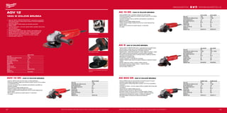 #MILWAUKEETOOL
153152
AGV 12
1200 W ÚHLOVÁ BRUSKA
ºº Výkonný 1200 W „PROTECTOR-MOTOR” s epoxydovou pryskyřicí,
která pokrývá stator a Heavy Duty ochranou vinutí pro prodloužení
životnosti nástroje
ºº Velmi kompaktní a štíhly design pro pohodlné používání
ºº Měkký rozběh
ºº Line lock out funkce – při znovu zapnutí sítě po výpadku sítě se stroj
sám nerozběhne
ºº Ochrana proti přetížení
ºº Bezpečnostní spojka chrání stroj i obsluhu před spětnými rázy
ºº Systém FIXTEC pro výměnu disku bez nutnosti použit nářadí
ºº Rychloupínací kryt pro snadnou úpravu - prasknutí odolný
ºº Postranní rukojeť s AVS pro menší vliv na zdraví obsluhy
ºº Gumový kabel o délce 4 m
Odolná převodovka
AVS přídavné madlo
Ochranný kryt nastavitelný bez použití
nástroje
AGV 10 EK | 1000 W ÚHLOVÁ BRUSKA
ºº Výkonný 1000 W motor pro silný výkon ve všech aplikacích
ºº Extrémně kompaktní design pro komfortní použití s pouze 276 mm délkou
a s hmostností 2,2 kg
ºº Line lock out funkce, aby se zabránilo automatickému spouštění po
přerušení napájení
ºº Jemný start pro hladké zahájení provozu
ºº Postranní rukojeť s AVS pro menší vliv na zdraví
ºº Odolný rychlosnímatelný bezpečnostní kryt pro rychlé nastavení bez
použití nářadí
ºº Šikmý posuvný spínač pro snadné zapnutí i s rukavicemi
ºº 4 m kabel
AG 10 EK | 1000 W ÚHLOVÁ BRUSKA
ºº Výkonný 800W motor s vysokým výkonem pro různá použití
ºº Extrémně kompaktní design pro komfortní použití, pouze 276 mm dlouhý
a s hmostností 2,1 kg
ºº Line lock out funkce, aby se zabránilo automatickému spouštění po
přerušení napájení
ºº Měkký start pro hladké zahájení provozu
ºº Odolný rychlosnímatelný bezpečnostní kryt pro rychlé nastavení bez
použití nářadí
ºº Šikmý posuvný spínač pro snadné zapnutí i s rukavicemi
ºº 4m kabel
AG 9 | 850 W ÚHLOVÁ BRUSKA
ºº Výkonný 850 W „PROTECTOR motor” s epoxydovovou pryskyřicí která
pokrývá stator a chrání celé vinutí, prodlužuje životnost nářadí
ºº Velmi kompaktní a štíhly design pro univerzální používání
ºº Digitální tacho – elektronika s funkcemi: konst. otáčky při zatížení, měkký
start, tepelná ochrana proti přetížení, omezené otáčky naprázdno
ºº Plochá kovová převodová hlava umožňující dobrou viditelnost obrobku,
optimalizovaná hloubka řezu
ºº Převodovka z horčíkové slitiny
ºº Ložiska a přepínač v prachotěsném provedení
ºº Zlepšení chlazení vede vzduch do správne drážky pro optimální chlazení
motoru
ºº FIXTEC matice pro rychlou a snadnú výměnu kotouče
ºº Rychloupínací kryt pro snadnou úpravu - prasknutí odolný
ºº Automatický odpojitelné uhlíky
ºº Gumový kabel o délce 4 m
AG 800 EK | 800 W ÚHLOVÁ BRUSKA
ºº Výkonný 800W motor pro různá použití s hmotností pouze 2,0 kg pro
komfortní použití během delší pracovní činnosti
ºº Velmi kompaktní a štíhlý design těla s pouhými 194 mm pro pohodlnou
manipulaci
ºº Line lock out funkce – při znovu zapnutí sítě po výpadku sítě se stroj sám
nerozběhne
ºº Jemný start pro hladké zahájení provozu
ºº Odolné ocelové převody pro delší životnost
ºº Chráněné vstupní otvory pro vzduch za účelem lepšího chlazení
ºº Plochá kovová hlava převodovky pro vynikající viditelnost obrobku,
optimalizovaná hloubka řezu a práce v omezených oblastech
ºº Rychlosnímatelný ochranný kryt odolný proti prasknutí
ºº 4 m kabel
AGV 10-125 EK
Příkon (W) 1000
Počet otáček bez zatížení (ot./min) 11,000
Průměr kotouče (mm) 125
Max. hloubka řezání (mm) 33
Závit hřídele M 14
Hmotnost (kg) 2.2
FIXTEC matice Ne
Funkce Line lock out Ano
Dodávaný v −
Objednací číslo 4933451222
AGV 12-125 X
Příkon (W) 1200
Počet otáček bez zatížení (ot./min) 11,000
Průměr kotouče (mm) 125
Max. hloubka řezání (mm) 33
Závit hřídele M 14
Hmotnost (kg) 2.4
FIXTEC Ano
Deadman spínač Ne
Funkce Line lock out Ano
Spínač Posuvný vypínač
Dodávaný v −
Objednací číslo 4933428085
AG 800-115 EK AG 800-125 EK
Příkon (W) 800 800
Počet otáček bez zatížení (ot./min) 11,500 11,500
Průměr kotouče (mm) 115 125
Max. hloubka řezání (mm) 28 33
Závit hřídele M 14 M 14
Hmotnost (kg) 2.0 2.0
FIXTEC matice Ne Ne
Funkce Line lock out Ano Ano
Dodávaný v − −
Objednací číslo 4933451212 4933451213
AG 9-125 XC AG 9-125 XE
Příkon (W) 850 850
Počet otáček bez zatížení (ot./min) 10,000 2700 - 10,000
Průměr kotouče (mm) 125 125
Max. hloubka řezání (mm) 33 33
Závit hřídele M 14 M 14
Hmotnost (kg) 1.8 1.8
Variabilní rychlost Ne Ano
FIXTEC matice Ano Ano
Dodávaný v − −
Objednací číslo 4933403200 4933403206
AG 10-115 EK AG 10-125 EK
Příkon (W) 1000 1000
Počet otáček bez zatížení (ot./min) 11,000 11,000
Průměr kotouče (mm) 115 125
Max. hloubka řezání (mm) 28 33
Závit hřídele M 14 M 14
Hmotnost (kg) 2.1 2.1
FIXTEC matice Ne Ne
Funkce Line lock out Ano Ano
Dodávaný v − −
Objednací číslo 4933451219 4933451220
WWW.MILWAUKEETOOL.CZ
Další technické specifikace včetně údajů o hlučnosti a vibraci viz naši webovou stránku: www.milwaukeetool.cz Další technické specifikace včetně údajů o hlučnosti a vibraci viz naši webovou stránku: www.milwaukeetool.cz
 