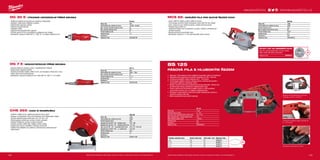 +
+
#MILWAUKEETOOL
159158
DG 30 E | VÝKONNÁ UNIVERZÁLNÍ PŘÍMÁ BRUSKA
ºº Krátká kompaktní konstrukce pro snadnou manipulace
ºº Softstart, elektronika měkkého rozběhu
ºº Elektronická regulace otáček
ºº Celokovová převodovka
ºº Odpojení uhlíků
ºº Ergonomický bezpečnostní vypínač
ºº Průměr upnutí 43 mm, použitelná ve stojanech pro vrtačky
ºº Standardní vybavení: klíče SW 17 / SW 15, 4 m kabel, kleština 6 mm
DG 7 E | NÍZKOOTÁČKOVÁ PŘÍMÁ BRUSKA
ºº Dlouhá hřídel pro snadnou práci v nepřístupných místech
ºº Elektronická regulace otáček
ºº Snížené maximální otáčky 7000 ot./min. pro broušení a frézování v kovu
ºº Heavy Duty kovová převodovka
ºº Standardní vybavení: kleština 6 mm, klíče SW 15 / SW 17, 4 m kabel
CHS 355 | 2300 W ROZBRUŠKA
ºº 2300 W a 3800 ot/min zajišťují excelentní řezný výkon
ºº Aretace ve sklopeném stavu při transportu (není třeba žádný řetěz)
ºº Rychlé nastavení pracovního úhlu od – 45° do + 45°
ºº Rychloupínací svěrák pro rychlou výměnu obrobků
ºº Aretace hřídele pro rychlou výměnu kotouče
ºº Snadná výměna uhlíků díky vnějším krytům uhlíků
ºº Integrovaný kovový ventilátor s dlouhou životností
ºº Celokovová základna se zvýšenou mechanickou odolností proti
deformacím
MCS 66 | OKRUŽNÍ PILA PRO SUCHÉ ŘEZÁNÍ KOVU
ºº Výkon 1800 W, otáčky motoru 4000 za minutu
ºº Technologie suchého řezání poskytuje rychlý čistý řez bez otřepů
ºº Ocel, nerezová ocel, hliníkové slitiny, izolační pěnové panely
ºº Hloubka řezu do 66 mm
ºº Jedinečně řešený kryt s prostorem na piliny, snadno uvolnitelný při
výměně kotouče
ºº Snadné zhotovení ponorného řezu
ºº Standardní vybavení: 1 x 42-zubý speciální pilový kotouč
PÍLOVÝ LIST NA OBRÁBĚNÍ KOVŮ
Nůž s 42 zuby pro řezání oceli 2,5 mm, ocelové
desky, trubky, úhel železo a ocel kanál.
Objednací číslo 48404515
BS 125
PÁSOVÁ PILA S HLUBOKÝM ŘEZEM
ºº Výkonný 1100-wattový motor zajišťuje maximální výkon a trvanlivost
ºº Největší řezná kapacita pro průměr materiálu až 125 x 125 mm
ºº 4-kroková variabilní volba rychlosti od 0 - 116 m/min
ºº Technologie stálého výkonu udržuje řeznou rychlost při použití v
maximální zátěži pro optimální výkon
ºº Spojka chránící převody prodlužuje životnost převodů i motoru tím,
že absorbuje nárazy způsobené zablokováním listu
ºº Tenká celokovová konstrukce pláště motoru a LED osvětlení
pracovního povrchu pro co nejlepší viditelnost řezu
ºº Zamykací mechanismus nože bez použití nástrojů pro rychlou a
snadnou výměnu listů pily
ºº Bota nastavitelná bez použití nástrojů
Největší řezná kapacita pro průměr
materiálu až 125 x 125 mm
4-kroková variabilní volba rychlosti od
0 - 116 m/min
Zamykací mechanismus nože
CHS 355
Příkon (W) 2300
Počet otáček bez zatížení (ot./min) 3800
Průměr kotouče (mm) 355
Kapacita řezu při 90º / 45º - kulatina (mm) 125 / 100
Kapacita řezu při 90º / 45º - hranatý profil (mm) 115 / 80
Kap. řezu při 90º / 45º - pravoúhlý profil (mm) 230 x 70 / 100 x 80
Kapacita řezu při 90º / 45º - „L“ profil (mm) 130 / 80
Průměr hřídele (mm) 25.4
Hmotnost (kg) 18
Dodávaný v −
Objednací číslo 4933411760
DG 7 E
Příkon (W) 600
Počet otáček bez zatížení (ot./min) 3000 - 7000
Max. průměr brusného kotouča (mm) 45
Průměr kleštiny (mm) 6 + 8
Hmotnost (kg) 1.5
Dodávaný v −
Objednací číslo 4933391200
DG 30 E
Příkon (W) 500
Počet otáček bez zatížení (ot./min) 10,000 - 30,000
Max. průměr brusného kotouča (mm) 40
Max. průměr nástroje (mm) 20
Průměr kleštiny (mm) 6
Hmotnost (kg) 1.3
Dodávaný v −
Objednací číslo 4933385100
Tlouštka materiálu (mm) Rozteč zubů (mm) Počet zubů / inch Objednací číslo
≥ 8 2.5 10 48390501
5 - 8 1.8 14 48390511
4 - 5 1.4 18 48390521
≤ 4 1.0 25 48390531
BS 125
Příkon (W) 1100
Rychlost pásu (m/min) 0 - 116
Kapacita řezání obdélníkového profilu (mm) 125 x 125
Max. kapacita řezu – kovové trubky (mm) 125
Délka pilového plátku (mm) 1139.83
Hmotnost (kg) 6.5
Dodávaný v kufr
Objednací číslo 4933448245
MCS 66
Příkon (W) 1800
Počet otáček bez zatížení (ot./min) 4000
Průměr kotouče (mm) 203
Max. hloubka řezání při 90˚ (mm) 66
Průměr hřídele (mm) 15.87
Hmotnost (kg) 6.4
Dodávaný v kufr
Objednací číslo 4933440615
WWW.MILWAUKEETOOL.CZ
Další technické specifikace včetně údajů o hlučnosti a vibraci viz naši webovou stránku: www.milwaukeetool.cz Další technické specifikace včetně údajů o hlučnosti a vibraci viz naši webovou stránku: www.milwaukeetool.cz
 