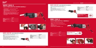 163
+
+
#MILWAUKEETOOL
163162
SSPE 1500 X
1500 W ŠAVLOVÁ PILA SUPER SAWZALL®
ºº 1500 W Milwaukee®
motor – vyjímečná ochrana před přetížením,
chrání před poruchou
ºº Konstantní elektronika – konstantní otáčky i při zatížení
ºº Systém ochrany převodovky – chrání převodovku v případě zabloko-
vání plátku, delší životnost
ºº FIXTEC – snadná a rychlá výměna pílového plátku bez použití
nástroje
ºº Patentovaný Anti-Vibrační-Systém snižuje vibrace při práci 12,5 m/s²
ºº Spínač variabilní rychlosti – maximální ovládání rychlosti
ºº Opěrná patka je stavitelná bez nástroje, optimalizuje využití plátku
ºº Standardní vybavení: 1 x plátek SAWZALL®
, klíč na sadu pro uchy-
cení a 4 m kabel
FIXTEC systém a stavitelná opěrná
patka
Orbitální působeníMechanismus protizávaží zajišťuje nízké
vibrace - 12,5 m/s²
SSPE 1300 RX | 1300 W ŠAVLOVÁ PILA SAWZALL®
ºº Díky motoru 1300 W a zdvihu 32 mm řeže velmi rychle
ºº Systém ochrany převodovky - chrání skříň převodovky při zablokování
plátku
ºº Madlo otočné o 360° pro optimální uživatelský komfort
ºº FIXTEC – snadná a rychlá výměna pílového plátku bez použití nástroje
ºº Patentovaný antivibrační systém (AVS) zabezpečuje nedostižný chod co
do minimálních vibrací 12,5 m/s²
ºº Spínač variabilní rychlosti – maximální ovládání rychlosti
ºº Opěrná patka je stavitelná bez nástroje, optimalizuje využití plátku
ºº Standardní vybavení: 1 x plátek SAWZALL®
, 4 m kabel
SSPE 1300 SX | 1300 W ŠAVLOVÁ PILA SAWZALL®
ºº Výkonný motor 1300 W, délka zdvihu 32 mm pro řezný výkon
ºº Systém ochrany převodovky – chrání převodovku v případě zablokování
plátku
ºº FIXTEC uchycení plátku
ºº Patentovaný Anti-Vibrační-Systém snižuje vibrace při práci 14,5 m/s²
ºº Spínač s variabilní rychlosti - max. kontrola
ºº Opěrná patka je stavitelná bez nástroje, optimalizuje využití plátku
ºº Standardní vybavení: 4 m kable, 1x plátek SAWZALL®
, klíč na sadu pro
uchycení
SADA PILOVÝCH PLÁTKŮ
SAWZALL (12 KS).
Objednací číslo 49221129
SSD 1100 X
1100 W ŠAVLOVÁ PILA SAWZALL®
ºº Díky motoru 1100 W a zdvihu 28 mm řeže velmi rychle
ºº FIXTEC – snadná a rychlá výměna pílového plátku bez použití
nástroje
ºº Ochrana proti vniknutí vody nebo prstu pro bezpečnější práci a proti
vzniku koroze
ºº Variabilní spínač rychlosti
ºº Odolný a trvanlivý posuvný mechanismus
ºº Standardní vybavení: 1 x plátek SAWZALL®
, 4 m kabel
SADA PILOVÝCH PLÁTKŮ
SAWZALL (9 KS).
Objednací číslo 49221145
Nastavitelná bota pro optimální využití
pilky
Variabilní spínač rychlostiFIXTEC – snadná a rychlá výměna
pílového plátku
SSPE 1300 RX
Příkon (W) 1300
Počet zdvihů bez zatížení (zd./min) 0 - 3000
Délka zdvihu (mm) 32
Hmotnost (kg) 4.2
Dodávaný v kufr
Objednací číslo 4933440590
SSPE 1500 X
Příkon (W) 1500
Počet zdvihů bez zatížení (zd./min) 0 - 2800
Délka zdvihu (mm) 32
Hmotnost (kg) 4.5
Dodávaný v kufr
Objednací číslo 4933428900
SSPE 1300 SX
Příkon (W) 1300
Počet zdvihů bez zatížení (zd./min) 0 - 2800
Délka zdvihu (mm) 32
Hmotnost (kg) 3.9
Dodávaný v kufr
Objednací číslo 4933428520
WWW.MILWAUKEETOOL.CZ
Další technické specifikace včetně údajů o hlučnosti a vibraci viz naši webovou stránku: www.milwaukeetool.cz Další technické specifikace včetně údajů o hlučnosti a vibraci viz naši webovou stránku: www.milwaukeetool.cz
SSD 1100 X
Příkon (W) 1100
Počet zdvihů bez zatížení (zd./min) 0 - 2900
Délka zdvihu (mm) 28
Hmotnost (kg) 3.2
Dodávaný v kufr
Objednací číslo 4933416710
 