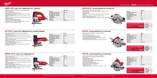 +
+
+
#MILWAUKEETOOL
167166
JSPE 135 | HEAVY DUTY PŘÍMOČARÁ PILA - ŽEHLIČKA
ºº Robustní a silná pila s horním madlem pro velmi rychlé řezání dřeva,
hliníku, oceli a dlaždic
ºº Motor s výkonem 750 W
ºº Přesné vedení plátku zajišťuje precizní řezy
ºº Patentovaný FIXTEC, rychlá výměna plátku bez použití klíče a rychlé
nastavení úkosu od 0° do 45°
ºº Elektronika, přednastavení otáček, měkký rozběh, konstantní rychlost při
zátěži
ºº Čtyřstupňové seřízení kyvného zdvihu pro zvýšený řezný výkon a delší
životnost pilového listu
ºº Stavitelné odsávání pilin dopředu i dozadu
ºº LED světlo - perfektní osvětlení oblasti řezání
ºº Standardní vybavení: 5 x plátek, ochrana proti otřepu, vak na piliny,
adapter k odsávání, kluzná patka, 4 m kabel
JS 120 X | HEAVY DUTY PŘÍMOČARÁ PILA S HORNÍM DRŽENÍM
ºº Štíhle tělo pily, optimalizovaná hmotnost, snadná ovladatelnost
ºº Motor s výkonem 710 W
ºº Patentovaný FIXTEC, rychlá výměna plátku bez použití klíče a rychlé
nastavení úkosu od 0° do 45°
ºº Elektronika, přednastavení otáček, měkký rozběh, konstantní rychlost při
zátěži
ºº Čtyřstupňové seřízení kyvného zdvihu pro zvýšený řezný výkon
ºº Vynikající výhled na místo řezu
ºº Integrovaný kovový blok, kovová část pro uložení všech ložisek a převodů,
dlouhá životnost a stabilita
ºº Antivibrační systém snižuje případné vibrace
ºº Integrovaný odsávací adapter
ºº Standardní vybavení: 5 x plátek, ochrana proti otřepu, vak na prach,
kluzná patka, 4 m kabel
FSPE 110 X | HEAVY DUTY PŘÍMOČARÁ PILA
ºº Velmi štíhlý kryt motoru pro dobré držení a pro dobrou viditelnost do řezu
ºº Motor s výkonem 710 W
ºº Precizní vedení plátku, přesný řez
ºº Patentovaný FIXTEC, rychlá výměna plátku bez použití klíče a rychlé
nastavení úkosu od 0° do 45°
ºº Elektronika, přednastavení otáček, měkký rozběh, konstantní rychlost při
zátěži
ºº Čtyřstupňové seřízení kyvného zdvihu pro zvýšený řezný výkon a delší
životnost pilového listu
ºº Stavitelné odsávání pilin dopředu i dozadu
ºº Odfukovač pilin a integrovaný adaptér na odsávání prachu pro čistou práci
a dobrou viditelnost do řezu
ºº Standardní vybavení: 5 x plátek, ochrana proti otřepu, vak na odsávání,
adapter odsávání, kluzná patka, 4 m kabel
SCS 65 Q | 190 MM OKRUŽNÍ PILA (65 MM DOC)
ºº Robustní motor 1900 W s velkou rezervou výkonu
ºº Vynikající vyvážení a komfort práce díky stavitelnému madlu „TILT-LOK“ s
povrchem soft grip
ºº Prořez do 65 mm
ºº Velkoplošná a snadno ovladatelná ovládací páka pro nastavení hloubky a
úhlu řezu
ºº Výborná viditelnost kotouče při řezání a vylepšené ovládání
ºº Robustní hliníková základová deska
ºº Standardní vybavení: kotouč 20 zubů, vodicí doraz, 4 m kabel QUIK-LOK
PILOVÝ KOTOUČ PRO OKRUŽNÍ PILU
24 zubů na kotouči s 2,4 mm šířkou záběru, 190 x 30 mm.
Objednací číslo 4932327969
CS 60 | 184 MM OKRUŽNÍ PILA (61 MM DOC)
ºº Motor s výkonem 1600 W a 5800 ot./min zajistí rychlé řezání
ºº Prořez do 61 mm
ºº 0 - 56° max. úkos aretace na 45°
ºº Rychlé nastavení úkosu pomocí páky s excentrem
ºº Integrované odsávání, čistá linie řezu, přesný řez
ºº Velká, ergonomická madla a ovládací páky pro zlepšení ovládání
ºº Výborné vedení pro přesné přímé řezy
ºº Standardní vybavení: kotouč 24 HM zubů, vodicí doraz, 4 m kabel
PILOVÝ KOTOUČ PRO OKRUŽNÍ PILU
24 zubů na pilovém kotouči s 1,8 mm šířkou záběru,
184 x 30 mm.
Objednací číslo 4932352327
CS 55 | 165 MM OKRUŽNÍ PILA (56 MM DOC)
ºº Kompaktní jednoruční okružní pila, snadné a rychlé řezání
ºº Motor s výkonem 1200 W a 6000 ot./min zajistí rychlé řezání
ºº Prořez až 56 mm
ºº Těžiště je optimálně položeno
ºº Profesionální slitinový stůl pily
ºº Elektronická brzda motoru zastaví kotouč během sekund
ºº Proud pilin jde mimo obsluhu
ºº Ergonomický softgrip, komfortní práce
ºº Snadný přístup k uhlíkům zkracuje dobu opravy
ºº Aretace vřetene, rychlá výměna kotouče
ºº Přesné řezy bez otřepu
ºº Standardní vybavení: kotouč 24 HM zubů, vodicí doraz, 4 m kabel
PILOVÝ KOTOUČ PRO OKRUŽNÍ PILU
24 zubů na pilovoum kotouči s 1,8 mm šířkou záběru,
165 x 30 mm.
Objednací číslo 4932399909
FSPE 110 X
Příkon (W) 710
Počet zdvihů bez zatížení (zd./min) 500 - 3000
Max. kapacita řezání - dřevo (mm) 120
Max. kapacita řezání - ocel (mm) 10
Max. kapacita řezání - hliník (mm) 30
Kapacita pokosu (°) 45
Délka zdvihu (mm) 26
Hmotnost (kg) 2.5
Dodávaný v kufr
Objednací číslo 4933357990
JS 120 X
Příkon (W) 710
Počet zdvihů bez zatížení (zd./min) 500 - 2800
Max. kapacita řezání - dřevo (mm) 120
Max. kapacita řezání - ocel (mm) 10
Max. kapacita řezání - hliník (mm) 30
Kapacita pokosu (°) 45
Délka zdvihu (mm) 26
Hmotnost (kg) 2.3
Dodávaný v kufr
Objednací číslo 4933381680
JSPE 135 TX
Příkon (W) 750
Počet zdvihů bez zatížení (zd./min) 800 - 3000
Max. kapacita řezání - dřevo (mm) 135
Max. kapacita řezání - ocel (mm) 10
Max. kapacita řezání - hliník (mm) 30
Kapacita pokosu (°) 45
Délka zdvihu (mm) 26
Hmotnost (kg) 2.5
Dodávaný v kufr
Objednací číslo 4933381230
CS 55
Příkon (W) 1200
Počet otáček bez zatížení (ot./min) 6000
Průměr kotouče (mm) 165
Max. hloubka řezání při 45˚ (mm) 37
Max. hloubka řezání při 90˚ (mm) 56
Průměr hřídele (mm) 30
Hmotnost (kg) 4.5
Dodávaný v −
Objednací číslo 4933403635
CS 60
Příkon (W) 1600
Počet otáček bez zatížení (ot./min) 5800
Průměr kotouče (mm) 184
Max. hloubka řezání při 45˚ (mm) 49
Max. hloubka řezání při 90˚ (mm) 61
Průměr hřídele (mm) 30
Hmotnost (kg) 4.8
Dodávaný v −
Objednací číslo 4933419225
SCS 65 Q
Příkon (W) 1900
Počet otáček bez zatížení (ot./min) 5800
Průměr kotouče (mm) 190
Max. hloubka řezání při 45˚ (mm) 52
Max. hloubka řezání při 90˚ (mm) 65
Průměr hřídele (mm) 30
Hmotnost (kg) 5.5
Dodávaný v kufr
Objednací číslo 638051
WWW.MILWAUKEETOOL.CZ
Další technické specifikace včetně údajů o hlučnosti a vibraci viz naši webovou stránku: www.milwaukeetool.cz Další technické specifikace včetně údajů o hlučnosti a vibraci viz naši webovou stránku: www.milwaukeetool.cz
 
