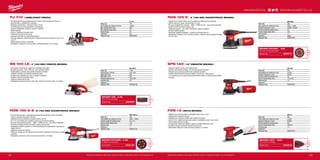 milwaukeetool.eu
#MILWAUKEETOOL
+
+ +
+
#MILWAUKEETOOL
169168
PJ 710 | LAMELOVACÍ FRÉZKA
ºº Profesionální fréza pro jednoduché, rychlé a čisté spojování dřeva na
ploché kolíky s perfektními výsledky
ºº Robustní konstrukce, výkonný motor 710 W
ºº Protiskluzové gumové podložky na základne
ºº Aretace hřídele pro snadnou výměnu nástroje
ºº ERGO spínač
ºº Doraz k nastavení hloubky řezu
ºº Frézovací kotouč se 6-ti zuby
ºº Hloubka frézování se šesti předvolbami
ºº Plynulé nastavení úhlu frézování se třemi aretovanými polohami 22,5°, 45°
a 67,5°
ºº Dobře čitelné značky a stupnice
ºº Standardní vybavení: vak na prach, odstraňovač pilin a 4 m kabel
BS 100 LE | 4˝ (100 MM) PÁSOVÁ BRUSKA
ºº Kompaktní konstrukce, ideální pro broušení při krajích
ºº Broušená plocha: 100 x 160 mm, pro rychlé broušení
ºº Nastavitelná rychlost pásu podle materiálu obrobku
ºº Ovládací kolečko pro přesné nastavení pásu
ºº Integrované odsávání do vaku či externí odsávání
ºº Snadná výměna brusného pásu
ºº Také pro stacionární práci
ºº Standardní vybavení: brusný pás 100 x 620 mm (zrnitost 100), 4 m kabel
BRUSNÝ PÁS - 5 KS
100 x 610 mm, 60 zrnitost
Objednací číslo 4932355067
ROS 150 E-2 | 6˝ (150 MM) EXCENTRICKÁ BRUSKA
ºº Excentrická bruska s nedostižnými brusnými vlastnostmi díky simultánní
rotaci a oscilaci brusného kotouče
ºº Redukční prevod efektívne využije výkonu 440 W
ºº 6,4 / 3,2 mm dráhy pro snadné vyjmutí a povrchovou úpravu
ºº Plynule nastavitelná rychlost - 4000 - 10000 ot./min - pro citlivé materiály
ºº Rychlá a snadná výměna brusného papíru (suchý zip)
ºº Vyjímatelný sáček na prach a možnost připojení ke standardní vysavačové
hadici 26 mm
ºº Utěsněný posuvný vypínač
ºº Přídavná rukojeť pro vyvážené a rovnoměrné rozložení hmotnosti po celém
obrobku
ºº Standardní vybavení: vak na prach, brusný talíř, 4 m kabel
BRUSNÍ KOTOUČE - 5 KS
Ø 150mm, 6 děr, 60 zrnitost
Objednací číslo 4932371591
ROS 125 E | 5˝ (125 MM) EXCENTRICKÁ BRUSKA
ºº Ideální pro broušení dřeva, kovů a plastů ve stíšněných prostorech
ºº 300 W výkonný motor, excentricita: 2,4 mm
ºº Plynule nastavitelná rychlost - 7000 - 12000 ot./min - pro citlivé materiály
ºº Snadná výměna brusiva (suchý zip)
ºº Odsávání prachu - až o 90% účinnejší s věčším pytlíkem
ºº Snadné čištění pytlíku
ºº Věstavení adaptér odsávání - vhodný pro hadice 36 mm
ºº Standardní vybavení: vak z textilu na prach, sada brusných papírů (zrnitost
60, 80, 120)
BRUSNÝ KOTOUČ - 5KS
Ø 125 mm, 8 otvorů, 60 zrnitost
Objednací číslo 4932367741
SPS 140 | 1/4˝ VIBRAČNÍ BRUSKA
ºº Výkonný 260 W motor pro trvalé použití
ºº Průměr oscilačního pohybu 1,6 mm pro jemné broušení
ºº Přípojka pro prachový pytlík nebo odsávací systém
ºº Systém připevňování brusných papírů:“suchý zip” nebo upnutí
ºº 4 m odolný gumový kabel poskytuje flexibilní práci a snadný pohyb kolem
obrobku
PDS 13 | DELTA BRUSKA
ºº Ideální pro jemné broušení a obrábění krajů, hran a rohů
ºº Integrované odsávání prachu
ºº Přípojka pro prachový pytlík nebo odsávací systém
ºº Zdvih 2 mm: ideální pro jemné broušení a obrábění krajů, hran a rohů
ºº Velmi lehká vibrační bruska
ºº Profesionální hliníková základní deska vyrobená tlakovým litím
ºº Rychlé a snadné uchycení brusiva (suchý zip)
ºº Standardní vybavení: sada brusných papírů, 4 m kabel
BRÚSNE LISTY - 10KS
100 x 147 mm, 60 zrnitost
Objednací číslo 4932355140
ROS 150 E-2
Příkon (W) 440
Počet otáček bez zatížení (ot./min) 4000 - 10,000
Průměr oscilačního pohybu (mm) 6.4 / 3.2
Rozměr brusné desky (mm) 150
Hmotnost (kg) 2.8
Dodávaný v −
Objednací číslo 4933431170
BS 100 LE
Příkon (W) 1150
Rychlost pásu (m/min) 230 - 400
Délka pásu (mm) 620
Šířka pásu (mm) 100
Broušená plocha (mm) 100 x 160
Hmotnost (kg) 5.3
Dodávaný v −
Objednací číslo 4933385150
PJ 710
Příkon (W) 710
Počet otáček bez zatížení (ot./min) 10,000
Max. průměr řezání (mm) 100
Max. hloubka řezání (mm) 19
Hmotnost (kg) 2.9
Dodávaný v kufr
Objednací číslo 4933378875
PDS 13
Příkon (W) 200
Počet otáček bez zatížení (ot./min) 13,000
Oscilační frekvence (1/min) 26,000
Průměr oscilačního pohybu (mm) 2.0
Rozměr brusné desky (mm) 100x147
Hmotnost (kg) 1.3
Dodávaný v −
Objednací číslo 4933391185
SPS 140
Příkon (W) 260
Počet otáček bez zatížení (ot./min) 14,700
Oscilační frekvence (1/min) 28,000
Průměr oscilačního pohybu (mm) 1.6
Rozměr brusné desky (mm) 113 x 105
Hmotnost (kg) 1.6
Dodávaný v −
Objednací číslo 4933447015
ROS 125E
Příkon (W) 300
Počet otáček bez zatížení (ot./min) 7000 - 12,000
Oscilační frekvence (1/min) 14,000 - 26,000
Průměr oscilačního pohybu (mm) 2.4
Rozměr brusné desky (mm) 125
Hmotnost (kg) 1.7
Dodávaný v Taška
Objednací číslo 4933433180
WWW.MILWAUKEETOOL.CZ
Další technické specifikace včetně údajů o hlučnosti a vibraci viz naši webovou stránku: www.milwaukeetool.cz Další technické specifikace včetně údajů o hlučnosti a vibraci viz naši webovou stránku: www.milwaukeetool.cz
 