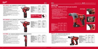 +
#MILWAUKEETOOL
1716
M12 BIW14 | M12™
KOMPAKTNÍ 1/4˝ RÁZOVÝ UTAHOVÁK
ºº Vysoce výkonný kompaktní utahovák Milwaukee®
o délce 152 mm je
ideální pro práci v těsných prostorech
ºº REDLINK™
ochrana proti přetížení chrání nářadí i akumulátor před
extrémním namáháním
ºº Výkonné celokovové převodové ústrojí a ozubená kola pro vynikající
odolnost a maximální točivý moment
ºº 1/2“ čtyřhran pro použití s nástrčnými klíči
ºº Optimalizovaná rukojeť pro lepší kontrolu a komfortní uchopení
ºº Individuální řízení jednotlivých článků optimalizuje odběr při provozu nářadí
a prodlužuje životnost
ºº Ukazatel stavu nabití a LED světlo-pro pohodlí uživatele v nejasných
prostorách
ºº REDLITHIUM-ION™
akumulátor poskytuje až 2x delší doba chodu, až o
20% více síly, až 2x delší životnost aku, lepší provoz i při teplotě -20 °C ve
srovnání s ostatní technologie Li-Ion
ºº Flexibilní akumulátorový systém - provoz s každým akumulátorem
Milwaukee®
M12™
SADA ZÁSTRČEK 1
⁄4˝ SHOCKWA-
VE IMPACT DUTY™
20 KS.
Objednací číslo 4932352862
M12 BIW38 | M12™
KOMPAKTNÍ 3
⁄8˝ RÁZOVÝ UTAHOVÁK
ºº Vysoce výkonný kompaktní utahovák Milwaukee®
o délce 165 mm je
ideální pro práci v těsných prostorech
ºº REDLINK™
ochrana proti přetížení chrání nářadí i akumulátor před
extrémním namáháním
ºº Výkonné celokovové převodové ústrojí a ozubená kola pro vynikající
odolnost a maximální točivý moment
ºº 3/8“ čtyřhran pro použití s nástrčnými klíči
ºº Optimalizovaná rukojeť pro lepší kontrolu a komfortní uchopení
ºº Individuální řízení jednotlivých článků optimalizuje odběr při provozu nářadí
a prodlužuje životnost
ºº Ukazatel stavu nabití a LED světlo-pro pohodlí uživatele v nejasných
prostorách
ºº REDLITHIUM-ION™
akumulátor poskytuje až 2x delší doba chodu, až o
20% více síly, až 2x delší životnost aku, lepší provoz i při teplotě -20 °C ve
srovnání s ostatní technologie Li-Ion
ºº Flexibilní akumulátorový systém - provoz s každým akumulátorem
Milwaukee®
M12™
C12 RAD | M12™
KOMPAKTNÍ JEDNORYCHLOSTNÍ PRAVOÚHLÁ VRTAČKA
ºº Vysoce výkonná kovová převodovka s převody pro největší trvanlivost a
točivý moment
ºº REDLINK™
ochrana proti přetížení chrání nářadí i akumulátor před
extrémním namáháním
ºº Variabilní rychlost-kovový spínač-pro lepší kontrolu během práce
ºº 10 mm skličidlo pro rychlé upnutí celého sortimentu příslušenství
ºº Štíhlé madlo s povrchem softgrip
ºº Individuální řízení jednotlivých článků optimalizuje odběr při provozu nářadí
a prodlužuje životnost
ºº Ukazatel stavu nabití a LED světlo-pro pohodlí uživatele v nejasných
prostorách
ºº REDLITHIUM-ION™
akumulátor poskytuje až 2x delší doba chodu, až o
20% více síly, až 2x delší životnost aku, lepší provoz i při teplotě -20 °C ve
srovnání s ostatní technologie Li-Ion
ºº Flexibilní aku systém - provoz s každým akumulátorem Milwaukee®
M12™
1/4˝ Hex sklíčidlo
M12 CH
M12 FUEL™
KOMPAKTNÍ SDS-PLUS KLADIVO
ºº První kompaktní bezuhlíkové 12 V kladivo - energie příklepu (EPTA):
1,1 J, počet příklepů: 0 -6575 př./min, počet otáček: 0-900 ot./min
ºº Výjimečně nízká hladina vibrací 4,4 m/s²
ºº Vyvrtá 60 děr s průměrem 6 mm na jedno nabití
ºº Vynikající poměr sily k hmotnosti ve vlastní tříde s motorem bez
uhlíků POWERSTATE™
od Milwaukee®
- až 3-krát delší životnost
motoru, až 2-krát delší doba chodu
ºº Inteligentní systém REDLINK PLUS™
- ochrana proti přetížení chrání
nářadí i akumulátor před extrémním namáháním
ºº REDLITHIUM-ION™
akumulátor poskytuje až 2x delší doba chodu, až
o 20% více síly, až 2x delší životnost aku, lepší provoz i při teplotě
-20 °C ve srovnání s ostatní technologie Li-Ion
ºº 2-funkce: vrtání s příklepem nebo bez příklepu pro max. všestran-
nost
ºº Optimalizované příklepové vrtání - 6-10 mm (max. 13 mm)
ºº 43 mm průměr upínacího krku - kompatibilní s M12 DE odsavačem
ºº Flexibilní akumulátorový systém - provoz s každým akumulátorem
Milwaukee®
M12™
REDLITHIUM-ION™
2-funkční SDS-plus kladivo
Výjimečně nízká hladina vibrace 4,4
m/s²
LED světlo
M12 H | M12™
KOMPAKTNÍ KLADIVO SDS-PLUS
ºº Kompaktní a lehká konstrukce je ideální pro použití v omezeném prostoru
ºº REDLINK™
ochrana proti přetížení chrání nářadí i akumulátor před
extrémním namáháním
ºº Kladivo tvaru L pro max. všestrannost
ºº Nízká hladina vibrací 6,7 m/s²
ºº Optimalizovaní vrtání až do 4 - 8 mm (max 13 mm)
ºº Individuální řízení jednotlivých článků optimalizuje odběr při provozu nářadí
a prodlužuje životnost
ºº Ukazatel stavu nabití a LED světlo-pro pohodlí uživatele v nejasných
prostorách
ºº REDLITHIUM-ION™
akumulátor poskytuje až 2x delší doba chodu, až o
20% více síly, až 2x delší životnost aku, lepší provoz i při teplotě -20 °C ve
srovnání s ostatní technologie Li-Ion
ºº Flexibilní akumulátorový systém - provoz s každým akumulátorem
Milwaukee®
M12™
C12 RAD-0 C12 RAD-202B
Kapacita aku (Ah) − 2.0
Počet dostupných akumulátorů 0 2
Nabíječka dodávano − 40 min
Počet otáček bez zatížení (ot./min) 0 - 800 0 - 800
Kapacita sklíčidla (mm) 10 10
Max. průměr vrtání do dřeva (mm) 22 22
Max. průměr vrtání do oceli (mm) 10 10
Max. moment (Nm) 12 12
Hmotnost vč. aku (kg) − 1.1
Dodávaný v − Taška
Objednací číslo 4933416900 4933441215
M12 BIW38-0 M12 BIW38-202C
Kapacita aku (Ah) − 2.0
Počet dostupných akumulátorů 0 2
Nabíječka dodávano − 40 min
Počet otáček bez zatížení (ot./min) 0 - 2500 0 - 2500
Upínání nářadí 3
⁄8˝ čtyřhran 3
⁄8˝ čtyřhran
Počet úderů (ú./min) 0 - 3300 0 - 3300
Max. moment (Nm) 135 135
Hmotnost vč. aku (kg) − 1.0
Dodávaný v − kufr
Objednací číslo 4933441985 4933441990
M12 BIW14-0 M12 BIW14-202C
Kapacita aku (Ah) − 2.0
Počet dostupných akumulátorů 0 2
Nabíječka dodávano − 40 min
Počet otáček bez zatížení (ot./min) 0 - 2500 0 - 2500
Upínání nářadí 1
⁄4˝ čtyřhran 1
⁄4˝ čtyřhran
Počet úderů (ú./min) 0 - 3300 0 - 3300
Max. moment (Nm) 50 50
Hmotnost vč. aku (kg) − 1.0
Dodávaný v − kufr
Objednací číslo 4933441980 4933441970
M12 H-0 M12 H-202C M12 H-402C
Kapacita aku (Ah) − 2.0 4.0
Počet dostupných akumulátorů 0 2 2
Nabíječka dodávano − 40 min 80 min
Upínání nářadí SDS-Plus SDS-Plus SDS-Plus
Energie příklepu (EPTA)(J) 0.9 0.9 0.9
Max. průměr vrtání do dřeva (mm) 10 10 10
Max. průměr vrtání do oceli (mm) 8 8 8
Max. průměr vrtání do betonu (mm)13 13 13
Vibrační vrtání (m/s² ) 6.7 6.7 6.7
Hmotnost vč. aku (kg) − 1.6 1.8
Dodávaný v − kufr kufr
Objednací číslo 4933431355 4933431340 4933441164
M12 CH-0 M12 CH-202C M12 CH-402C
Kapacita aku (Ah) − 2.0 4.0
Počet dostupných akumulátorů 0 2 2
Nabíječka dodávano − 40 min 80 min
Upínání nářadí SDS-Plus SDS-Plus SDS-Plus
Energie příklepu (EPTA)(J) 1.1 1.1 1.1
Max. průměr vrtání do dřeva (mm) 13 13 13
Max. průměr vrtání do oceli (mm) 10 10 10
Max. průměr vrtání do betonu (mm) 13 13 13
Vibrační vrtání (m/s² ) 4.4 4.4 4.4
Hmotnost vč. aku (kg) − 1.7 1.9
Dodávaný v − kufr kufr
Objednací číslo 4933441947 4933441997 4933441475
Další technické specifikace včetně údajů o hlučnosti a vibraci viz naši webovou stránku: www.milwaukeetool.czDalší technické specifikace včetně údajů o hlučnosti a vibraci viz naši webovou stránku: www.milwaukeetool.cz
WWW.MILWAUKEETOOL.CZ
 