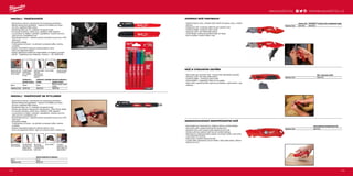 milwaukeetool.eu
#MILWAUKEETOOL
179
#MILWAUKEETOOL
179178
INKZALL™
ZNAČKOVAČE
ºº Zachovává si ostrost, nehoubovatí ani neustupuje pod tlakem
ºº Špička odolná proti opotřebení - akrylový hrot ideální pro drsné
povrchy, například OSB a beton
ºº Značkovač píše i po 72+ hodinách od sejmutí krytky
ºº Pro použití na betonu, dřevě, kovu, překližce, OSB, plastech
ºº Lze používat na vlhkém, mastném, zaprášeném, rezavém povrchu
nebo povrchu znečištěném sutí
ºº Rychlá doba schnutí - snížená možnost rozmazání na povrchu z PVC
nebo kovu
ºº Kompaktný design
ºº Tvrdá sponka na krytce - lze přichytit na stavební přílbu, kalhoty,
montérky
ºº Snadno otevíratelná krytka pro obsluhu jednou rukou
ºº Otvor pro připevnění šňůrky
ºº Design zabraňující kutálení pro lepší stabilitu na hladkých površích
ºº Stylus* - Objednávky jsou dodávány v kartonu = 36 x 48223100.
Rychlé schnutí: nižší
možnost rozmazání
na kovu a plastu
72x delší životnost:
značkovač píše i
po 72+ hodinách
bez víčka
Drážky pro uchopení
víčka: víčko
značkovače se dá
snadno sejmout i v
rukavicích
Klip na vrchnáku Akrylový hrot ideální
pro drsné povrchy
INKZALL™
ZNAČKOVAČ SE STYLUSEM
ºº Zachovává si ostrost, nehoubovatí ani neustupuje pod tlakem
ºº Špička odolná proti opotřebení - akrylový hrot ideální pro drsné
povrchy, například OSB a beton
ºº Značkovač píše i po 72+ hodinách od sejmutí krytky
ºº Vhodný pro zařízení s dotykovými obrazovkami - iPad, Phone, tablet,
ºº Pro použití na betonu, dřevě, kovu, překližce, OSB, plastech
ºº Lze používat na vlhkém, mastném, zaprášeném, rezavém povrchu
nebo povrchu znečištěném sutí
ºº Rychlá doba schnutí - snížená možnost rozmazání na povrchu z PVC
nebo kovu
ºº Kompaktný design
ºº Tvrdá sponka na krytce - lze přichytit na stavební přílbu, kalhoty,
montérky
ºº Snadno otevíratelná krytka pro obsluhu jednou rukou
ºº Otvor pro připevnění šňůrky, např. pro uchycení pera k zařízení pro
Rychlé zasychání -
méně rozmazávání
Pro použití s
rukavicemi na: iPad,
iPhone, tablety a jiné
dotykové telefony
Klip na vrchnákuVíko může být
snadno odstraněno i
v rukavicích pomocí
brázd na víku.
72x delší životnost,
začne psát i po 72+
hodinách když ho
necháme bez víčka
ZAVÍRACÍ NŮŽ FASTBACK™
ºº Otevření jednou rukou: uživatel může otevřít nůž jednou rukou, snadná
aktivace
ºº Integrovaný hák: umožňuje udělat řez bez otevření nože
ºº Výměnný plátek: výměna je velmi rychlá
ºº Odizoluje vodič, není třeba další nástroj
ºº Tenký design: nástroj se pohodlně vejde do kapsy
ºº Klip na opasek: snedné uložení nože
NŮŽ S VÝSUVNÝM OSTŘÍM
ºº Nůž se aktivuje vysunutím ostří - snižuje risiko náhodného poranění
ºº Odizoluje vodič, není třeba další nástroj
ºº Výměnný plátek - výměna je velmi rychlá
ºº Uložení plátků - magnetický držák na 5 ks plátků
ºº Heavy Duty: celokovové tělo s gumovým potahem, vyšší komfort, ruka
neklouže
SAMOZATAHOVACÍ BEZPEČNOSTNÍ NŮŽ
ºº Samozatahovací mechanismus: zatáhne ostří po uvolnění tlačítka
ºº Dvě polohy ostří umožňují kontrolovat hloubku řezu
ºº Zásobník ostří uvnitř rukojeti může obsahovat až 5 ostří
ºº Výměna ostří bez nástrojů: šetří čas při výměně nástrojů.
Mechanismus odšroubovatelný palcem umožňuje výměnu ostří rychle
a bez jakýchkoli nástrojů
ºº Heavy Duty: trvanlivé celokovové tělo
ºº Loupač drátů: Odstraňuje nutnost hledat v tašce další nástroj. Seřízne
drát do Ø 5 mm²
Samozatahovací bezpečnostní nůž
Objednací číslo 48221915
Nůž s výsuvným ostřím
Objednací číslo 48221910
WWW.MILWAUKEETOOL.CZ
Značkovač s
jemným hrotem
Značkovač s plochým
hrotem
Barevný značkovač s
jemným hrotem
Barva Čierny Černý
Modrý, červený, zelený
a černý
Objednací číslo 48223100 48223103 48223106
Jemný značkovač se stylusem
Barva Černý
Objednací číslo 48223101
Zavírací nůž FASTBACK™ Zavírací nůž so skladování čepelí
Objednací číslo 48221901 48221902
 