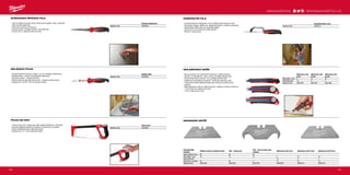 #MILWAUKEETOOL
181180
STROUHACÍ ŠPIČATÁ PILA
ºº 150 mm plátek na suché zdivo. Extra pevný plátek, mech. odolnost
větší než pila elektrická
ºº Vrstva pro ochranu proti korozi
ºº Gumový potah, zvyšuje komfort, ruka neklouže
ºº Vyřízne otvor, zvětší již vyříznutý otvor
SKLÁDACÍ PILKA
ºº Výměna pilových listů bez nářadí - až 10x rychlejší výměna listů.
ºº Skládací pilka - snazší a bezpečnější skladování.
ºº Gumová rukojeť - zvýšený komfort.
ºº Přijímá všechny Sawzall®
pilové listy - Zvýšená všestrannost.
ºº Dodává se s 18 TPi, 150 mm pilovým listem.
PILKA NA KOV
ºº Tvrdý kovový rám, podporuje vyšší napětí (25.000 psi / 250 liber).
ºº Rukojeť zajišťuje bezpečné uchopení a pohodlí pro uživatele.
ºº Interní úložiště listů pro další pilové listy.
ºº Dodává se s 12˝ / 24 Tpi pilovým listem.
KOMPAKTNÍ PILA
ºº Výměna listů bez nástroje pro 10x rychlejší změnu pilových listů.
ºº Kompaktní design, ideální pro všestranné řezání v úzkých prostorech.
ºº Nastavitelná délka listú pro snadnější štípání.
ºº Gumový kryt na rukojeť pro větší pohodlí.
ºº Přijme 12˝ pilové listy.
ODLAMOVACÍ NOŽE
ºº Kovový zámek* pro maximální trvanlivost a delší životnost
ºº Zámek s rychlozávitem*, který umožní rychlejší seřízení ostří
ºº Automatický kluzný zámek** pro rychlejší seřízení ostří
ºº Odlamovací přihrádková objímka** odlamuje segmenty ostří
ºº Tvarovaná rukojeť zajišťuje neklouzavý úchop a je odolná proti
acetonu
ºº Mikrokarbidové ostří pro delší životnost, zvýšenou ostrost a čistý řez
ºº * 18 mm/25 mm odlamovací nože
ºº **9 mm odlamovací nože
NÁHRADNÍ OSTŘÍ
Pílka na kov
Objednací číslo 48220050
Skládací pilka
Objednací číslo 48220305
Strouhací špičatá pila
Objednací číslo 48220304
Charakteristika
produktu
Užitkové nože pro všeobecné účely Ostrí – hákový nůž
Ostrí – nůž na karton zaok-
rouhlený
Odlamovací ostří 9 mm Odlamovací ostří 18 mm Odlamovací ostří 25 mm
Celková délka A (mm) 62 62 62 - - -
Šířka plátku (mm) 19 19 19 9 18 25
Počet bodů ostří - - - 13 8 7
Počet kusů / množství 50 50 5 10 10 10
Objednací číslo 48221950 48221952 48221934 48229109 48229118 48229125
Odlamovací nože
9 mm
Odlamovací nože
18 mm
Odlamovací nože
25 mm
Šířka plátku (mm) 9 18 25
Počet bodů ostří 13 8 7
Objednací číslo 48221960 48221961 48221962
Kompaktní pilka na kov
Objednací číslo 48220012
WWW.MILWAUKEETOOL.CZ
 