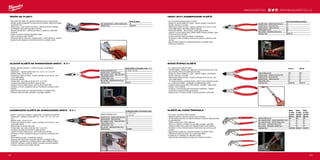 #MILWAUKEETOOL
183182
ŘEZÁK NA PLASTY
ºº Řezy PEX, PB, MDP, PE, plastové elektrické trubky, pneumatické
potrubí, plastové přepadové trubky, gumové hadice, silikonové hadice
až do Ø 25 mm
ºº Čelisti tvaru -V pro rychlé a rovné řezy, zabraňuje drcení materiálu
ºº Vyměnitelné ostří poskytuje delší životnost
ºº Robustní konstrukce – celokovová hlava a rukojeť pro maximální
životnost
ºº Drážky na hlavě umožňují odizolování spojů
ºº Hlava s ochranou proti rezivění
ºº Zafixování jednou rukou pro snadné použití / rychlé otevření a uzavření
ºº Ergonomická rukojeť pro maximální komfort a vynikající výkon
DLOUHÉ KLEŠTĚ SE SHRNOVAČEM DRÁTŮ - 6 V 1
ºº Kleště s dlouhými čelistmi – vhodné pro práci ve stísněných
prostorech
ºº Odizolování – kapacita odizolování: 0,5 – 0,75 / 1,5 / 2,5 mm²
ºº Střihání drátů – až do 2,8 mm
ºº Odhrotovací žebra na hlavě - trubka o průměru až do 25 mm, není
nutné další nářadí
ºº Vytahovač hřebíků
ºº Tvorba oček – pro dráty až do 6,6 mm² / ø 2,9 mm
ºº Vroubkované čelisti pro komfort a lepší kontrolu
ºº Laserem tvrzené odolné hrany, velmi tvrdé až do 64 HRC
ºº Vyrobeno z chrom vanadiové oceli pro trvanlivost s ochranou proti
rezivění
ºº Ergonomická rukojeť pro maximální komfort a vynikající výkon
ºº Ozubené čelisti pro lepší uchopení a vynikající ovládání.
KOMBINAČNÍ KLEŠTĚ SE SHRNOVAČEM DRÁTŮ - 6 V 1
ºº Kleště – vhodné pro ohýbání v nastavování v omezených prostorech
ºº Odizolování – kapacita odizolování: 0,5 – 0,75 / 1,0 / 1,5 / 2,5 / 4,0
mm²
ºº Střihání drátů – až do 2,5 mm
ºº Odhrotovací žebra na hlavě - trubka o průměru až do 25 mm, není
nutné další nářadí
ºº Řeže šrouby se závitem M3 a M4
ºº Tvorba oček – pro dráty až do 6,6 mm² / ø 2,9 mm
ºº Vroubkované čelisti pro komfort a lepší kontrolu
ºº Laserem tvrzené odolné hrany, velmi tvrdé až do 50 HRC
ºº Vyrobeno z chrom vanadiové oceli pro trvanlivost s ochranou proti
rezivění
ºº Štíhlé čelisti pro práci v omezených místech
ºº Ergonomická rukojeť pro maximální komfort a vynikající výkon
ºº Uzamykací mechanismus ovládaný jednou rukou. Nástroj zůstává
funkčním nástrojem, pokud je uložen v pouzdře, pokud je opatřen
pružinou a pokud se dá snadno otevírat
HEAVY DUTY KOMBINOVANÉ KLEŠTĚ
ºº Pro univerzální aplikace štípání a řezání
ºº Design pro široké spektrum využití – dlouhé rukojeti s maximálním
řezným výkonem a využitím
ºº Odhrotovací žebra na hlavě - trubka o průměru až do 25 mm, není
nutné další nářadí. Není třeba dalších nástrojů
ºº Vytahovač hřebíků – silný úchop a vysoký pákový efekt
ºº Laserem tvrzené odolné hrany. Řezání drátů, šroubů a hřebíků. Velmi
tvrdé hrany až do 64 HRC
ºº Zoubkované břity čelisti pro štípání a vytahování
ºº Vyrobeno z chrom vanadiové oceli pro trvanlivost s ochranou proti
rezivění
ºº Ergonomická rukojeť pro maximální komfort a vynikající výkon
ºº S lisovacím zařízením
BOČNÍ ŠTÍPACÍ KLEŠTĚ
ºº Pro všestranné použití při řezání
ºº Ochrana špičky – špičky jsou nastaveny do prostoru mimo zem, aby
byly chráněny břity proti poškození při pádu
ºº Design pro široké spektrum využití – dlouhé rukojeti s maximálním
řezným výkonem a využítím
ºº Odhrotovací žebra na hlavě - trubka o průměru až do 25 mm, není
nutné další nářadí
ºº 15° ofsetová hlavice umožňuje řezání v jené rovině, může být použita
pro vytahování hřebíků – snadnější a rychlejší páčení a tah
ºº Laserem kalené odolné břity. Extra odolné – 64 HRC - řezání drátů,
šroubů, vrutů a hřebíků
ºº Vyrobeno z kované legované oceli (chrom-vanadium) – nejlepší
trvanlivost a výborná ochrana proti korozi
ºº Ergonomické a trvanlivé rukojeti umožňují pohodlí a vydrží déle
KLEŠTĚ NA VODNÍ ČERPADLA
ºº Pro držení, uvolnění a držení obrobku
ºº Nastavení jednou rukou pro rychlé a silné uchopení
ºº Jemné polohy stupnice pro přesné nastavení uchopení. Méně prostojů
a vyšší efektivita
ºº Tlačítko aretace pro rychlé nastavení
ºº Čelisti s V-drážkou s profilem pro pevnější uchopení, přesnější
nasazení snížení rizika uklouznutí. Speciální kalení zubů 60 HRC
ºº Vyrobeno z chrom-niklové oceli pro trvanlivost a pro ochranu proti
rezivění
ºº Ergonomická rukojeť pro maximální komfort a vynikající výkon
ºº Odhrotovací žebra na hlavě, není nutné další nářadí
ºº K dispozici ve 3 délkách pro optimální využití
ºº Ergonomický úzký design pro přístup do zúžených prostorů
Kombinační kleště se shrnovačem drátů
Kapacita odizolování (mm² )
0.5 - 0.75 / 1.0 /
1.5 / 2.5 / 4.0
Kapacita řezání - středně tvrdý drát (mm) 2.5
Kapacita řezání - tvrdý drát (mm) 2.5
Max. kapacita řezání - kabel, drát (mm) 6.0
Celková délka A (mm) 190
Tloušťka čelisti (mm) 4
Max. průměr - odhrotovací hlava (mm) 25
Objednací číslo 48229069
Dlouhé kleště se shrnovačem drátů - 6 v 1
Kapacita odizolování (mm² ) 0.5 - 0.75 / 1.5 / 2.5
Kapacita řezání - tvrdý drát (mm) 2.5
Max. kapacita řezání - kabel, drát (mm) 6.0
Celková délka A (mm) 210
Tloušťka čelisti (mm) 13.5
Max. průměr - odhrotovací hlava (mm) 18
Objednací číslo 48226101
Řezák na plasty
Max. kapacita řezání - průměr troubky (mm) 25
Objednací číslo 48224202
Klešte
na vodní
čerpadla
200 mm
Klešte
na vodní
čerpadla
250 mm
Klešte
na vodní
čerpadla
300 mm
Celková délka A (mm) 200 250 300
Max. kapacita řezání - rozměr matice/klíče (mm) 30 36 50
Max. kapacita řezání - průměr troubky (mm) 32 42 60
Max. průměr - odhrotovací hlava (mm) 38 51 70
Max. průměr - odhrotovací rukojeť (mm) 25 25 25
Objednací číslo 48226208 48226210 48226212
160 mm 180 mm
Celková délka A (mm) 160 180
Kapacita řezání - středně tvrdý drát (mm) 2.5 3.0
Kapacita řezání - tvrdý drát (mm) 2.5 3.0
Kapacita řezání - měkký drát (mm) 4.0 4.0
Délka čelisti (mm) 22 26
Objednací číslo 48226106 48226107
Heavy duty kombinované klešte
Kapacita řezání - středně tvrdý drát (mm) 3.0
Kapacita řezání - tvrdý drát (mm) 3.0
Kapacita řezání - měkký drát (mm) 4.6
Celková délka A (mm) 250
Max. průměr - odhrotovací hlava (mm) 25
Objednací číslo 48226100
WWW.MILWAUKEETOOL.CZ
 