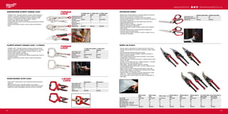 #MILWAUKEETOOL
185184
SAMOSVORNÉ KLEŠTĚ TORQUE LOCK™
ºº TORQUE LOCK™
: Rychlejší nastavení a snadné uvolnění při sevření
plochých i okrouhlých materiálů při svařování. Na šroub TORQUE
LOCK™
je možné působit dodatečnou silou pro lepší a pevnější
uchopení. Lze také použít pro účely zavěšení / ukládání.
ºº Tvrzené čelisti: větší síla stisku materiálu.
ºº Ochrana proti korozi: pochromování nástroje prodlužuje jeho životnost
omezením rezavění.
ºº Design kontrolovaného uvolnění: rychlé a snadné uvolnění jednou
rukou.
KLEŠTĚ UPÍNACÍ TORQUE LOCK™
, C-PROFIL
ºº TORQUE LOCK™
: Rychlejší nastavení a snadné uvolnění při sevření
plochých i okrouhlých materiálů. Na šroub TORQUE LOCK™
je možné
působit dodatečnou silou pro lepší a pevnější uchopení. Lze také
použít pro účely zavěšení / ukládání.
ºº Tvrzené čelisti: větší síla stisku materiálu.
ºº Ochrana proti korozi: pochromování nástroje prodlužuje jeho životnost
omezením rezavění.
ºº Design kontrolovaného uvolnění: rychlé a snadné uvolnění jednou
rukou.
RUČNÍ SVORKY STOP LOCK™
ºº STOP LOCK™
: Sevření jednou rukou. Maximální přídržná síla jedním
stisknutím
ºº Měkký tvarovaný úchop: maximální pohodlí a síla uchopení.
ºº Optimalizovaný design kontaktních destiček: bezpečnostní pohyblivé
destičky pro sevření nejrůznějších pracovních povrchů a materiálů.
TECHNICKÉ NŮŽKY
ºº Střižná hrana z karbidu železa pro maximální odolnost a trvanlivost.
Delší životnost ve srovnání s nerezovou ocelí
ºº Pochromované čepele pro maximální ochranu proti rezavění
ºº Celokovové jádro: konstrukce rukojetí z kovu na ochranu při pádech a
proti zlomení rukojeti silou
ºº Technologie pojistných šroubů chrání čepele před uvolněním k
zajištění přesného stříhání
ºº Velká oka čelistí pro používání v rukavicích
ºº Žlábek pro ukazovák pro větší pohodlí
ºº Laserové nabroušení a značky pravítka na čepeli umožní najednou
měřit a stříhat
ºº Technické ofsetové nůžky s mikrozoubkovanými čepelemi pro
maximální trvanlivost a lepší adhezi
ºº Technické ofsetové nůžky s vyhnutím o úhel 60° umožňují mít ruce
nad stříhaným materiálem
NŮŽKY NA PLECH
ºº Sloty pro palec a ukazováček pro zvýšené pohodlí a méně únavy.
Uživatel může vytvářet otvory do plechu s lehkostí a menším rizikem
zranění
ºº Vroubkované břity zabraňují sklouznutí při řezání
ºº Méně ruční námahy při řezání silnějších materiálů. Provedení se
složeným pákovým efektem
ºº Torzní pružina otevírá při řezání čelisti automaticky, což umožňuje
rychlejší řezání a méně únavy
ºº Chromované nože s ochranou proti korozi – zvýšená životnost. Extra
odolné – 65 HRC
ºº Vyrobeno z kované legované oceli – nejlepší trvanlivost – Cr M Steel
ºº Mechanismus pro uzamykání jednou rukou
ºº Štíhlý design – eliminace případů zaseknutí v materiálu
ºº Trojnásobná identifikace směru řezání – na hlavě, rukojeti a pomocí
barevně odlišené rukojeti
ºº Ergonomické a trvanlivé rukojeti umožňují pohodlí a vydrží déle
ºº Nůžky na plech aviation: pro krátké rovné a obloukové řezy. Ideální
pro řezy úzkým průměrem a pro zářezy.
ºº Offsetové nůžky: pro nepřetržité rovné nebo zakřivené řezy. Posun
drážky: 45 ° - drží ruku použítaveľa daleko od obrobku.
ºº Extra dlouhé nůžky na plech aviation: pro delší a rovnější střihy na
jeden záběr.
Ruční svorka 2˝ Ruční svorka 4˝
Celková délka A (mm) 200 240
Celková délka (inch) 8 91
⁄2
Rozměr čeliste (mm) 50 100
Počet kusů / množství v
balíku
12 12
Objednací číslo 48223022 48223024
11˝ kleště upínací-pohybli-
vé destičky
11˝ kleště upínací-
zahrocené
Celková délka A (mm) 280 280
Celková délka (inch) 11 11
Typ čelistí pohyblivé destičky zahrocené
Rozměr čeliste (mm) 100 90
Objednací číslo 48223521 48223531
10˝ TORQUE LOCK™
zakřivené
10˝ TORQUE LOCK™
ploché
6˝ TORQUE LOCK™
ploché dlouhé
Celková délka A (mm)250 250 150
Celková délka (inch) 10 10 6
Typ čelistí zakřivené ploché ploché dlouhé
Rozevření plochých
čelistí (mm)
- 30 61
Kapacita čelistí pro
potrubí (mm)
51 - -
Objednací číslo 48223420 48223510 48223406
Nůžky na plech -
přímé
Nůžky na plech -
pravé
Nůžky na plech - levé
Offsetové nůžky na
plech
Offsetové nůžky na
plech
Offsetové nůžky na
plech
Extra dlouhé nůžky na
plech aviation
Extra dlouhé nůžky na
plech aviation
Směr stříhání Přímé (žluté) Pravé (zelené) Levé (červené) Přímé (žluté) Pravé (zelené) Levé (červené) Přímé (žluté) Levé (ofsetové)
Celková délka A (mm) 260 260 260 260 260 260 310 290
Délka hrany (mm) 31 31 31 37 30 30 76 63
Max. kapacita řezání - hliník (mm) 1.0 1.0 1.0 1.0 1.0 1.0 1.0 1.0
Max. kapacita řezání - ocel (mm) 1.0 1.0 1.0 1.0 1.0 1.0 1.0 1.0
Max. kapacita řezání - nerezová ocel (mm) 0.6 0.6 0.6 0.6 0.6 0.6 0.6 0.6
Objednací číslo 48224030 48224020 48224010 48224032 48224022 48224012 48224037 48224038
Technické vyhnuté nůžky Technické rovné nůžky
Celková délka A (mm) 240 230
Délka pilového plátku (mm) 115 95
Objednací číslo 48224043 48224044
WWW.MILWAUKEETOOL.CZ
 