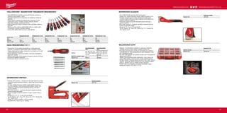 #MILWAUKEETOOL
187186
HOLLOWCORE™
MAGNETICKÉ TROUBKOVÉ ŠROUBOVÁKY
ºº HOLLOWCORE™
pro použití na neomezeně dlouhých šroubech a
závitových tyčích (patent v řízení).
ºº Magnetická přídržná hlava šroubováku pro bezpečné umístění při
upevnění
ºº ZCELA NOVÁ univerzální hlava šroubováku vhodná pro 4x více
upevňovacích prvků - 4hranné, 12hranné, 8hranné, 6hranné
ºº Odstraňuje zrezivělé a poškrábané šrouby.
ºº Barevné kódové ID značení umožňuje rychlou identifikaci nářadí na
pracovišti.
ºº Šestihranný dřík umožňuje použití dalšího klíče pro zvětšení páky
ºº Chromovaná vrstva pro maximální odolnost
ºº Kované dříky zajišťují delší životnost a vyšší odolnost
SADA ŠROUBOVÁKŮ 10 V 1
ºº Ergonomický 152 mm dlouhý šroubovák se 1
⁄4˝ šesti maticovým
pohonem, a vestavěným odizolovačem drátů a tvořítkem smyček.
ºº Odolná celková ráčna s velkým utahovacím momentejm pro 2x vyšší
rychlost utahování a kontrolu
ºº 88 mm dlouhé bity s upevňovací drážkou, které jsou kompatibilní s
elektrickým nářadím.
ºº Přesné tvrzené hroty bitů pro bezpečné nasazení a dlouhou životnost
ºº Revolverové ukládání a výběr bitů
ºº Chromované bity pro maximální odolnost
SPONKOVACÍ PISTOLE
ºº Přepínač režimu pohonu: – Vysoká hnací síla zaráží sponky do roviny
s povrchem zpracovávaného materiálu – Nízká hnací síla pro regulaci
zaražení
ºº 30° sklon zarážecí hrany pro snadné a úplné zarážení do roviny s
povrchem materiálu, i když je sponkovačka držena v určitém uhlu
ºº Integrovaný vytahovač sponek odstraňuje sponky vyčnívající z
povrchu materiálu
ºº Přímý úder na povrch: - Umožňuje uživatelům bezpečně aplikovat
sponky se zadní částí nářadí.
ºº Spona na opasek: snadno se zahákne na kapsu, opasek, tašku či
žebřík.
ºº SPonky 6 / 8 / 10 / 12 / 14 mm (10.6 mm široké)
ºº Typ 50 / Rapid č. 140 - Arrow T50 - Novus Typ 11 G - Tacwise Typ
140 - Stanley Typ G
ºº Hřebíky 12 / 16 mm (18 délka / 1.02 mm tloušťka)
ºº Arrow BN 1810 - Novus Typ J E - Stanley
SPONKOVACÍ KLADIVO
ºº Až 3 x delší životnost oproti hlavnímu konkurentovi.
ºº Zesílený rám, odolná konstrukce obstojí v pádové zkoušce ze 3 m
ºº Chráněný zásobník sponek chrání zásobník před poškozením,
umožňuje snadný přístup pro plnění a zajišťuje rychlé doplňování a
snadné uvolnění po zaseknutí
ºº Integrovaný vytahovač sponek odstraňuje sponky vyčnívající z
povrchu materiálu
ºº Přímý úder na povrch: - Umožňuje uživatelům bezpečně aplikovat
sponky se zadní částí nářadí
ºº Sponky 8 / 10 / 12 mm (10.6 mm široké)
ºº Typ 50 / Rapid č. 53 - Arrow T50 - Novus Typ 11 G - Tacwise Typ
140 - Stanley Typ G
SKLADOVACÍ KUFR
ºº Nádobky: 10 odnímatelných nádobek na organizaci stavebních
materiálů jako jsou šrouby, hřebíky, podložky, těsnění, atd.
ºº Plný přístup při stohování: nodobky je možné připnout k sobě pro
snadnější přepravu. Neomezený přístup ke všem nádobkám, i když
jsou naskládané na sobě
ºº Až o 20% větší kapacita: více úložného prostoru než v konkurenčních
skladovacích kufřících
ºº Těsnění chrání při povětrnostních podmínkách: voda / prach a rez
vnikne. Dělící závěsy z nerezové oceli a zámky chráněny před rzí
ºº Těsněné nádobky: Polykarbonátové nerozbitné víčko. Utěsní všechny
nádobky, zabrání aby obsahu proklouznout mezi nídobkami během
přepravy. Těsnění, i když jsou někteří nídobky odstraněny
ºº Posílení kraje: posiluje krabici a umožňuje ruční nářadí / vrtáku
skladování. Rozměry: 455 x 360 x 110 mm
Sponkovací pištole
Objednací číslo 48221010
SADA ŠROUBOVÁKŮ
10 V 1
SADA ŠROUBOVÁKŮ
10 V 1
Obsahuje
PH1 / PH2 / PZ1 / PZ2 /
TX15 / TX20 / štěrbina 0.8
x 5.5 mm.
Hex 1.5 mm / Hex 2 mm /
Hex 2.5 mm / Hex 3 mm
/ Hex 4 mm / Hex 5 mm /
Hex 6 mm
Počet kusů / množství v balíku 12 12
Objednací číslo 48222311 48229306
Šroubovák Hex 5mm Šroubovák Hex 5.5 mm Šroubovák Hex 6 mm Šroubovák Hex 7 mm Šroubovák Hex 8 mm Šroubovák Hex 10 mm Šroubovák Hex 13 mm
Rozměr (mm) 5 5.5 6 7 8 10 13
Závit M3 M3.5 M4 M5 M6 M8
Kód barvy Černá Hnědá Červená Oranžová Žlutá Modrá Oranžová
Objednací číslo 48222531 48222532 48222533 48222534 48222535 48222536 48222537
Skladovací kufr
Objednací množství 3
Objednací číslo 4932451416
Sponkovací kladivo
Objednací číslo 48221020
WWW.MILWAUKEETOOL.CZ
 