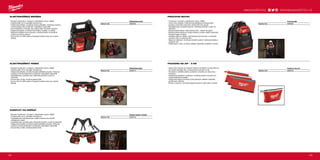 #MILWAUKEETOOL
189188
WWW.MILWAUKEETOOL.CZ
ELEKTRIKÁŘSKÝ PÁSEK
ºº Robustní konstrukce: vyrobená z balistického nylonu 1680D
ºº Dvojité prošití, až 4× pevnější nýtované švy.
ºº Integrovaná držadla: umožňují snadné přenášení pouzdra. Poskytují
snadnou možnost připevnění na běžných materiálech staveniště
ºº Vypolštářovaný, prodyšný pás: dokonalé pohodlí a využití na
staveništi.
ºº Kovové klipy na šle: umožňují připevnit šle.
ºº Kovový klip na měřicí pásmo: bezpečné uložení metru pro snadný
přístup.
KOMPLET NA NÁŘADÍ
ºº Robustní konstrukce: vyrobeno z balistického nylonu 1680D
ºº Dvojité prošití, až 4× pevnější nýtované švy.
ºº Vypolštářované čtyřbodové šle: rozdělí hmotnost pro pohodlí
celodenního nošení
ºº Vypolštářovaný, prodyšný pás: dokonalé pohodlí a využití na staveništi
ºº Integrovaná držadla: umožňují snadné přenášení pouzdra. Poskytují
snadnou možnost připevnění na běžných materiálech staveniště
ºº Kovové klipy na šle: umožňují připevnit šle.
POUZDRA NA ZIP - 3 KS
ºº Heavy Duty trvanlivý zip odolává hrubému zacházení na pracovišti a je
až dvakrát odolnější než u konkurenčních pouzder na zip
ºº Provedení z odolného plátna; prodyšné a trvanlivé po celou dobu
životnosti
ºº Voděodolná základna k postavení: umožňuje postavit pouzdro pro
snadné přehlédnutí obsahu
ºº Integrovaná kapsa umožňuje rychle přístupné ukládání nejčastěji
používaných nástrojů
ºº Poutko z popruhu: umožňuje připojit pouzdra k sobě nebo k brašně
PRACOVNÍ BATOH
ºº Trvanlivost: vyrobeno z balistického nylonu 1680D
ºº Tuhý a silný materiál. Tvrdá lisovaná základna umožňuje batoh
postavit a dokonale chrání jeho obsah před vlivy počasí
ºº Vypolštářované, prodyšné popruhy: dokonalé pohodlí a využití na
staveništi
ºº Sklopná přední kapsa: velké úložné místo – celkem 35 kapes
ºº Sklopná přední kapsa pro snadný přístup a uložení větších předmětů.
Postranní kapsa na láhev
ºº Vertikální stěna na nářadí: maximalizuje úložný prostor a současně
nechává místo na objemné věci
ºº Kapsa na notebook: umožňuje chráněné uložení notebooku/tabletu a
osobních věcí
ºº Vnější pásky s očky: umožňují ukládání předmětů zavěšením na klipy
ELEKTRIKÁŘSKÁ BRAŠNA
ºº Robustní konstrukce: vyrobená z balistického nylonu 1680D
ºº Dvojité prošití, až 4× pevnější nýtované švy.
ºº Integrované držadlo: umožňuje snadné přenášení. Poskytuje snadnou
možnost připevnění na běžných materiálech staveniště.
ºº Pevná základna: umožňuje, aby brašna stála i při plném naložení.
ºº Integrované pásky: umožňují nosit brašnu na pásku na nářadí.
ºº Středově umístěná kovová poutka: umožňují brašnu rovnoměrně
zavěsit na ramenní popruh.
ºº Kovový klip na měřicí pásmo: bezpečné uložení metru pro snadný
přístup.
Elektrikářská brašna
Objednací číslo 48228100
Elektrikářský pásek
Objednací číslo 48228110
Ramenní opasek s nářadím
Objednací číslo 48228120
Pracovní batoh
Objednací číslo 48228200
Pouzdra na zip-3 ks
Objednací číslo 48228193
 